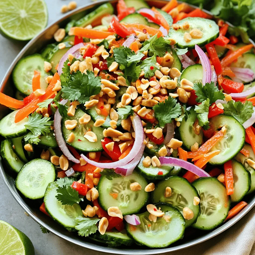 - 2 cups cucumbers, thinly sliced - 1 carrot, julienned - 1 red bell pepper, thinly sliced - 1/4 cup red onion, finely sliced - 1/4 cup fresh cilantro, chopped - 1/4 cup roasted peanuts, roughly chopped - 2 tablespoons lime juice - 1 tablespoon fish sauce (or soy sauce for a vegetarian option) - 1 tablespoon chili paste - 1 teaspoon sugar - Salt to taste To make the Spicy Thai Cucumber Salad, gather all these ingredients. Fresh cucumbers are the star here. They bring crunch and a cool taste. The carrot and red bell pepper add color and more crunch. Red onion gives a nice bite, while cilantro adds freshness. The dressing ties it all together. Lime juice brings a zesty tang. Fish sauce adds umami flavor, but soy sauce works too. Chili paste gives heat, so adjust it based on your taste. Sugar balances the flavors, and a pinch of salt enhances everything. Each serving of this salad is low in calories. It has about 120 calories, with 7 grams of fat and 12 grams of carbs. You get 3 grams of protein too. This salad is a great source of vitamins A and C. It also has potassium and magnesium, making it a healthy choice. For the full recipe, you can check out the complete instructions and tips. Enjoy this light and refreshing salad! To start, slice your cucumbers thin. I like to use a sharp knife for this. Thin slices make the salad crunchy and fresh. For the carrot, julienne it carefully. This means cutting it into long, thin strips. This helps it mix well with the cucumber. Blend the flavors before serving. This is crucial for a tasty salad. Letting it sit allows the veggies to soak up the dressing. You will love how the flavors come together. Whisk the dressing in a small bowl. Add lime juice, fish sauce or soy sauce, chili paste, sugar, and a pinch of salt. Make sure to mix well until it is smooth. If you want more heat, add extra chili paste. Adjust it to your spice level. Now, it’s time to mix the salad. Toss the cucumber, carrot, red bell pepper, and onion gently. This keeps the vegetables from getting mushy. Once they are mixed, add the cilantro and peanuts. Toss it again gently. Let the salad rest for 10 to 15 minutes. This resting time helps the flavors meld together. Taste it before serving. You can adjust with more salt or lime juice if needed. Enjoy this refreshing dish! For the full recipe, check here: [Full Recipe]. To make a great spicy Thai cucumber salad, start with fresh ingredients. Here are some tips: - Cucumbers: Choose firm, shiny cucumbers. Look for ones with no soft spots or wrinkles. English cucumbers work well for their thin skin and fewer seeds. - Carrots: Select bright orange carrots. They should feel crisp and have a smooth surface. - Bell Peppers: Pick bell peppers that are heavy for their size. They should have a vibrant color and firm skin. For easy preparation, use these kitchen tools: - Sharp Knife: A good knife makes slicing easier and safer. - Cutting Board: A sturdy cutting board helps keep your workspace tidy. - Mixing Bowl: Use a large bowl to mix the salad without spilling. You can elevate the flavor of your salad. Consider adding these herbs and spices: - Mint: Fresh mint adds a cool touch. - Thai Basil: This herb brings a unique flavor twist. - Chili Flakes: If you want more heat, sprinkle some chili flakes on top. For protein, try these options: - Grilled Chicken: Sliced grilled chicken adds heartiness. - Shrimp: Cooked shrimp adds a nice seafood flavor. These simple additions can make your salad even more delicious. For the full recipe, check out the [Full Recipe]. {{image_2}} For a vegetarian or vegan twist, you can easily swap out the fish sauce. Use soy sauce or tamari to keep it flavorful. Both options provide a rich umami taste. You can also add tofu. Firm tofu works best. Simply cube it and toss it into the salad for extra protein. This makes the dish heartier without losing its freshness. You can change up the veggies based on what’s in season. In summer, add some ripe tomatoes or radishes for a crunch. During fall, thinly sliced apples can add a sweet touch. You can even mix in fruits like mango. The sweetness of mango pairs well with the spicy dressing. This adds a fun twist to your salad. If you like heat, adjust the chili paste in the recipe. Start with a small amount and taste as you go. You can also try different types of chili sauces. Sriracha or sambal oelek can add a unique flavor. For less heat, use sweet chili sauce instead. This way, you can make the salad just right for your taste buds. Feel free to explore these variations to keep your salad exciting. Each change can bring a new flavor and experience to your table. For the full recipe, check out the details provided earlier. To keep your Spicy Thai Cucumber Salad fresh, use an airtight container. Glass or plastic containers work well. This salad stays good in the fridge for about 2 days. After that, the veggies may get too soft. You don’t need to heat this salad. Serve it cold for the best taste. If you make it ahead of time, stir it gently before serving. This will help mix the flavors again. When making portions, store the dressing separately. This way, the salad stays crisp and tasty! For the full recipe, check the recipe card. You can use soy sauce or tamari instead of fish sauce. Both give a salty taste. Tamari is a great choice for gluten-free diets. These options keep the flavor rich while being vegetarian-friendly. Yes, you can make this salad a few hours before serving. Just add the dressing right before you eat. This keeps the veggies crunchy and fresh. If you store it too long, the salad may become soggy. The spice level depends on how much chili paste you use. If you like it mild, start with a small amount. You can always add more later. This way, you control the heat. This salad pairs well with grilled meats or fish. It also complements rice dishes nicely. Try serving it with spring rolls for a fun meal. The salad adds a fresh crunch to any plate. You can buy roasted peanuts at most grocery stores. Look in the snack aisle or the bulk section. If you prefer, you can roast raw peanuts at home. Just toss them in a pan over low heat until golden. This blog post covered key ingredients, preparation steps, and tips for making a fresh salad. You learned about nutritional values and how to adjust flavors. With variations for different diets and seasons, there's something for everyone. Storing and reheating tips ensure your salad stays fresh. Try making this salad your own. Experiment with flavors and enjoy the process. Your healthy eating journey can be fun and tasty!