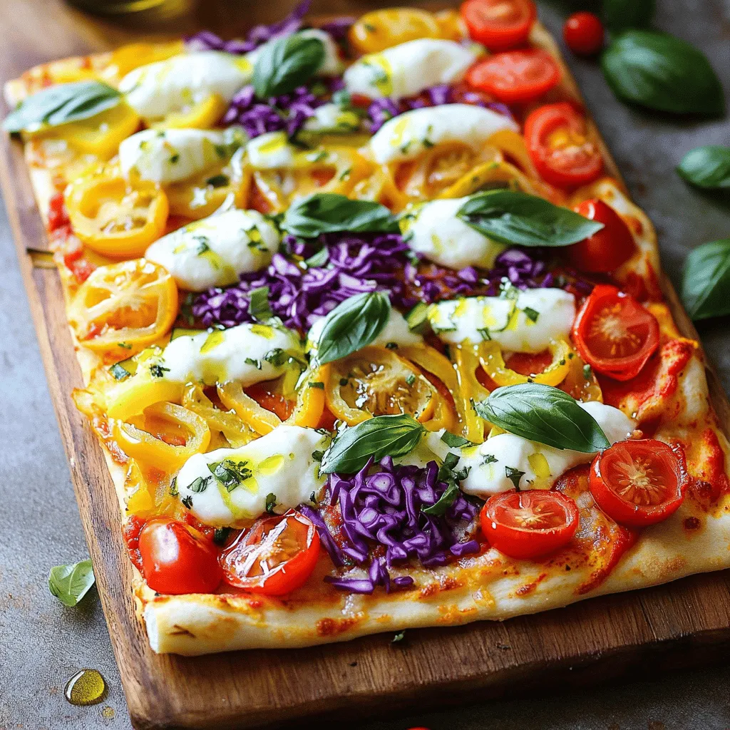 To make the perfect Rainbow Veggie Pizza, you need some key ingredients. Here’s what you’ll need: - 1 pre-made pizza crust (store-bought or homemade) - 1/2 cup pizza sauce - 1 cup shredded mozzarella cheese - 1/2 cup red bell pepper, diced - 1/2 cup yellow bell pepper, diced - 1/2 cup green zucchini, thinly sliced - 1/2 cup purple cabbage, shredded - 1/2 cup cherry tomatoes, halved - 1/4 cup black olives, sliced - 1 teaspoon dried oregano - 1 teaspoon garlic powder - Olive oil for drizzling - Fresh basil leaves for garnish These ingredients make your pizza colorful and tasty. Each veggie adds a unique flavor and a pop of color! While the basic ingredients are great, you can add more toppings for fun. Here are some ideas: - Fresh arugula for a peppery kick - Artichoke hearts for a tangy twist - Feta cheese for a salty contrast - Sliced mushrooms for an earthy taste - Crushed red pepper for some heat Feel free to mix and match to find your favorite combo. Each topping can change the taste and look of your pizza. Rainbow Veggie Pizza is not just pretty; it’s healthy too! Here’s a quick look at what’s good about it: - Vitamins: The colorful veggies pack vitamins A, C, and K. - Fiber: The vegetables provide dietary fiber, which helps digestion. - Calcium: Mozzarella cheese gives you calcium for strong bones. - Low Calories: This pizza can be low in calories, especially with more veggies. This pizza is a fun way to eat healthy. You get a balanced meal with lots of flavors. Check the Full Recipe for more details on how to make this delicious dish! Start by preheating your oven to 475°F (245°C). This high heat helps the crust get crispy. If you use a pre-made crust, roll it out on a floured surface. Make sure it fits your baking sheet. If you want to make your own crust, check the Full Recipe for tips. Once rolled out, place it on your baking sheet or pizza stone. Spread 1/2 cup of pizza sauce evenly over the crust. Cover it completely to avoid any dry spots. Next, sprinkle 1 cup of shredded mozzarella cheese on top. Make sure the cheese covers the sauce well. This step adds creaminess and flavor. Now comes the fun part! Start with 1/2 cup of diced red bell pepper. Place it in a line, then add 1/2 cup of diced yellow bell pepper right next to it. Continue with 1/2 cup of thinly sliced green zucchini, 1/2 cup of shredded purple cabbage, 1/2 cup of halved cherry tomatoes, and finish with 1/4 cup of sliced black olives. Try to spread out the colors well. This will create a beautiful rainbow. Sprinkle 1 teaspoon of dried oregano and 1 teaspoon of garlic powder over the top. Drizzle a little olive oil to help it crisp up in the oven. I love using fresh veggies for this pizza. They add great taste and bright colors. Here are my top picks: - Red bell pepper - Yellow bell pepper - Green zucchini - Purple cabbage - Cherry tomatoes - Black olives These vegetables not only look amazing but also bring unique flavors. Red bell peppers add sweetness, while purple cabbage gives crunch. Mix and match to create your rainbow! A crispy crust makes your pizza perfect. Here are some tips: - Use a pre-made pizza crust or make your own. - Preheat your oven to 475°F (245°C). - Roll out the dough thin. Thinner crusts crisp better. - Bake on a pizza stone or a hot baking sheet. Drizzle some olive oil on top before baking. This helps it brown nicely. Keep an eye on it; you want it golden, not burnt! Serve your Rainbow Veggie Pizza on a wooden board. Cut it into fun shapes or triangles. Here are some tasty pairings: - A fresh garden salad with lemon dressing. - A light, fruity drink like iced tea. - A sprinkle of chili flakes for a kick. These sides will enhance your meal and make it feel special. Enjoy sharing this colorful delight with friends and family! {{image_2}} You can easily make this rainbow veggie pizza gluten-free. Just use a gluten-free pizza crust. Many brands offer tasty options in stores. If you want it vegan, skip the mozzarella. Instead, try vegan cheese or even a cashew cream. Both choices melt well and add great taste. This way, everyone can enjoy the pizza. The sauce can change the whole vibe of your pizza. You can use classic pizza sauce, but why stop there? Try pesto for a fresh twist or barbecue sauce for a smoky flavor. A creamy white sauce can also work well. Just pick one that fits your taste. With different sauces, every pizza can be a new adventure. Seasonal veggies add freshness and flavor. In spring, load up on asparagus and peas. For summer, use fresh tomatoes and corn. Fall calls for roasted squash and Brussels sprouts. In winter, consider hearty greens and root veggies. Each season gives you a chance to change the pizza. This keeps your meals exciting and colorful! For the full recipe, check out the complete guide above. To keep your rainbow veggie pizza fresh, follow these steps: - Place leftover slices in an airtight container. - If you don’t have a container, wrap slices in plastic wrap. - Store the pizza in the fridge. It will stay fresh for 3-4 days. Reheating pizza can be tricky. Here’s how to do it: - Preheat your oven to 350°F (175°C). - Place pizza slices on a baking sheet. - Bake for about 10 minutes. This warms the pizza and keeps the crust crispy. - For a quicker method, use a skillet on low heat. Cover it with a lid for a few minutes. Freezing pizza can help you save it for later. Here are the steps: - Let the pizza cool completely before freezing. - Wrap each slice in plastic wrap or aluminum foil. - Place wrapped slices in a freezer bag. - Label the bag with the date. Pizza can be frozen for up to 2 months. - To reheat frozen pizza, first thaw it in the fridge overnight. Then, use the oven to warm it up. Enjoy your rainbow veggie pizza even after the first serving! To make a pizza crust from scratch, mix flour, yeast, salt, and water. Knead the dough until smooth. Let it rise for about an hour. Once it has doubled in size, roll it out on a floured surface. Shape it to fit your baking sheet. You can also add herbs for extra flavor. This crust will be fresh and tasty. Yes, you can use frozen vegetables. They are quick and easy. Just thaw them before using. Pat them dry to remove extra moisture. This helps keep your pizza from getting soggy. While fresh veggies are vibrant, frozen ones still add great taste. To cut the pizza, use a sharp pizza cutter or a knife. Start by slicing it into quarters. Then, cut each quarter into smaller pieces. This gives you fun, bite-sized slices. For a unique touch, try cutting it into different shapes! This blog post covered how to make a tasty rainbow veggie pizza. I shared essential ingredients, step-by-step instructions, and helpful tips. We explored different variations, storage methods, and answered common questions. Making rainbow veggie pizza can be fun and healthy. Check your fridge for colorful veggies and get creative! Enjoy this pizza to see what flavors you can create.