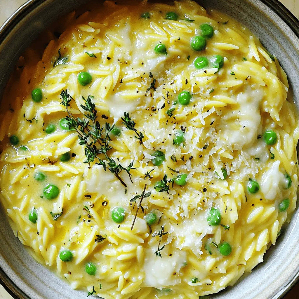 - 1 cup orzo pasta - 4 cups vegetable broth - 1 tablespoon olive oil - 3 cloves garlic, minced - 1 cup heavy cream - 1 cup grated Parmesan cheese - 1/2 cup frozen peas - 1 teaspoon fresh thyme (or 1/2 teaspoon dried thyme) - Salt and pepper to taste - Fresh parsley, chopped (for garnish) - Alternatives for orzo pasta: You can use rice or quinoa. Both work well and add unique flavor. - Dairy-free options: Substitute heavy cream with coconut cream or nut milk. Use nutritional yeast for a cheesy flavor. - Fresh herbs vs. dried herbs: Fresh herbs add bright taste. Dried herbs are more concentrated, so use less. Cooking is all about flexibility. Tailor this dish to fit your needs! For the full recipe, check the section above. 1. Start by heating the vegetable broth. Pour it into a large saucepan. Set the heat to medium. Wait until it simmers. This takes about 5 minutes. 2. Once the broth is hot, add the orzo. Stir it gently. Cook for 8 to 10 minutes. Make sure to stir often. The orzo should be al dente, or firm to the bite. 1. In a separate skillet, heat the olive oil over medium heat. After a minute, add the minced garlic. Sauté it for 1 to 2 minutes. You want it fragrant, not brown. 2. When the orzo is ready, check for excess broth. If there is any, drain it. Transfer the orzo into the skillet with the garlic. Mix them together well. 3. Next, pour in the heavy cream. Stir until it blends smoothly. Let the mixture simmer for 2 to 3 minutes. This will thicken it slightly. 4. Gradually add the grated Parmesan cheese. Stir continuously. This helps it melt into the dish. 1. Add the frozen peas and thyme. Cook for another 2 to 3 minutes. You want the peas heated through. 2. Season with salt and pepper to taste. Mix everything well. 3. Once done, remove from heat. Let it rest for a couple of minutes. This helps the dish thicken even more. For the full recipe, check out the details above. Enjoy your creamy, flavorful orzo! To make the best creamy garlic Parmesan orzo, focus on two key areas: consistency and cooking time. - Achieving the right consistency: The sauce should be rich and creamy, not runny. Start by adding the heavy cream slowly. Stir as you add the cheese until it melts completely. Let it simmer a bit to thicken. You want a nice, smooth texture that coats the orzo well. - Avoiding overcooking the orzo: Orzo cooks quickly, so keep a close eye on it. Aim for al dente, which means it should still have a little bite. This helps it hold up in the creamy sauce. If you overcook it, the orzo can become mushy and lose its shape. How you serve your dish can make it even more appealing. Here are some easy tips: - Simple garnishing techniques: A sprinkle of fresh parsley adds color and freshness. You can also add more grated Parmesan on top for a cheesy finish. If you like a bit of crunch, drizzle a little olive oil for shine. - Serving suggestions for added flavor: Serve the orzo in a large bowl for family-style dining or on individual plates for a fancy touch. Pair it with grilled chicken or roasted veggies for a complete meal. You can even add a side salad for extra freshness. For the complete recipe, check the Full Recipe section above. Enjoy your cooking! {{image_2}} You can upgrade Creamy Garlic Parmesan Orzo with different proteins. Chicken, shrimp, or tofu work great. Simply cook your choice separately and mix it in at the end. This adds flavor and makes the dish heartier. You can also add vegetables for extra nutrition. Spinach, broccoli, or bell peppers are excellent options. Just sauté them with the garlic for a few minutes. They add color and health benefits to your meal. If you want to make a vegan version, swap the heavy cream and Parmesan cheese. Use coconut cream and nutritional yeast instead. These changes keep the dish creamy and tasty. For a gluten-free option, choose gluten-free orzo. Many brands now offer this type of pasta. Just follow the same cooking steps. Your dish will still be rich and flavorful. For the full recipe, check the [Full Recipe]. To keep your creamy garlic Parmesan orzo fresh, use an airtight container. Glass or BPA-free plastic containers work best. Store it in the fridge if you plan to eat it within three days. If you want to save it for longer, freezing is a great option. Just make sure to let it cool before you freeze it. When reheating, the safest methods are using the microwave or the stove. To keep it creamy, add a splash of broth or cream while reheating. Stir well to combine and avoid any lumps. Heat it slowly on low heat, stirring often. This will help maintain its rich texture. Enjoy your delicious dish again without losing its charm! Can I make this recipe ahead of time? Yes, you can prepare Creamy Garlic Parmesan Orzo ahead of time. Cook it fully and store it in the fridge. This dish tastes great even after a day. Just reheat it gently on the stove or in the microwave. What can I serve with Creamy Garlic Parmesan Orzo? You can pair this dish with many options. Grilled chicken or shrimp adds protein. A fresh salad or steamed veggies adds color and nutrition. Garlic bread is also a great choice! How long does Creamy Garlic Parmesan Orzo last in the fridge? Creamy Garlic Parmesan Orzo lasts about three to four days in the fridge. Store it in an airtight container to keep it fresh. Always check for any signs of spoilage before eating. Is orzo pasta healthy? Orzo pasta can be a healthy choice. It is made from durum wheat, which provides carbs for energy. Pair it with veggies and lean proteins to create a balanced meal. Be mindful of portion sizes to keep it healthy. Can I use other types of pasta? Yes, you can use other types of pasta. Small shapes like elbows or shells work well. Just adjust the cooking time based on the pasta you choose. How do I make it less creamy? To make it less creamy, reduce the amount of heavy cream. You can replace it with more broth or use a lighter milk. Adding extra veggies can also help balance the creaminess while enhancing flavor. Creamy Garlic Parmesan Orzo is a simple, tasty dish. You learned about the key ingredients and how to replace them. I shared clear steps for cooking and tips for perfecting the texture. You can make it your own with different flavors and dietary options. Store leftovers well and reheat properly to keep it creamy. Enjoy making this dish and impress your friends and family with your skills!