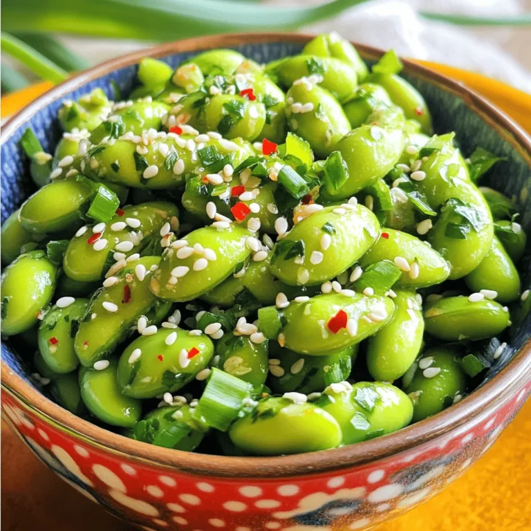 - 2 cups edamame (in pods), fresh or frozen - 4 cloves garlic, minced - 3 tablespoons olive oil - 2 tablespoons soy sauce - 1 tablespoon sesame oil - 1-2 teaspoons red pepper flakes (adjust for spice level) - 1 tablespoon sesame seeds (optional for garnish) - Chopped green onions for garnish - Skillet - Cooking pot or steamer - Measuring spoons When I make Spicy Garlic Edamame, I always start with fresh or frozen edamame. Edamame is packed with protein and tastes great. I love using garlic for its rich flavor. Olive oil adds a nice touch and helps everything cook evenly. Soy sauce gives a savory kick that ties it all together. For an extra layer of flavor, I sometimes use sesame oil. It adds a nutty taste that makes the dish shine. If you want some heat, red pepper flakes are perfect. Just add more or less based on your taste. For garnishes, I sprinkle sesame seeds and chopped green onions. They make the dish look nice and add crunch. To prepare this dish, you'll need a skillet to sauté and a pot or steamer to cook the edamame. Measuring spoons help keep everything precise. These tools make cooking easier and more fun. For the full recipe, check out the [Full Recipe]. To start, you must choose between fresh or frozen edamame. If you use frozen, cook them as the package shows. If you pick fresh, steam or boil them for about 5-7 minutes. The pods should turn bright green and tender. Once cooked, be sure to drain them well. This step is important. Draining removes excess water and keeps your dish from becoming soggy. Set the drained edamame aside. Next, heat a large skillet over medium heat. Pour in the olive oil and let it warm up. After a minute, add the minced garlic. Cook the garlic for 1-2 minutes. You want it to be fragrant but not browned. If it browns, it will taste bitter. This garlic will add a rich flavor to your dish. Now, it’s time to spice things up! Sprinkle in the red pepper flakes and stir for about 30 seconds. This will release their heat. After that, add the cooked edamame into the skillet. Toss them well to coat with the garlic and oil. Next, drizzle soy sauce and sesame oil over the edamame. Toss everything together for 2-3 minutes. This allows all the flavors to mix. If you need to, season with salt to taste. Finally, serve your spicy garlic edamame in a bowl. Garnish with sesame seeds and chopped green onions. Enjoy this tasty snack or appetizer. For the full recipe, check the complete instructions above. To make your spicy garlic edamame just right, adjust the red pepper flakes. Start with one teaspoon for a bit of heat. If you like it spicy, add more. You can also use fresh chili peppers or chili oil. These can give a fresh taste and heat. If you need a milder flavor, skip the red pepper flakes. Instead, try adding a bit of honey or sugar. This can balance the garlic and soy sauce. You can also use mild chili powder for less heat. To store leftovers, let the edamame cool first. Place it in a sealed container. You can keep it in the fridge for up to three days. When you want to eat it again, reheat it in a skillet. Heat on medium for about five minutes. Stir it well so it warms evenly. You can also use a microwave. Heat for about 30 seconds, checking often, so it doesn’t overcook. For a great look, serve your edamame in a bright bowl. A colorful dish makes the food pop. You can also sprinkle extra sesame seeds and green onions on top. This adds more color and texture. Consider serving edamame with chopsticks. It makes for a fun eating experience. You can pair it with a small dish of soy sauce for dipping. This adds a nice touch, making it feel special. The [Full Recipe] will guide you in making this tasty snack. {{image_2}} You can make spicy garlic edamame even better. One way is to add citrus zest or juice. A squeeze of lemon or lime gives a fresh taste. It brightens the dish and balances the spice. You can also mix in other vegetables. Try bell peppers or carrots for added crunch and color. These small changes make the dish more exciting! If you need gluten-free options, swap soy sauce for tamari. Tamari has the same great flavor without gluten. For vegan adjustments, ensure your ingredients are plant-based. Most of the ingredients in this recipe are already vegan. This way, everyone can enjoy this tasty snack! Grilling edamame is a fun way to add smoky flavor. Simply toss the pods on the grill for a few minutes. It gives a unique twist to the dish. If you want a lighter option, avoid oil. Instead, steam or boil the edamame, then toss them in the garlic mix. This keeps them healthy yet delicious. Edamame is a powerhouse of nutrition. First, it has a high protein content. One cup of edamame gives you about 17 grams of protein. This makes it a great snack for those who want to build muscle or stay full longer. Next, edamame is rich in vitamins and minerals. It contains vitamin K, which helps with blood clotting. It also has folate, which is important for cell function. You’ll find potassium, magnesium, and iron in edamame too. These nutrients support heart health and keep your bones strong. Each serving of spicy garlic edamame has around 150 calories. This makes it a guilt-free snack. If you modify the recipe, like using less oil, the calorie count goes down. For example, you can cut the olive oil to two tablespoons. This keeps it tasty while reducing calories. Store-bought edamame snacks may seem easy, but they often lack freshness. Homemade is better for nutrition. You control the ingredients and avoid preservatives. Plus, homemade spicy garlic edamame is often cheaper. You can buy a bag of frozen edamame for less than a dollar. In contrast, store-bought snacks can cost three times as much. Making your own is not only tasty but also budget-friendly. For the full recipe, check the Spicy Garlic Edamame section at the beginning. You can cook edamame in several ways. If you use frozen edamame, follow the package instructions. For fresh edamame, steam or boil them for 5-7 minutes. They should look bright green and feel tender. Make sure to drain them well after cooking. This step helps keep them from getting soggy. Yes, you can prepare Spicy Garlic Edamame in advance. Cook the edamame and let it cool. Store it in the fridge for up to two days. When you are ready to eat, simply heat it up in a skillet. Add the garlic and seasonings again to refresh the flavors. This method saves time and still tastes great. To make more Spicy Garlic Edamame, just double or triple the ingredients. If you want to serve eight people, use 4 cups of edamame and adjust the oil and seasonings. Just remember to keep the same cooking time. This way, everyone can enjoy this tasty snack. Spicy Garlic Edamame is a healthy choice. Edamame is high in protein and fiber. It also contains vitamins and minerals like iron and calcium. Using olive oil adds healthy fats. However, watch the salt and soy sauce for sodium. Overall, it’s a nutritious snack that fits well in many diets. This guide covered all you need for Spicy Garlic Edamame. You learned about key ingredients, tools, and step-by-step cooking. I also shared tips for adjusting spice levels and creative presentations. Consider trying the variations to keep it fresh and fun. Edamame is not only tasty but also packed with nutrients. It makes a great healthy snack. Cooking can be easy, and this dish proves it! Enjoy your culinary journey with this recipe.