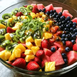 - Fresh strawberries - Sweet watermelon - Juicy pineapple - Plump blueberries - Ripe kiwis - Quality honey - Freshly squeezed lime juice - Fresh mint leaves - Lime wedges When I make Honey Lime Fruit Salad, I choose my fruits carefully. The mix is key. I love fresh strawberries for their sweetness. They add a bright red color to the dish. Sweet watermelon is another must-have. Its juicy texture refreshes every bite. Juicy pineapple brings a tropical twist. It adds a zing that I can’t resist. Plump blueberries pack a punch of flavor. Their deep blue hue makes the salad pop. Lastly, ripe kiwis offer a soft, tangy bite. Their green flesh contrasts beautifully with the other fruits. For the honey and lime dressing, I always use quality honey. It sweetens the salad just right. I squeeze fresh limes for the juice. This gives the dressing a bright, tangy flavor. The mix of honey and lime is simple yet delicious. Sometimes, I like to add optional garnishes. Fresh mint leaves bring a lovely aroma. They also add a nice green touch. Lime wedges are great too. They look pretty and can be squeezed for extra flavor. You can find the full recipe in this article. It guides you through making this delightful dish! Start with fresh fruits. First, hull and slice 2 cups of strawberries. Next, cube 2 cups of watermelon and 1 cup of pineapple. Then, peel and slice 2 kiwis. Finally, rinse 1 cup of blueberries. Gather all the fruits in a large mixing bowl. This mix gives a colorful look and fresh taste. In a small bowl, whisk together ¼ cup of honey and the juice of 2 limes. Make sure the honey blends well with the lime juice. This creates a sweet and tangy dressing that enhances the fruit flavors. The right consistency should be smooth, not too thick or thin. Now, drizzle the honey-lime mixture over the fruits in the bowl. Gently toss everything together. You want each piece of fruit to get coated. Next, sprinkle 1 tablespoon of finely chopped mint leaves on top. Give it a light toss to mix in the mint. Cover the bowl with plastic wrap and refrigerate for at least 30 minutes. This helps the flavors meld together. Serve chilled, and enjoy the refreshing bursts of flavor! For the full recipe, check out the Honey Lime Fruit Salad section. When you choose fruits, look for ones that are ripe and in season. Ripe fruits taste better and have more juice. Check for bright colors and firm texture. For strawberries, pick ones that are bright red and fragrant. Watermelon should feel heavy and have a uniform shape. Pineapples should have a sweet smell at the base. Blueberries should be plump and firm, while kiwis need to be slightly soft to the touch. To keep fruits fresh, store them in the fridge. Keep them dry and in a breathable container. This helps them last longer. Avoid washing fruits until you are ready to eat them. You can add more flavor to your fruit salad with a few extra ingredients. Consider adding a sprinkle of cinnamon for warmth or a dash of vanilla for sweetness. Both can make your dish pop. If your fruits taste a bit bitter, a pinch of salt can help balance the flavors. Salt brings out sweetness and cuts bitterness. Honey lime fruit salad pairs well with many dishes. Serve it alongside grilled chicken or fish for a light meal. It also works great as a refreshing side at picnics or barbecues. You can even serve it on a bed of yogurt for breakfast. Get creative with how you serve it. Use a large glass bowl to show off the colors. Garnish with mint leaves and lime wedges for a fresh touch. For a fun twist, consider using individual cups for each guest. This makes it easy to grab and enjoy. For the full recipe, check out the detailed instructions above and enjoy! {{image_2}} You can add a tropical vibe to your Honey Lime Fruit Salad. Try adding mango or papaya for extra sweetness. These fruits give the salad a nice, juicy texture. You can also incorporate coconut flakes. They add a fun crunch and a hint of tropical flavor. This twist makes the salad even more refreshing. Another option is to create a berry medley. You can use a mix of raspberries, blackberries, and strawberries. Each berry adds its unique flavor. You can also substitute if you want. For instance, if you don't have blueberries, try using sliced strawberries instead. This way, you can keep the salad fresh and tasty. Mixing in oranges or grapefruit can take your salad to the next level. These fruits bring a bright and zesty flavor. You can also adjust the dressing to match the citrus. Add more lime juice if you like it tangier. This blend makes the salad lively and perfect for hot days. For the full recipe, check out the Full Recipe section. After you make your Honey Lime Fruit Salad, store it in a tight container. This helps keep it fresh. I recommend using a glass bowl with a lid. This way, the flavors stay vibrant! If you have leftovers, eat them within three days for the best taste. Keep the salad in the fridge until you are ready to serve. To maintain fruit freshness, avoid letting it sit out too long. Heat and air can make fruits spoil faster. If you notice any extra juice forming at the bottom of the bowl, drain it off. This keeps the salad from getting soggy. You can freeze some fruits, but not the whole salad. Fruits like watermelon and strawberries become mushy when thawed. Instead, freeze fruits like blueberries and pineapple. Lay them flat on a tray to freeze them first. Once frozen, put them in a zip-lock bag. To thaw, just leave them in the fridge overnight. This keeps them fresh and tasty. When you are ready to serve, mix the thawed fruits with the honey-lime dressing for a quick treat. In the fridge, Honey Lime Fruit Salad lasts about three days. However, the fruits start to lose their crunch after a day. Check for signs of spoilage like dark spots or a mushy texture. If you see these, it's best to throw it away. Always trust your senses; if it smells off, do not eat it. For the full recipe, check out the earlier section. Enjoy your fresh and tasty fruit salad! Yes, you can make Honey Lime Fruit Salad in advance. It tastes great after chilling. To keep it fresh, follow these best practices: - Mix the fruits just before serving. - Combine the honey and lime dressing separately. - Store the fruits in an airtight container. - Add the dressing and mint just before serving. This helps the fruit stay firm and colorful. Some fruits do not hold well in salads. You should avoid: - Bananas, as they brown quickly. - Apples, which can get mushy. - Melons, if cut too far in advance. These fruits can change the salad's look and taste. To make this dish vegan, replace honey. Here are some substitution ideas: - Use agave syrup for a similar sweetness. - Maple syrup adds a unique flavor. - Try date syrup for a richer taste. These options keep the salad delicious and plant-based! This fruit salad combines fresh, vibrant ingredients for a delicious dish. I shared tips for selecting ripe fruits and making a zesty honey-lime dressing. Remember, you can add your favorite blend of fruits or garnishes to make it unique. Store leftovers properly to keep them fresh. Whether you enjoy it right away or prep it in advance, this salad is a delightful treat. Explore variations to match your tastes and impress friends. Enjoy this refreshing dish any time!