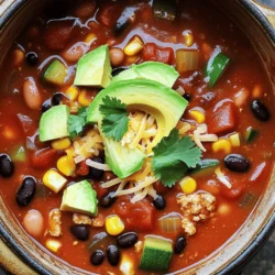 For my Veggie Loaded Turkey Chili, I use simple and healthy ingredients. Here’s what you need: - 1 lb ground turkey - 1 can (15 oz) black beans, drained and rinsed - 1 can (15 oz) kidney beans, drained and rinsed - 1 can (28 oz) diced tomatoes with green chilies - 1 medium onion, diced - 2 cloves garlic, minced - 1 bell pepper (red or yellow), diced - 1 zucchini, diced - 1 cup corn (fresh, frozen, or canned) - 2 tablespoons chili powder - 1 teaspoon cumin - 1 teaspoon smoked paprika - Salt and black pepper to taste - 2 tablespoons olive oil - Fresh cilantro, chopped (for garnish) - Avocado slices (for serving) - Shredded cheese (optional, for serving) I love how each ingredient adds its own flavor and nutrition to the chili. If you don’t have all the ingredients, don’t worry! You can make easy swaps. - Ground turkey can be replaced with ground chicken or beef. - Use any beans you have on hand, like pinto or chickpeas. - If you don’t like zucchini, try bell peppers or carrots instead. - You can skip the cheese or use a dairy-free option for a lighter meal. These changes can make the dish your own while keeping it tasty and healthy. This dish packs a punch in nutrition. Each serving has: - Calories: Around 300 - Protein: 30g - Carbs: 40g - Fiber: 12g - Fat: 10g The beans and veggies provide fiber and vitamins. Turkey adds lean protein, making this chili filling and nutritious. It’s a great way to enjoy a hearty meal without guilt. For the full recipe, check the link above. To start, gather your ingredients. You will need ground turkey, beans, tomatoes, and veggies. Here’s a quick list: - 1 lb ground turkey - 1 can (15 oz) black beans, drained and rinsed - 1 can (15 oz) kidney beans, drained and rinsed - 1 can (28 oz) diced tomatoes with green chilies - 1 medium onion, diced - 2 cloves garlic, minced - 1 bell pepper (red or yellow), diced - 1 zucchini, diced - 1 cup corn (fresh, frozen, or canned) - 2 tablespoons chili powder - 1 teaspoon cumin - 1 teaspoon smoked paprika - Salt and black pepper to taste - 2 tablespoons olive oil - Fresh cilantro, chopped (for garnish) - Avocado slices (for serving) - Shredded cheese (optional, for serving) Before cooking, chop the onion, bell pepper, zucchini, and garlic. This makes it easy to add them right when you need them. First, heat the olive oil in a large pot over medium heat. Add the diced onion and garlic. Sauté for about 3-4 minutes until the onion looks soft and fragrant. Next, add the ground turkey. Season it with salt, pepper, chili powder, cumin, and smoked paprika. Cook this mix until the turkey is browned, about 5-7 minutes. Now, stir in the bell pepper, zucchini, and corn. Sauté these veggies for another 5 minutes until they start to soften. Then, pour in the diced tomatoes with their juices. Add the black beans and kidney beans. Stir everything well and bring it to a simmer. Once it simmers, reduce the heat to low. Cover the pot and let it cook for at least 30 minutes. Stir occasionally to keep it from sticking. This step helps all the flavors blend together. After 30 minutes, taste your chili. Adjust the seasoning if needed by adding more salt, pepper, or spices. To make your chili stand out, use fresh herbs like cilantro for garnish. It adds a nice touch! You can also serve it with creamy avocado slices on top. If you want a cheesy bite, sprinkle some shredded cheese just before serving. For extra flavor, try adding a splash of lime juice or a few chopped jalapeños. Adjust the spice level to fit your taste. Enjoy this veggie loaded turkey chili hot, and watch everyone love it! Don't forget to check the Full Recipe for more details. To make your veggie loaded turkey chili burst with flavor, start by sautéing your onions and garlic first. This step creates a rich base for your dish. Use medium heat so you don’t burn the garlic. Once the onions turn translucent, add the ground turkey. Season it well with salt, pepper, chili powder, cumin, and smoked paprika. This mix of spices adds depth and warmth. Next, don’t rush when adding your veggies. Stir in the bell pepper, zucchini, and corn after the turkey is browned. Let them cook until they start to soften, about five minutes. This technique allows the flavors to blend and really pop. Finally, simmer the chili for at least 30 minutes. This waiting time helps all the flavors mix together beautifully. A great chili deserves tasty toppings! I love using fresh cilantro for a burst of color and flavor. Avocado slices add creaminess and a cool contrast to the spice. If you enjoy cheese, sprinkle some shredded cheese on top. It melts nicely and adds richness. Serve the chili in bowls and let everyone add their garnishes. You can even pair it with crusty bread or tortilla chips for a fun crunch. If you like your chili spicy, boost the heat by adding more chili powder or fresh chopped jalapeños. For a milder dish, use less chili powder and remove the seeds from any peppers. You can also add a bit of sugar or honey to balance the spice. Remember to taste as you go! Adjusting the spices along the way ensures the chili matches your taste perfectly. For the full recipe, check out the details above and enjoy making this warm, delicious dish! {{image_2}} You can easily make this chili vegetarian or vegan. Start by swapping the ground turkey for a plant-based meat, like lentils or mushrooms. Both options give a hearty texture. Use vegetable broth instead of meat broth for added flavor. You can also add more beans or a variety of beans for protein. Replace the cheese with avocado or a dairy-free cheese for a creamy topping. If you love heat, add jalapeños or cayenne pepper to your mix. For a smoky taste, try adding some chipotle in adobo sauce. You can also play with different spices. Try adding oregano for depth or a dash of cinnamon for warmth. Don’t forget to taste as you go. Adjust the spices until it feels just right for you. Feel free to switch out veggies based on what you have. If you don't like zucchini, try carrots or sweet potatoes. You can also add leafy greens like spinach or kale for extra nutrition. For low-carb options, skip the corn and use cauliflower rice instead. Make it your own by using what you love and what fits your diet. For the full recipe, check the recipe section above. After enjoying your veggie loaded turkey chili, let it cool down. Transfer the chili to an airtight container. Store it in the fridge for up to four days. This helps keep the flavors fresh. Make sure to label the container with the date. This way, you know when to use it. If you want to save it for later, freezing works great. Put the cooled chili in a freezer-safe container. Leave some space at the top. As the chili freezes, it will expand. You can freeze it for up to three months. When you're ready to eat, just thaw it in the fridge overnight. Reheating is easy. For the stovetop, pour the chili into a pot. Heat it over medium heat. Stir often until it's hot. If you prefer the microwave, use a microwave-safe bowl. Heat it in short bursts, stirring in between. This makes sure it warms evenly. If the chili seems thick, add a splash of water or broth. This helps keep it nice and soupy. Enjoy your warm, tasty meal! For the full recipe, check the details above. To make turkey chili healthy, start with lean ground turkey. This cuts down fat while keeping protein high. Add lots of veggies like bell peppers, zucchini, and corn. They boost fiber and nutrients. Use low-sodium beans and tomatoes to lower salt. You can also skip cheese or use a small amount. For a fresh taste, add herbs like cilantro. These tips keep your chili tasty and nutritious. Yes, you can use a slow cooker for this dish. Start by browning the turkey in a pan. This adds more flavor. Then, put the turkey and other ingredients in the slow cooker. Set it on low for 6-8 hours or high for 3-4 hours. This method lets the flavors blend well. You’ll end up with a rich, hearty chili that tastes great. You can keep turkey chili in the fridge for about 3-4 days. Make sure to store it in an airtight container. This keeps it fresh and safe to eat. If you want to keep it longer, consider freezing it. Turkey chili freezes well and can last for up to 3 months. Just thaw it in the fridge before reheating. You can enjoy it again without losing taste. In this blog post, we explored the full journey of making turkey chili. We covered essential ingredients, preparation steps, and cooking methods. You learned tips to enhance flavor and adjust spice levels too. With variations for different diets and storage info, you now have all the tools you need. Keep experimenting with flavors and techniques. Enjoy your cooking, and share your tasty dishes with others!