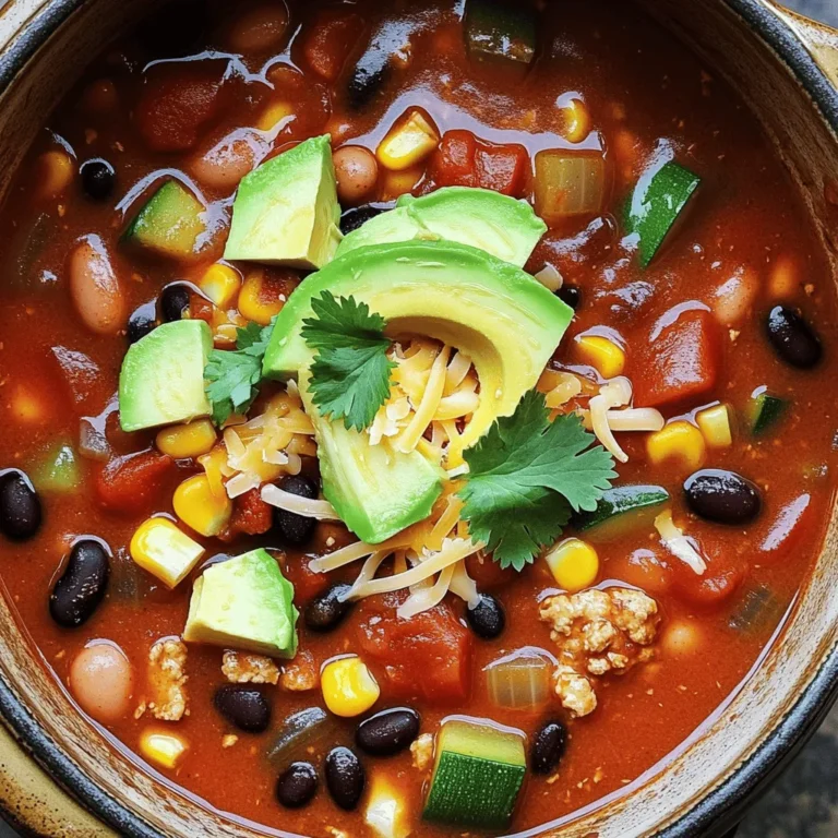 For my Veggie Loaded Turkey Chili, I use simple and healthy ingredients. Here’s what you need: - 1 lb ground turkey - 1 can (15 oz) black beans, drained and rinsed - 1 can (15 oz) kidney beans, drained and rinsed - 1 can (28 oz) diced tomatoes with green chilies - 1 medium onion, diced - 2 cloves garlic, minced - 1 bell pepper (red or yellow), diced - 1 zucchini, diced - 1 cup corn (fresh, frozen, or canned) - 2 tablespoons chili powder - 1 teaspoon cumin - 1 teaspoon smoked paprika - Salt and black pepper to taste - 2 tablespoons olive oil - Fresh cilantro, chopped (for garnish) - Avocado slices (for serving) - Shredded cheese (optional, for serving) I love how each ingredient adds its own flavor and nutrition to the chili. If you don’t have all the ingredients, don’t worry! You can make easy swaps. - Ground turkey can be replaced with ground chicken or beef. - Use any beans you have on hand, like pinto or chickpeas. - If you don’t like zucchini, try bell peppers or carrots instead. - You can skip the cheese or use a dairy-free option for a lighter meal. These changes can make the dish your own while keeping it tasty and healthy. This dish packs a punch in nutrition. Each serving has: - Calories: Around 300 - Protein: 30g - Carbs: 40g - Fiber: 12g - Fat: 10g The beans and veggies provide fiber and vitamins. Turkey adds lean protein, making this chili filling and nutritious. It’s a great way to enjoy a hearty meal without guilt. For the full recipe, check the link above. To start, gather your ingredients. You will need ground turkey, beans, tomatoes, and veggies. Here’s a quick list: - 1 lb ground turkey - 1 can (15 oz) black beans, drained and rinsed - 1 can (15 oz) kidney beans, drained and rinsed - 1 can (28 oz) diced tomatoes with green chilies - 1 medium onion, diced - 2 cloves garlic, minced - 1 bell pepper (red or yellow), diced - 1 zucchini, diced - 1 cup corn (fresh, frozen, or canned) - 2 tablespoons chili powder - 1 teaspoon cumin - 1 teaspoon smoked paprika - Salt and black pepper to taste - 2 tablespoons olive oil - Fresh cilantro, chopped (for garnish) - Avocado slices (for serving) - Shredded cheese (optional, for serving) Before cooking, chop the onion, bell pepper, zucchini, and garlic. This makes it easy to add them right when you need them. First, heat the olive oil in a large pot over medium heat. Add the diced onion and garlic. Sauté for about 3-4 minutes until the onion looks soft and fragrant. Next, add the ground turkey. Season it with salt, pepper, chili powder, cumin, and smoked paprika. Cook this mix until the turkey is browned, about 5-7 minutes. Now, stir in the bell pepper, zucchini, and corn. Sauté these veggies for another 5 minutes until they start to soften. Then, pour in the diced tomatoes with their juices. Add the black beans and kidney beans. Stir everything well and bring it to a simmer. Once it simmers, reduce the heat to low. Cover the pot and let it cook for at least 30 minutes. Stir occasionally to keep it from sticking. This step helps all the flavors blend together. After 30 minutes, taste your chili. Adjust the seasoning if needed by adding more salt, pepper, or spices. To make your chili stand out, use fresh herbs like cilantro for garnish. It adds a nice touch! You can also serve it with creamy avocado slices on top. If you want a cheesy bite, sprinkle some shredded cheese just before serving. For extra flavor, try adding a splash of lime juice or a few chopped jalapeños. Adjust the spice level to fit your taste. Enjoy this veggie loaded turkey chili hot, and watch everyone love it! Don't forget to check the Full Recipe for more details. To make your veggie loaded turkey chili burst with flavor, start by sautéing your onions and garlic first. This step creates a rich base for your dish. Use medium heat so you don’t burn the garlic. Once the onions turn translucent, add the ground turkey. Season it well with salt, pepper, chili powder, cumin, and smoked paprika. This mix of spices adds depth and warmth. Next, don’t rush when adding your veggies. Stir in the bell pepper, zucchini, and corn after the turkey is browned. Let them cook until they start to soften, about five minutes. This technique allows the flavors to blend and really pop. Finally, simmer the chili for at least 30 minutes. This waiting time helps all the flavors mix together beautifully. A great chili deserves tasty toppings! I love using fresh cilantro for a burst of color and flavor. Avocado slices add creaminess and a cool contrast to the spice. If you enjoy cheese, sprinkle some shredded cheese on top. It melts nicely and adds richness. Serve the chili in bowls and let everyone add their garnishes. You can even pair it with crusty bread or tortilla chips for a fun crunch. If you like your chili spicy, boost the heat by adding more chili powder or fresh chopped jalapeños. For a milder dish, use less chili powder and remove the seeds from any peppers. You can also add a bit of sugar or honey to balance the spice. Remember to taste as you go! Adjusting the spices along the way ensures the chili matches your taste perfectly. For the full recipe, check out the details above and enjoy making this warm, delicious dish! {{image_2}} You can easily make this chili vegetarian or vegan. Start by swapping the ground turkey for a plant-based meat, like lentils or mushrooms. Both options give a hearty texture. Use vegetable broth instead of meat broth for added flavor. You can also add more beans or a variety of beans for protein. Replace the cheese with avocado or a dairy-free cheese for a creamy topping. If you love heat, add jalapeños or cayenne pepper to your mix. For a smoky taste, try adding some chipotle in adobo sauce. You can also play with different spices. Try adding oregano for depth or a dash of cinnamon for warmth. Don’t forget to taste as you go. Adjust the spices until it feels just right for you. Feel free to switch out veggies based on what you have. If you don't like zucchini, try carrots or sweet potatoes. You can also add leafy greens like spinach or kale for extra nutrition. For low-carb options, skip the corn and use cauliflower rice instead. Make it your own by using what you love and what fits your diet. For the full recipe, check the recipe section above. After enjoying your veggie loaded turkey chili, let it cool down. Transfer the chili to an airtight container. Store it in the fridge for up to four days. This helps keep the flavors fresh. Make sure to label the container with the date. This way, you know when to use it. If you want to save it for later, freezing works great. Put the cooled chili in a freezer-safe container. Leave some space at the top. As the chili freezes, it will expand. You can freeze it for up to three months. When you're ready to eat, just thaw it in the fridge overnight. Reheating is easy. For the stovetop, pour the chili into a pot. Heat it over medium heat. Stir often until it's hot. If you prefer the microwave, use a microwave-safe bowl. Heat it in short bursts, stirring in between. This makes sure it warms evenly. If the chili seems thick, add a splash of water or broth. This helps keep it nice and soupy. Enjoy your warm, tasty meal! For the full recipe, check the details above. To make turkey chili healthy, start with lean ground turkey. This cuts down fat while keeping protein high. Add lots of veggies like bell peppers, zucchini, and corn. They boost fiber and nutrients. Use low-sodium beans and tomatoes to lower salt. You can also skip cheese or use a small amount. For a fresh taste, add herbs like cilantro. These tips keep your chili tasty and nutritious. Yes, you can use a slow cooker for this dish. Start by browning the turkey in a pan. This adds more flavor. Then, put the turkey and other ingredients in the slow cooker. Set it on low for 6-8 hours or high for 3-4 hours. This method lets the flavors blend well. You’ll end up with a rich, hearty chili that tastes great. You can keep turkey chili in the fridge for about 3-4 days. Make sure to store it in an airtight container. This keeps it fresh and safe to eat. If you want to keep it longer, consider freezing it. Turkey chili freezes well and can last for up to 3 months. Just thaw it in the fridge before reheating. You can enjoy it again without losing taste. In this blog post, we explored the full journey of making turkey chili. We covered essential ingredients, preparation steps, and cooking methods. You learned tips to enhance flavor and adjust spice levels too. With variations for different diets and storage info, you now have all the tools you need. Keep experimenting with flavors and techniques. Enjoy your cooking, and share your tasty dishes with others!
