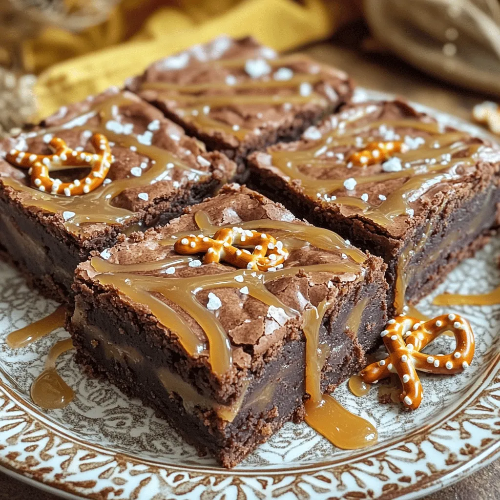- 1 cup unsalted butter (2 sticks) - 2 cups granulated sugar - 4 large eggs - 1 teaspoon vanilla extract - 1 cup all-purpose flour - 1 cup unsweetened cocoa powder - 1 teaspoon baking powder - 1/2 teaspoon salt - 1 cup pretzel pieces - 1 cup chocolate chips (semi-sweet) - 1/2 cup caramel sauce (store-bought or homemade) - Sea salt flakes for topping To make Salted Caramel Pretzel Brownies, I focus on quality. Each ingredient adds something special. For example, unsalted butter gives a rich flavor. Granulated sugar provides the perfect sweetness. You can swap butter for margarine or coconut oil. This change works well and keeps the taste great. If you need a gluten-free option, use gluten-free flour. It will still make yummy brownies. Always use high-quality chocolate chips. They melt well and taste amazing. Fresh pretzels are key too. They add a nice crunch and salty flavor. Choosing fresh ingredients makes a big difference in the final taste. For more details, check out the Full Recipe. - Preheat your oven to 350°F (175°C) and prepare the baking pan. - Melt the butter and combine with sugar in a saucepan. Start by greasing a 9x13 inch baking pan or lining it with parchment paper. This step makes for easy removal later. Next, melt 1 cup of unsalted butter over low heat in a medium saucepan. Once melted, add 2 cups of granulated sugar. Stir until fully mixed. Remove from heat to let it cool slightly. - Beat in the eggs and vanilla extract thoroughly. - Combine dry ingredients separately and fold into wet mixture. Now, beat in 4 large eggs, one at a time. Mix well after each addition. Add 1 teaspoon of vanilla extract and stir to combine. In a separate bowl, whisk together 1 cup of all-purpose flour, 1 cup of unsweetened cocoa powder, 1 teaspoon of baking powder, and 1/2 teaspoon of salt. Slowly add this dry mix into the wet ingredients. Stir gently until the mixture is just combined. - Layering the brownie batter and drizzling the caramel sauce. - Final touch with sea salt before baking. Pour half of the brownie batter into the prepared pan. Spread it out evenly. Now, drizzle half of the 1/2 cup of caramel sauce over the batter. Carefully spoon the remaining batter on top, spreading it to cover the caramel. Drizzle the rest of the caramel sauce on top. Use a knife to gently swirl it into the batter. Finally, sprinkle sea salt flakes over the top for that perfect finish. For the complete recipe, refer to the Full Recipe section. - Avoid Overmixing the Batter: Mix the ingredients until just combined. Overmixing can add too much air. This makes brownies cake-like instead of fudgy. Stir gently, and don’t worry about small lumps. - Checking for Doneness: Use the toothpick method. Insert a toothpick into the center of the brownies. If it comes out with a few moist crumbs, they are done. If it’s wet with batter, they need more time. - Best Ways to Serve: Cut the brownies into squares and place them on a nice plate. Drizzle extra caramel sauce on top for added sweetness. Sprinkle more pretzel pieces for crunch. - Pairing Recommendations: Enjoy your brownies with a scoop of vanilla ice cream. They also pair well with a cup of coffee or a glass of cold milk. - Adding Nuts or Different Types of Chocolate: For extra crunch, try adding chopped nuts like walnuts or pecans. You can also swap in dark chocolate chips for a richer taste. - Suggestions for Additional Toppings: Top your brownies with whipped cream or a scoop of ice cream. A dusting of cocoa powder or powdered sugar adds a nice touch too. These tips will help you create amazing Salted Caramel Pretzel Brownies. For the full recipe, check the earlier section. Enjoy experimenting! {{image_2}} You can change the flavor of these brownies easily. Try different types of caramel, like dark or sea salt caramel. Each one gives a new twist. You can also switch up the chocolate. Use dark chocolate chips or even white chocolate for fun. The pretzels also add a lot. Use chocolate-covered pretzels for a sweeter bite. If you want more saltiness, try thicker pretzels. They will give a crunch that stands out. If you want a vegan version, swap eggs for flax eggs. Mix 1 tablespoon of flaxseed meal with 2.5 tablespoons of water. Let it sit until it thickens. Instead of butter, use coconut oil or vegan margarine. Make sure your chocolate chips are dairy-free too. For gluten-free brownies, use almond flour or a gluten-free flour mix. This keeps the flavor and texture great. You can also make these brownies fit the season. In fall, add pumpkin puree and spices like cinnamon and nutmeg. For winter holidays, include peppermint extract for a festive touch. You can even top with crushed candy canes for crunch. Each season brings a chance to change up flavors and fun. Enjoy experimenting with these ideas and make the recipe your own with your own twist! For the full recipe, check out the [Full Recipe]. To keep your Salted Caramel Pretzel Brownies fresh, place them in an airtight container. This helps prevent them from drying out. If you have leftovers, store them at room temperature for up to three days. For longer shelf life, refrigerate them. This can extend freshness for one week. Just make sure they are well-covered to avoid absorbing any odors. Want to enjoy these brownies later? Freezing is a great option. Start by cutting the brownies into squares. Wrap each piece in plastic wrap to keep them fresh. Then, place the wrapped brownies in a freezer-safe bag or container. For best results, freeze them for up to three months. When you're ready to eat, simply thaw them in the fridge overnight. You can also reheat them in the microwave for a warm treat. These brownies have a good shelf life. At room temperature, they stay fresh for about three days. If stored in the fridge, they last about a week. Frozen brownies can last up to three months. Watch for signs of spoilage like a change in color or a bad smell. If they look dry or crumbly, it’s best to toss them. Enjoy your treats while they are at their best! To check if your brownies are done, use the toothpick test. Stick a toothpick into the center of the brownies. If it comes out with a few moist crumbs, they are ready. If it comes out wet, they need more time. You can also look for visual cues. The edges should look set and slightly pull away from the sides of the pan. A soft, slightly puffed top is another good sign. Yes, you can use any caramel sauce you like. You can make homemade caramel or buy it at the store. Homemade caramel gives you more control over the flavor and texture. Store-bought options save time and are often very tasty. Just make sure it’s thick enough to hold its shape when drizzled. If your brownies turn out dry, there are a few tips to fix this. First, make sure not to overbake them. Check for doneness a few minutes early. Second, using high-quality butter adds moisture. Lastly, try adding a bit more caramel sauce to the batter. This can help keep them fudgy. When stored properly, these brownies last up to five days at room temperature. Keep them in an airtight container. For longer storage, place them in the fridge, where they can last for about a week. If you want to keep them even longer, you can freeze them for up to three months. Absolutely! You can make these brownies in advance. Once baked, let them cool completely. Then, wrap them tightly in plastic wrap or foil. Store them in the fridge or freezer until you are ready to serve. If you freeze them, make sure to let them thaw in the fridge for a few hours before enjoying. For the full recipe, check out the Salted Caramel Pretzel Brownies section. In this post, we explored the essential ingredients for Salted Caramel Pretzel Brownies, including butter, sugar, and chocolate. I shared step-by-step instructions to achieve the perfect blend of fudgy and crunchy. We discussed tips for choosing quality ingredients and offered ideas for flavor variations and dietary adaptations. Lastly, we covered storage methods to keep your brownies fresh. With this guide, you can confidently bake delicious brownies. Enjoy the balance of sweet caramel and salty pretzels!