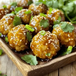 - 1 lb ground chicken or turkey - 1/4 cup breadcrumbs - 1 egg, lightly beaten - 2 green onions, finely chopped - 2 cloves garlic, minced - 1 teaspoon fresh ginger, grated - 1 tablespoon soy sauce (low sodium) - 1 tablespoon sesame oil - 1/4 cup honey - 1/4 cup teriyaki sauce - 1 tablespoon rice vinegar - Sesame seeds for garnish - Fresh cilantro, for garnish - Olive oil (optional for greasing) - Parchment paper In this recipe, I use ground chicken or turkey to make the meatballs light and tasty. The breadcrumbs help bind everything well. An egg adds moisture and richness. I love adding green onions for a fresh crunch. Garlic and ginger give a nice kick to the flavor. They blend well with soy sauce and sesame oil, creating a rich base. The honey and teriyaki sauce add sweetness and depth. A touch of rice vinegar balances all the flavors perfectly. For a finishing touch, sesame seeds and fresh cilantro add color and flavor. You can use olive oil if you want to grease the baking sheet. It helps keep the meatballs from sticking. Parchment paper makes cleanup easy, too. - Preheat oven to 400°F (200°C) - Line a baking sheet with parchment paper To start, you need a hot oven. Preheating helps the meatballs cook evenly. The parchment paper keeps them from sticking. This step makes cleanup easy too. - Combine meatball ingredients in a bowl - Mix until just combined In a large bowl, mix the ground chicken or turkey, breadcrumbs, and beaten egg. Add the chopped green onions, minced garlic, grated ginger, soy sauce, and sesame oil. Use your hands to blend everything. Don’t overmix; just combine until it looks good. - Shape mixture into 1-inch meatballs - Bake for 15-20 minutes until cooked through Now, shape the mixture into small meatballs. Each should be about one inch wide. Place them on the baking sheet, leaving space between each. Bake for 15 to 20 minutes. They should be cooked through and lightly browned when done. - Whisk together glaze ingredients in a saucepan - Simmer until slightly thickened While the meatballs bake, make the glaze. In a small saucepan, whisk together honey, teriyaki sauce, and rice vinegar. Heat it over medium heat. Bring the mixture to a gentle simmer and cook for about 2 to 3 minutes. It should thicken just a bit. - Glaze baked meatballs - Serve on a platter with garnishes Once the meatballs are done, take them out of the oven. Drizzle the honey teriyaki glaze over them. Toss the meatballs gently so they get coated. Finally, place them on a serving platter. Sprinkle sesame seeds and fresh cilantro on top for a nice touch. - Space out the meatballs on the baking sheet. This helps them cook evenly. - Check for doneness with a thermometer. Meatballs should reach 165°F (74°C). - You can adjust the honey to make the meatballs sweeter or less sweet. - Try using different herbs like basil or parsley for a new taste. - Don’t overmix the meatball mixture. This can make them tough. - Always preheat the oven fully. This ensures the meatballs cook properly. {{image_2}} You can mix things up with different meats. Try using ground beef or pork instead of chicken or turkey. This change adds a new flavor and richness. If you need a gluten-free option, use gluten-free breadcrumbs. They work well and keep the texture right. Want some heat? Add crushed red pepper to the meatball mix. It gives a nice kick. You can also add chopped vegetables like bell peppers or carrots. This not only boosts flavor but also adds more nutrition. For fun appetizers, make meatball skewers. Just thread the meatballs onto sticks and grill them. They look great and are easy to eat. You can also serve the meatballs over rice or with noodles. This makes a filling and tasty meal. To store your leftover honey glazed teriyaki meatballs, place them in an airtight container. This helps keep them fresh and tasty. Make sure the meatballs cool down before sealing the container. I recommend using glass or BPA-free plastic containers. They protect the flavor and are easy to clean. You can freeze meatballs before or after you bake them. If you freeze them raw, shape them and lay them on a baking sheet. Freeze for about 1 hour, then transfer them to a freezer bag. If they are cooked, let them cool first. Place them in a freezer-safe container. When you want to eat them, thaw overnight in the fridge. Reheat in the oven or microwave until hot. In the fridge, cooked honey glazed teriyaki meatballs last about 3 to 4 days. Check for signs of spoilage. If they smell sour or look discolored, it’s best to throw them out. Always trust your nose and eyes when it comes to food safety. You can pair these meatballs with several tasty sides: - Steamed rice - Stir-fried vegetables - Noodles tossed in sesame oil - A fresh green salad - Roasted broccoli or snap peas These sides balance the sweet and savory notes of the meatballs. They add color and crunch to your meal. Yes, you can make these meatballs ahead of time. Here are some tips: - Prepare the meatballs and form them. - Place them on a baking sheet and cover with plastic wrap. - Store them in the fridge for up to 24 hours. - You can also freeze them before baking. Just thaw in the fridge overnight before cooking. This makes dinner quick and easy! Absolutely! These meatballs are perfect for meal prep. Here’s how to do it: - Portion the cooked meatballs into meal containers. - Add sides like rice or veggies. - Store in the fridge for up to 4 days. - Reheat in the microwave or on the stove. This way, you can enjoy a healthy meal anytime! To check if the meatballs are cooked, follow these tips: - Use a meat thermometer. The internal temperature should reach 165°F (74°C). - Look for a nice golden-brown color on the outside. - The meatballs should feel firm to the touch. These signs let you know they are ready to eat! Making Honey Glazed Teriyaki Meatballs combines simple ingredients and steps. You’ve learned what to include, how to prepare the meatballs, and the best ways to cook them. I also shared tips to avoid common mistakes and ways to customize flavors. Remember to store leftovers properly for later. Whether you enjoy them on skewers or over rice, these meatballs are sure to please. Now, it’s time to gather your ingredients and start cooking!