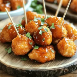 - 1 lb boneless, skinless chicken breasts - 1 cup all-purpose flour - 1 large egg - 1 teaspoon garlic powder - 1 teaspoon paprika - 1/2 teaspoon salt - 1/2 teaspoon black pepper - 1 cup panko breadcrumbs - 1/4 cup Sriracha sauce - 2 tablespoons honey - 2 tablespoons soy sauce - 1 tablespoon vegetable oil (for frying) - Fresh cilantro for garnish To make these crispy bites, start with the main ingredients. The chicken breasts should be fresh and cut into small pieces. This helps them cook evenly and stay juicy. The flour acts as a base for the coating. The egg binds everything together, ensuring the breadcrumbs stick well. Next, we add flavor with the seasoning. The garlic powder gives a great taste. Paprika adds warmth and color. Salt and black pepper bring out the chicken's natural flavor. Finally, panko breadcrumbs create that perfect crunch. They are light and airy, making the bites crispy. For the sauce, Sriracha brings heat, while honey adds sweetness. The soy sauce adds a savory touch. This mix creates a tasty glaze that sticks to the chicken. The fresh cilantro is a lovely garnish that adds brightness to the dish. With these ingredients ready, you are set to make delicious crispy Sriracha honey chicken bites. Start by cutting the chicken into bite-sized pieces. This helps with even cooking and makes them easy to eat. Next, prepare the coating. In a bowl, mix one cup of flour, one teaspoon of garlic powder, one teaspoon of paprika, half a teaspoon of salt, and half a teaspoon of black pepper. This will be your dry mix. In another bowl, beat one large egg. For the final coating, put one cup of panko breadcrumbs in a third bowl. Now, dip each chicken piece in the flour mix first. Shake off any extra flour. Then, dip it in the egg, letting the excess drip off. Finally, coat the chicken in the panko breadcrumbs. Press gently to help them stick. Heat one tablespoon of vegetable oil in a large skillet over medium heat. You want the oil hot for frying. Once ready, carefully add the chicken pieces in batches. Do not crowd the skillet. Fry each batch for about 3-4 minutes per side. Watch for a golden brown color. When done, place the chicken bites on a paper towel-lined plate to drain any oil. In a small bowl, whisk together a quarter cup of Sriracha sauce, two tablespoons of honey, and two tablespoons of soy sauce. Mix well until smooth. This sauce adds a sweet and spicy kick to your chicken. After frying, take the crispy chicken bites and toss them in the sauce until well coated. If you want, return the chicken to the skillet for one to two minutes. This warms the chicken and helps the sauce stick better. To get that perfect crunch, panko breadcrumbs are key. Panko has a light, airy texture that fries up nicely. This gives your chicken bites a crispy and golden finish. Regular breadcrumbs can work, but they won’t be as crunchy. The oil temperature matters too. Heat your oil to about 350°F (175°C). If it’s too cool, your chicken will soak up oil and get soggy. If it’s too hot, the outside will burn before the inside cooks. Use a thermometer for the best results. Want to boost the flavor? Try adding spices like cayenne pepper or onion powder to the flour mix. These will give your chicken a nice kick. You can also use smoked paprika for a smoky taste. For more sauce options, swap Sriracha with buffalo sauce or barbecue sauce. Each choice will change the flavor profile and give you new taste sensations. Garnish your chicken bites with fresh cilantro. It adds a pop of color and a fresh taste. You can sprinkle it on top right before serving. For a complete meal, serve these bites with rice or a salad. They also pair well with dipping sauces like ranch or blue cheese. Use toothpicks for easy serving and fun eating. {{image_2}} You can swap chicken for shrimp or tofu. Shrimp cooks fast and adds a nice flavor. Tofu gives a great texture and absorbs sauces well. Just make sure to cut tofu into bite-sized cubes. For shrimp, peel and devein before cooking. Both options work well with the same coating and sauce. If you want a gluten-free dish, use gluten-free flour and gluten-free breadcrumbs. Many brands offer great options that still give you that crispy texture. Make sure to check the labels. It's easy to make this meal fit your diet without losing flavor or crunch. You can change the heat level of Sriracha. If you like it spicy, add more sauce. For a milder dish, use less Sriracha or mix in some ketchup. You can also try different sweeteners, like maple syrup or agave. These swaps can give your chicken bites a new taste while keeping them delicious. To keep your leftover Crispy Sriracha Honey Chicken Bites fresh, store them in an airtight container. This will help maintain their flavor and texture. I recommend using a container that seals tightly to prevent moisture from getting in. You can store them in the fridge for up to three days. After that, they may lose some of their crispy goodness. When reheating, you want to keep that crispiness intact. The best method is to use an oven. Preheat your oven to 375°F (190°C). Place the chicken bites on a baking sheet. Bake for about 10-12 minutes, or until they are hot and crispy again. If you prefer to use a microwave, place the chicken bites on a microwave-safe plate. Heat them on medium power for 1-2 minutes. Check them often to avoid sogginess. The oven is always the best choice for crispy results, but the microwave works in a pinch. Yes, you can prepare these chicken bites ahead of time. Start by breading the chicken pieces and placing them on a baking sheet. Cover the sheet with plastic wrap and store it in the fridge for up to 24 hours. When you are ready to cook, simply heat the oil in a skillet and fry them. For reheating, place the cooked bites in a hot oven at 375°F for about 10 minutes. This keeps them crispy while warming them through. These chicken bites pair well with various sauces and sides. Consider serving them with: - Ranch dressing - Blue cheese dip - Sweet chili sauce - Fresh veggies like carrot sticks and cucumber slices - A simple green salad - Steamed rice or fried rice These options enhance the meal and offer a nice contrast to the spicy chicken. To modify the heat level, you can do a few things. If you want it milder, reduce the Sriracha to 2 tablespoons or use a less spicy sauce. You can also mix in some ketchup or barbecue sauce for sweetness. If you crave more heat, add an extra tablespoon of Sriracha. Feel free to experiment and find the right balance for your taste. In this post, I shared a simple and tasty recipe for Crispy Sriracha Honey Chicken Bites. You learned about the main ingredients, cooking steps, tips for crispiness, and different variations to try. This dish is fun, quick to make, and easy to customize. You can use shrimp or tofu instead of chicken too. Enjoy experimenting with spices and sauces to find your perfect flavor. Remember to store any leftovers properly and reheat them to keep them crunchy. Now, get cooking and enjoy these delicious bites!
