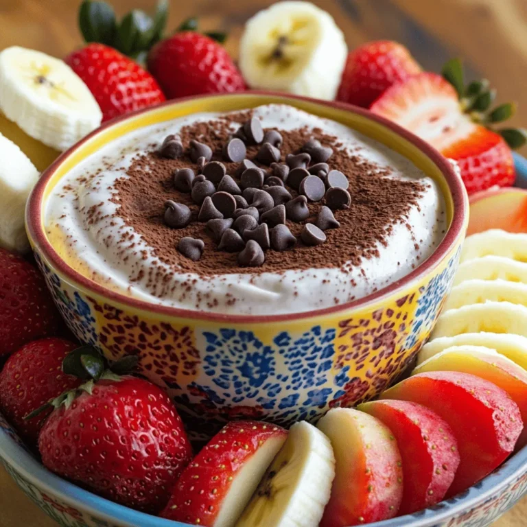 To make this dip, you need some key ingredients. Here’s what you’ll need: - 1 cup plain Greek yogurt - 2 tablespoons unsweetened cocoa powder - 2 tablespoons honey or maple syrup - 1/4 cup chocolate protein powder - 1 teaspoon vanilla extract - 1/4 cup mini chocolate chips - Pinch of salt These ingredients give the dip its rich, chocolate flavor. The Greek yogurt adds creaminess while packing in protein. You can adjust sweetness to your taste. If you like it sweeter, add a bit more honey or maple syrup. You might also want to try adding a sprinkle of cinnamon for a warm flavor boost. A dash of almond extract can give it a nice twist, too. Fruits make great dippers for this dip. Here are some tasty options: - Fresh strawberries - Crisp apples - Ripe bananas These fruits add freshness and balance the rich chocolate flavor. You can mix and match based on what you have or what you like best! To start, you need a mixing bowl. Add 1 cup of plain Greek yogurt. Next, stir in 2 tablespoons of unsweetened cocoa powder. Then, add 2 tablespoons of honey or maple syrup. This adds sweetness, but you can adjust it to your taste. Follow this with 1/4 cup of chocolate protein powder and 1 teaspoon of vanilla extract. Finally, sprinkle in a pinch of salt. Whisk the mixture well until it’s creamy. Be sure to remove any lumps from the cocoa powder or protein powder. A smooth texture is key for a great dip. If you find it too thick, add a splash of milk to loosen it up. Once smooth, gently fold in 1/4 cup of mini chocolate chips. This adds a sweet crunch and extra flavor. Transfer the dip into a serving bowl. Chill it in the fridge for about 30 minutes. This helps the flavors blend well. When ready to serve, arrange fresh fruit like strawberries, apples, and bananas around the dip. This brightens up the dish and invites everyone to dig in. For a fun touch, you can garnish with more mini chocolate chips or a sprinkle of cocoa powder. Enjoy the mix of rich chocolate and fresh fruit! To get a smooth dip, mix the Greek yogurt and cocoa powder well. You want no lumps. Use a whisk to blend the ingredients until creamy. If you find it too thick, add a little yogurt. This will help you reach that perfect dip texture. Do you like it sweeter? You can add more honey or maple syrup. Start with two tablespoons. Taste the dip, and then add more if needed. This way, you get the sweetness just right for you. For a fun look, serve your dip in a colorful bowl. Top it with extra mini chocolate chips and a sprinkle of cocoa powder. Arrange fresh fruit around the bowl. This adds color and makes the dip look tasty. A good presentation makes everyone want to dig in! {{image_2}} You can make this dip even more fun. Adding peanut butter gives it a rich taste. Just mix in 2 tablespoons of creamy peanut butter. You can also try almond butter or sunflower seed butter. Each adds a new layer of flavor. For a mint twist, add 1 teaspoon of peppermint extract. This will give your dip a fresh kick. If you love spice, a dash of cinnamon works well too. Not all protein powders are the same. You can swap chocolate protein powder with vanilla or peanut butter flavors. If you want a plant-based option, try pea or hemp protein. Each powder has unique taste and texture. Test different brands to find what you like best. This helps make the dip fit your own taste. While fresh fruit is great, you can get creative with dips. Graham crackers pair nicely with the rich chocolate flavor. You can also try pretzels for a salty crunch. Rice cakes are light and fun to dip. For something different, use whole wheat pita chips. Each option gives a new flavor and texture. Feel free to mix and match for a fun snack platter. To keep your High-Protein Brownie Batter Greek Yogurt Dip fresh, store it in a tight container. I use glass jars or plastic containers with lids. This way, your dip stays creamy and tasty. Make sure to chill it in the fridge right after serving. Avoid leaving it out for too long. When properly stored, this dip lasts about 3 to 5 days in the fridge. I recommend eating it within this time for the best taste. If you notice any changes in smell or texture, it’s best to toss it out. Trust your senses; they guide you well. You can freeze this dip for longer storage. Just place it in a freezer-safe container. Leave some space at the top since it may expand. When you want to enjoy it again, thaw it in the fridge overnight. Mix it well before serving again. This dip might lose some texture, but it will still taste great! Yes, this Greek yogurt dip is healthy! It uses plain Greek yogurt, which packs protein. Protein helps build muscles and keeps you full. The dip also has cocoa powder, which is rich in antioxidants. You can adjust sweetness with honey or maple syrup, keeping it healthier. Plus, you dip fresh fruits like strawberries and bananas, adding vitamins and fiber. This makes it a balanced snack! You can use flavored Greek yogurt if you want! It adds a different taste. Just keep in mind that flavored yogurts often have more sugar. If you like sweeter dips, this can work well. However, you might want to reduce the added sweetener like honey or maple syrup. Experiment with flavors like vanilla or chocolate for a fun twist! To make this dip vegan, swap the yogurt for plant-based yogurt. Look for almond, coconut, or soy yogurt. Use maple syrup instead of honey for sweetness. Make sure your protein powder is plant-based too. This way, you keep the same great taste while making it vegan-friendly. Enjoy your dip with fruits for a yummy treat! This blog post shared easy steps to make a high-protein Greek yogurt dip. We covered main ingredients, optional sweeteners, and great fruits to dip. I offered tips for the perfect texture, along with cool ways to serve it. You can even explore flavor changes, like adding peanut butter. Finally, I shared how to store your dip properly to keep it fresh. Enjoy this tasty treat, knowing it fits your health goals!