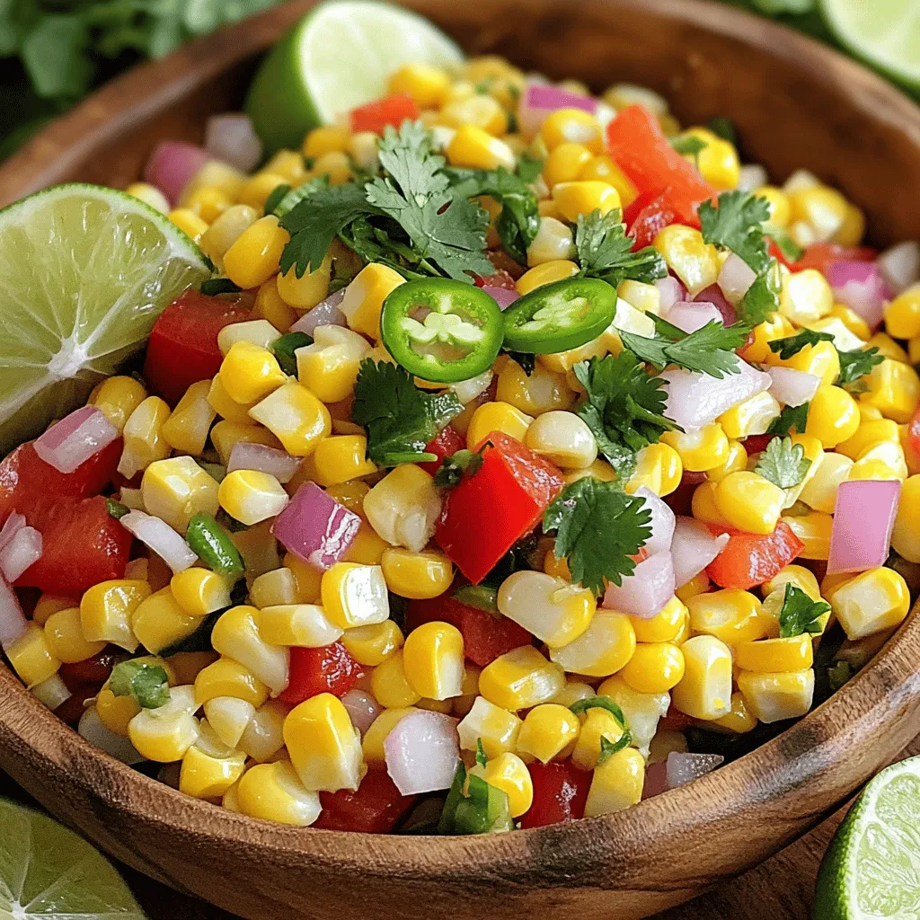 To make Spicy Cilantro Lime Corn Salad, gather these fresh ingredients: - 4 cups fresh corn kernels (about 6 ears of corn) - 1 red bell pepper, diced - 1 small red onion, finely chopped - 1 jalapeño, minced (seeds removed for less heat) - 1/4 cup fresh cilantro, chopped - Juice of 2 limes - 2 tablespoons olive oil - 1 teaspoon honey or agave syrup - 1 teaspoon ground cumin - Salt and pepper to taste I always prefer fresh corn for its sweet taste and crunch. Fresh corn gives the salad a bright flavor. It enhances the overall dish. If you can't find fresh corn, frozen corn is a good backup. Frozen corn is picked at peak ripeness, which helps keep its flavor. Just make sure to thaw and drain it well. You can easily adjust this recipe for different diets. If you're vegan, swap honey for agave syrup. You can also replace olive oil with avocado oil for a different taste. If you want more protein, consider adding black beans or chickpeas. These changes keep the dish delicious while meeting your needs. You can cook corn in two main ways: blanching or grilling. Blanching is fast. Boil water and add the corn for 2-3 minutes. This keeps the corn sweet and tender. After cooking, drain the corn and cool it under cold water. Grilling gives a smoky flavor. Simply place the corn on the grill and turn until charred. Either method works great for this salad. Once the corn is ready, it’s time to mix. In a large bowl, add the cooked corn kernels. Next, toss in diced red bell pepper, finely chopped red onion, and minced jalapeño. Each ingredient brings a fresh taste and crunch. Mix them gently to keep the corn whole. This blend adds color and texture to the salad. Now, let’s make the dressing. In a small bowl, whisk together the juice of two limes, olive oil, honey, ground cumin, salt, and pepper. This mix should taste bright and tangy, with a hint of sweetness. Adjust the honey for more sweetness or add lime for more zing. Pour the dressing over the salad and toss everything gently. Lastly, fold in chopped cilantro for a fresh finish. Let it sit for 10-15 minutes to let flavors blend. Adjust seasoning if needed before you serve it. To make your Spicy Cilantro Lime Corn Salad even spicier, try these tips: - Add more jalapeños. Keep the seeds for extra heat. - Include a pinch of cayenne pepper in the dressing. - Toss in some diced serrano peppers for a different flavor. These small changes can bring more heat and flavor to your dish. Adjusting seasoning is key to a great salad. Here’s how: - Start with salt and pepper. Add a little at a time. - Taste as you go. This helps you find the right balance. - If it’s too sour from lime, add a touch of honey. - If it’s too salty, add more corn or veggies. These steps will help you create a well-seasoned salad. A beautiful presentation makes your salad more inviting. Here are some ideas: - Serve in a large, colorful bowl to catch the eye. - Garnish with extra cilantro sprigs for a fresh touch. - Add lime wedges on the side for a pop of color. - Consider serving in individual cups for a fun twist. These simple ideas make your Spicy Cilantro Lime Corn Salad look as good as it tastes. {{image_2}} You can make this salad heartier by adding protein. Black beans work great. Just rinse and drain them before mixing. You can also add grilled chicken. Chop it into bite-sized pieces. If you want seafood, shrimp is a tasty choice. Cook the shrimp until pink and tender. These proteins boost protein and flavor in your salad. Feel free to mix in other veggies for more color and texture. Diced cucumbers add crunch. Cherry tomatoes give a sweet burst. You can also use corn from a can or frozen corn if fresh isn’t available. Avocado adds creaminess and healthy fats. These options make your salad more fun and interesting. This salad is easy to make vegan. Just use agave syrup instead of honey. You can also swap the olive oil for avocado oil if you want. Since the base is plant-based, you already have a great start. You can enjoy this dish while sticking to a vegan diet without losing taste. To keep your Spicy Cilantro Lime Corn Salad fresh, place it in an airtight container. This helps to keep air out and flavors in. Store the container in the fridge. If you have leftovers, use them within a few days for the best taste. When preparing the salad in advance, store the dressing separately. Mix it just before serving. This keeps the salad crisp and fresh. You can chop the veggies ahead of time. Just keep them in separate containers, ready to mix when needed. Your salad will stay fresh for about 3 days in the fridge. After that, the flavors fade, and the texture changes. If it looks slimy or smells off, it’s time to toss it out. Always trust your senses when judging food freshness. Yes, you can make this salad ahead of time. Prepare it a few hours in advance. The flavors will blend and taste even better. Just keep it in the fridge until you are ready to serve. This salad pairs well with grilled meats. You can serve it alongside chicken, steak, or fish. It also works great with tacos or burritos. For a lighter meal, serve it with grilled vegetables or a rice bowl. To reduce the heat, remove the jalapeño seeds. You can also use less jalapeño or skip it. Adding extra lime juice or honey can help balance the heat too. Mixing in some diced cucumber can also cool it down. The salad lasts for about 3 days in the fridge. Make sure to store it in an airtight container. After a couple of days, the corn might get soggy. If that happens, it’s best to eat it fresh. Yes, you can use frozen corn. Just cook it according to the package instructions. Frozen corn is convenient and still tasty. However, fresh corn gives a better crunch and flavor. Yes, Spicy Cilantro Lime Corn Salad is gluten-free. All the ingredients are naturally gluten-free. Enjoy it without worry if you have gluten sensitivities. Absolutely! Feel free to add black beans, avocado, or cherry tomatoes. You can customize the salad to your liking. Just keep the balance of flavors in mind while you experiment. In this blog post, I covered essential ingredients for a delicious corn salad. We explored fresh and frozen corn, along with alternatives for dietary needs. I provided clear step-by-step instructions on cooking corn and making the dressing. You found tips to enhance flavor and ideas for serving. Variations showed how to add protein and make it vegan. Lastly, I shared storage tips and answered common questions. Remember, you can adjust recipes to fit your taste. Enjoy creating your unique corn salad!