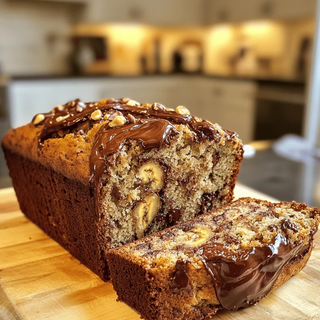 To make Nutella swirl banana bread, gather these main ingredients: - 3 ripe bananas, mashed - 1/3 cup melted butter - 1 teaspoon baking soda - Pinch of salt - 3/4 cup sugar - 1 large egg, beaten - 1 teaspoon vanilla extract - 1 cup all-purpose flour - 1/2 cup Nutella (plus extra for swirling) These ingredients mix well to create a soft, sweet bread. Ripe bananas add natural sweetness and moisture, while Nutella gives a rich, chocolatey swirl. You will also need some basic pantry items: - Baking soda - Salt - Sugar - All-purpose flour - Vanilla extract These staples are common in many home kitchens. They help balance flavors and create the right texture for your banana bread. To make your banana bread even more special, try these options: - Extra Nutella for drizzling on top - Chopped hazelnuts for a crunchy topping - Whipped cream on the side for a creamy touch These garnishes enhance the presentation and flavor. Serve warm for the best experience. Start by gathering all your ingredients. You will need: - 3 ripe bananas, mashed - 1/3 cup melted butter - 1 teaspoon baking soda - Pinch of salt - 3/4 cup sugar - 1 large egg, beaten - 1 teaspoon vanilla extract - 1 cup all-purpose flour - 1/2 cup Nutella (plus extra for swirling) Make sure your bananas are nice and ripe. The more ripe, the sweeter your bread will be. Also, preheat your oven to 350°F (175°C). Grease a 9x5 inch loaf pan with butter or cooking spray. This helps the bread come out easily. In a large mixing bowl, mash your bananas with the melted butter until smooth. This helps blend the flavors well. Next, stir in the baking soda and a pinch of salt. These will help your bread rise. Then, add the sugar, beaten egg, and vanilla extract. Mix well. Gradually add the flour to the banana mixture. Stir gently until just combined. Be careful not to overmix. Overmixing can make your bread tough. It should look thick and slightly lumpy. Now it’s time to add the Nutella. Pour half of your batter into the loaf pan. Dot the top with about 1/4 cup of Nutella using small spoonfuls. Then, add the rest of the batter on top. Again, add another 1/4 cup of Nutella. Use a knife or skewer to gently swirl the Nutella into the batter. This creates a lovely marbled effect. Don’t swirl too much. You want to see the Nutella but still have the batter visible. Bake your banana bread in the preheated oven for 50-60 minutes. Check for doneness by inserting a toothpick into the center. If it comes out clean, it’s done. Once baked, allow the bread to cool in the pan for about 10 minutes. Then, transfer it to a wire rack to cool completely. This helps keep the crust nice and firm. Enjoy the lovely aroma while it cools! To get the best texture, use very ripe bananas. They should be brown and soft. This gives your bread a rich flavor and moistness. When mixing, combine the wet and dry ingredients gently. Overmixing can make your bread tough. Mix until you see no dry flour. The batter should be lumpy but well-blended. One common mistake is using cold ingredients. Always let your egg and butter sit out before you bake. This helps them mix better. Another mistake is not checking the oven temperature. An oven that is too hot can burn the outside before the inside cooks. Use an oven thermometer to ensure accuracy. You can customize your banana bread in fun ways. Try adding nuts like walnuts or pecans for crunch. You might also add chocolate chips for extra sweetness. A pinch of cinnamon or nutmeg can warm the flavor, too. If you want a fruity twist, try adding berries like blueberries. These small changes can make your banana bread unique and exciting. {{image_2}} To make a gluten-free version, swap all-purpose flour for gluten-free flour. Use a blend that mimics regular flour’s texture. This switch keeps the banana bread soft and moist. Follow the same steps as the original recipe. You will love the taste just as much! For a vegan twist, replace the egg with a flax egg. To make a flax egg, mix one tablespoon of ground flaxseed with three tablespoons of water. Let it sit for five minutes. Use plant-based butter instead of regular butter. This keeps the bread moist and rich. Enjoy the same Nutella swirl you love! If you want to try something new, consider other spreads. Peanut butter or almond butter work well for a nutty flavor. You can also use fruit jams for a fruity twist. Simply layer them like you do with Nutella. Swirl them in for a tasty surprise! To keep your Nutella swirl banana bread fresh, store it in an airtight container. This method helps prevent it from drying out. If you don’t have a container, wrap the bread in plastic wrap. Make sure to store it at room temperature if you plan to eat it in a few days. Freezing is a great way to save banana bread for later. First, let the bread cool completely. Then, slice it for easy access. Wrap each slice in plastic wrap, then place them in a freezer bag. This way, you can take out just what you need. Label the bag with the date, and it can stay fresh for up to three months. To enjoy your banana bread again, reheat it in the oven for the best taste. Preheat your oven to 350°F (175°C). Place the slices on a baking sheet, and heat them for about 10 minutes. You can also microwave a slice for about 15-20 seconds if you're in a hurry. Adding a small drizzle of Nutella on top before reheating brings back its delicious flavor. Enjoy! Yes, you can use frozen bananas! Just thaw them first. Once thawed, drain any extra liquid. Mash them well. This adds sweetness and moisture to your bread. Frozen bananas often taste better because they are riper. You can get creative with your batter! Here are some fun ideas: - Chopped nuts: Walnuts or pecans add a nice crunch. - Chocolate chips: For more chocolate flavor, mix in semi-sweet or dark chips. - Cinnamon: A teaspoon can give a warm spice note. - Dried fruit: Raisins or cranberries add a pop of flavor. Experiment with these to find your favorite mix! To check if your banana bread is ready, use a toothpick. Insert it into the center of the loaf. If it comes out clean, your bread is done. If it has batter on it, bake a bit longer. The top should look golden brown and firm. The smell will also fill your kitchen with warmth! This blog post covered making Nutella swirl banana bread. We discussed key ingredients and pantry staples. You learned step-by-step how to mix, swirl, and bake. Tips were shared to perfect texture and avoid mistakes. I also offered variations for gluten-free and vegan options. Enjoy this tasty treat, and feel free to customize it. With practice, your banana bread will stand out. Happy baking!