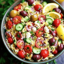 - 1 cup orzo pasta - 2 cups water - 1 cup cherry tomatoes, halved - 1 cucumber, diced - 1/4 red onion, finely chopped - 1/2 cup Kalamata olives, pitted and sliced - 1/2 cup feta cheese, crumbled - 1/4 cup fresh parsley, chopped - 1/4 cup olive oil - 2 tablespoons red wine vinegar (or lemon juice for a twist) - 1 clove garlic, minced - Salt and pepper to taste Orzo pasta is small and rice-shaped. It cooks quickly and absorbs flavors well. I love using orzo because it adds a nice texture to the salad. Cherry tomatoes bring a sweet burst of flavor. Halving them allows their juices to mix with the dressing. This makes every bite tasty. Cucumbers add crunch and coolness. Diced cucumbers contrast well with the other ingredients. Red onion has a sharp bite. Finely chopping it makes the flavor milder and blends well in the salad. Kalamata olives offer a rich, briny taste. They add depth and a Mediterranean flair to the dish. Feta cheese is creamy and salty. Crumbled feta gives the salad a nice tang. Fresh parsley adds a bright green note. It gives freshness and enhances the overall flavor. Olive oil is key for the dressing. It binds the flavors and adds richness. Red wine vinegar or lemon juice adds acidity. This balances the salad's richness. Garlic gives a warm, aromatic touch. Minced garlic adds flavor without overwhelming the dish. Orzo pasta is a good source of carbs. It provides energy for your day. Cherry tomatoes are packed with vitamins. They contain antioxidants that help protect your body. Cucumbers are low in calories and hydrating. They help keep you refreshed. Red onion has anti-inflammatory properties. It may support heart health. Kalamata olives contain healthy fats. They can help lower bad cholesterol levels. Feta cheese is a source of protein and calcium. It supports strong bones and muscles. Fresh parsley is rich in vitamins A, C, and K. It may boost your immune system. Olive oil is a heart-healthy fat. It may lower the risk of heart disease. Red wine vinegar aids digestion. It can also help regulate blood sugar levels. Garlic has antibacterial properties. It may boost your immune system and health. To cook the orzo pasta, start by boiling 2 cups of water in a medium saucepan. Once the water is boiling, add 1 cup of orzo pasta. Cook it according to the package instructions until it is al dente, which takes about 8-10 minutes. This step is key, as overcooking can make the orzo mushy. After it cooks, drain the orzo in a colander. Rinse the pasta under cold water to stop the cooking process. This keeps it firm and helps cool it down. Set the orzo aside in a large mixing bowl for later use. Next, prepare the salad ingredients. Take 1 cup of cherry tomatoes and cut them in half. Then, dice 1 cucumber into small pieces. Chop 1/4 of a red onion finely. Slice 1/2 cup of Kalamata olives after pitting them. Crumble 1/2 cup of feta cheese for a creamy touch. Lastly, chop 1/4 cup of fresh parsley. Add all these ingredients to the bowl with the orzo. This mix of fresh veggies and cheese adds a burst of flavor and color to your salad. For the dressing, grab a small bowl. Whisk together 1/4 cup of olive oil and 2 tablespoons of red wine vinegar. If you want a twist, you can use lemon juice instead. Add 1 clove of minced garlic, salt, and pepper to taste. Mix everything well until combined. Pour the dressing over the orzo salad ingredients. Toss gently to coat all the ingredients evenly. This dressing brings all the flavors together, making your salad fresh and vibrant. Taste it and adjust the seasoning if needed. Let the salad sit for 15-20 minutes to let the flavors meld before serving. To cook orzo well, bring 2 cups of water to a boil. Add 1 cup of orzo pasta. Stir it once, then let it cook for 8 to 10 minutes. Check it often for that perfect al dente texture. When it’s ready, drain the orzo in a colander. Rinse it under cold water to stop the cooking. This keeps it from getting mushy. Set it aside in a large bowl. You can customize your Greek orzo pasta salad in many ways. Add diced bell peppers for a sweet crunch. Try artichoke hearts for more Mediterranean flair. Want some heat? Toss in some red pepper flakes. For a twist, swap red wine vinegar with lemon juice. You can also add fresh herbs like dill or mint. The goal is to balance flavors and keep it fresh. To serve your orzo salad, use a large bowl or individual plates. This makes it look fancy. Garnish each plate with fresh parsley. Place a few whole Kalamata olives on top for color. A lemon wedge on the side adds a bright touch. This way, guests can squeeze fresh lemon juice over their salad. It will make each bite pop with flavor. {{image_2}} You can easily make this dish vegetarian by skipping the feta cheese. If you want a vegan option, use a plant-based feta. This will keep the creamy texture without dairy. Add more veggies like bell peppers or zucchini for extra crunch. You can switch up the dressing for a new taste. Try a tahini dressing for a nutty flavor. A balsamic vinaigrette can also work well. For add-ins, consider artichokes or sun-dried tomatoes. These ingredients can really elevate the dish. Seasonal ingredients can bring freshness to your salad. In summer, swap cherry tomatoes for fresh heirloom tomatoes. In fall, roasted butternut squash can add warmth and sweetness. Using seasonal produce not only enhances flavor but also supports local farmers. You can store Greek Orzo Pasta Salad in the fridge. Use a clean, airtight container. Make sure to cool the salad before sealing it. This keeps it fresh for up to three days. When storing, keep the dressing separate if you can. This prevents the pasta from getting soggy. Freezing orzo pasta salad is not the best choice. The texture of the pasta changes when frozen. If you must freeze it, pack it in a freezer-safe bag. Remove as much air as possible and seal tightly. It can last for about one month. However, the fresh veggies will lose their crunch. To enjoy your salad again, let it sit at room temperature. This helps bring back some flavors. If you want to reheat it, use a microwave. Heat it in short bursts to avoid overcooking. Add a splash of olive oil or lemon juice for extra taste. Always check the flavor before serving again! Yes, you can make Greek Orzo Pasta Salad ahead of time. It’s a great dish for meal prep. Just prepare the salad and store it in the fridge. The flavors blend better with time. I suggest making it a few hours before serving. This gives the ingredients time to mingle. If you don't have kale, spinach is a great substitute. Fresh arugula works well, too. Both greens add a nice crunch and flavor. You can even use shredded cabbage for a different texture. Just make sure to chop them finely. This keeps the salad light and fresh. Greek Orzo Pasta Salad lasts about 3 to 5 days in the fridge. Store it in an airtight container. If you used fresh veggies, eat it sooner for best taste. Always check for any off smells or changes in texture. If it looks good, it’s probably still tasty! Greek Orzo Pasta Salad is a fun and healthy dish. You learned about the key ingredients, their health perks, and easy cooking steps. Customizing your salad makes it perfect for everyone. Store leftovers well, and enjoy them later. This recipe is flexible and tasty, so try it your way. With these tips, you can impress anyone. Enjoy making your salad and share it with friends!