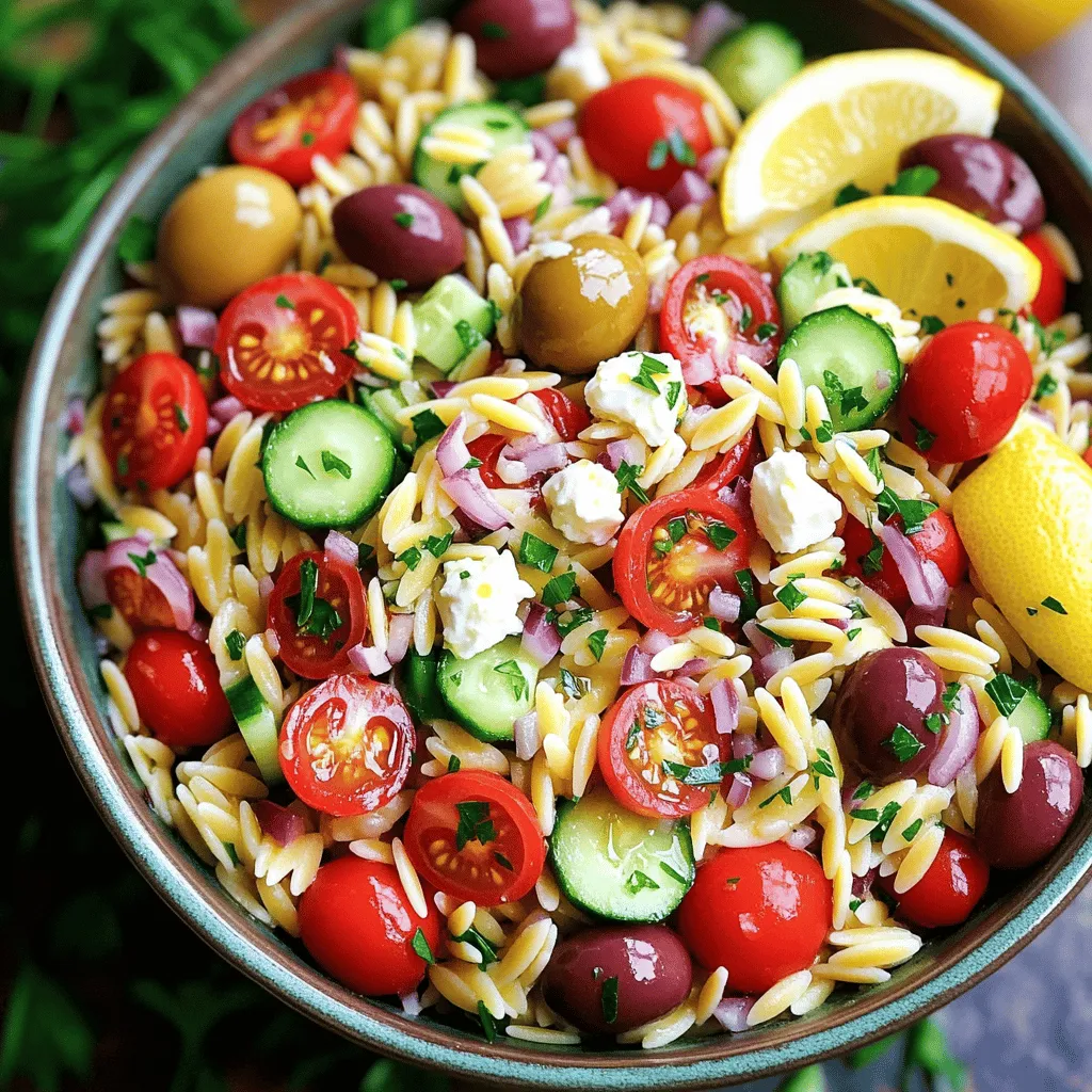 - 1 cup orzo pasta - 2 cups water - 1 cup cherry tomatoes, halved - 1 cucumber, diced - 1/4 red onion, finely chopped - 1/2 cup Kalamata olives, pitted and sliced - 1/2 cup feta cheese, crumbled - 1/4 cup fresh parsley, chopped - 1/4 cup olive oil - 2 tablespoons red wine vinegar (or lemon juice for a twist) - 1 clove garlic, minced - Salt and pepper to taste Orzo pasta is small and rice-shaped. It cooks quickly and absorbs flavors well. I love using orzo because it adds a nice texture to the salad. Cherry tomatoes bring a sweet burst of flavor. Halving them allows their juices to mix with the dressing. This makes every bite tasty. Cucumbers add crunch and coolness. Diced cucumbers contrast well with the other ingredients. Red onion has a sharp bite. Finely chopping it makes the flavor milder and blends well in the salad. Kalamata olives offer a rich, briny taste. They add depth and a Mediterranean flair to the dish. Feta cheese is creamy and salty. Crumbled feta gives the salad a nice tang. Fresh parsley adds a bright green note. It gives freshness and enhances the overall flavor. Olive oil is key for the dressing. It binds the flavors and adds richness. Red wine vinegar or lemon juice adds acidity. This balances the salad's richness. Garlic gives a warm, aromatic touch. Minced garlic adds flavor without overwhelming the dish. Orzo pasta is a good source of carbs. It provides energy for your day. Cherry tomatoes are packed with vitamins. They contain antioxidants that help protect your body. Cucumbers are low in calories and hydrating. They help keep you refreshed. Red onion has anti-inflammatory properties. It may support heart health. Kalamata olives contain healthy fats. They can help lower bad cholesterol levels. Feta cheese is a source of protein and calcium. It supports strong bones and muscles. Fresh parsley is rich in vitamins A, C, and K. It may boost your immune system. Olive oil is a heart-healthy fat. It may lower the risk of heart disease. Red wine vinegar aids digestion. It can also help regulate blood sugar levels. Garlic has antibacterial properties. It may boost your immune system and health. To cook the orzo pasta, start by boiling 2 cups of water in a medium saucepan. Once the water is boiling, add 1 cup of orzo pasta. Cook it according to the package instructions until it is al dente, which takes about 8-10 minutes. This step is key, as overcooking can make the orzo mushy. After it cooks, drain the orzo in a colander. Rinse the pasta under cold water to stop the cooking process. This keeps it firm and helps cool it down. Set the orzo aside in a large mixing bowl for later use. Next, prepare the salad ingredients. Take 1 cup of cherry tomatoes and cut them in half. Then, dice 1 cucumber into small pieces. Chop 1/4 of a red onion finely. Slice 1/2 cup of Kalamata olives after pitting them. Crumble 1/2 cup of feta cheese for a creamy touch. Lastly, chop 1/4 cup of fresh parsley. Add all these ingredients to the bowl with the orzo. This mix of fresh veggies and cheese adds a burst of flavor and color to your salad. For the dressing, grab a small bowl. Whisk together 1/4 cup of olive oil and 2 tablespoons of red wine vinegar. If you want a twist, you can use lemon juice instead. Add 1 clove of minced garlic, salt, and pepper to taste. Mix everything well until combined. Pour the dressing over the orzo salad ingredients. Toss gently to coat all the ingredients evenly. This dressing brings all the flavors together, making your salad fresh and vibrant. Taste it and adjust the seasoning if needed. Let the salad sit for 15-20 minutes to let the flavors meld before serving. To cook orzo well, bring 2 cups of water to a boil. Add 1 cup of orzo pasta. Stir it once, then let it cook for 8 to 10 minutes. Check it often for that perfect al dente texture. When it’s ready, drain the orzo in a colander. Rinse it under cold water to stop the cooking. This keeps it from getting mushy. Set it aside in a large bowl. You can customize your Greek orzo pasta salad in many ways. Add diced bell peppers for a sweet crunch. Try artichoke hearts for more Mediterranean flair. Want some heat? Toss in some red pepper flakes. For a twist, swap red wine vinegar with lemon juice. You can also add fresh herbs like dill or mint. The goal is to balance flavors and keep it fresh. To serve your orzo salad, use a large bowl or individual plates. This makes it look fancy. Garnish each plate with fresh parsley. Place a few whole Kalamata olives on top for color. A lemon wedge on the side adds a bright touch. This way, guests can squeeze fresh lemon juice over their salad. It will make each bite pop with flavor. {{image_2}} You can easily make this dish vegetarian by skipping the feta cheese. If you want a vegan option, use a plant-based feta. This will keep the creamy texture without dairy. Add more veggies like bell peppers or zucchini for extra crunch. You can switch up the dressing for a new taste. Try a tahini dressing for a nutty flavor. A balsamic vinaigrette can also work well. For add-ins, consider artichokes or sun-dried tomatoes. These ingredients can really elevate the dish. Seasonal ingredients can bring freshness to your salad. In summer, swap cherry tomatoes for fresh heirloom tomatoes. In fall, roasted butternut squash can add warmth and sweetness. Using seasonal produce not only enhances flavor but also supports local farmers. You can store Greek Orzo Pasta Salad in the fridge. Use a clean, airtight container. Make sure to cool the salad before sealing it. This keeps it fresh for up to three days. When storing, keep the dressing separate if you can. This prevents the pasta from getting soggy. Freezing orzo pasta salad is not the best choice. The texture of the pasta changes when frozen. If you must freeze it, pack it in a freezer-safe bag. Remove as much air as possible and seal tightly. It can last for about one month. However, the fresh veggies will lose their crunch. To enjoy your salad again, let it sit at room temperature. This helps bring back some flavors. If you want to reheat it, use a microwave. Heat it in short bursts to avoid overcooking. Add a splash of olive oil or lemon juice for extra taste. Always check the flavor before serving again! Yes, you can make Greek Orzo Pasta Salad ahead of time. It’s a great dish for meal prep. Just prepare the salad and store it in the fridge. The flavors blend better with time. I suggest making it a few hours before serving. This gives the ingredients time to mingle. If you don't have kale, spinach is a great substitute. Fresh arugula works well, too. Both greens add a nice crunch and flavor. You can even use shredded cabbage for a different texture. Just make sure to chop them finely. This keeps the salad light and fresh. Greek Orzo Pasta Salad lasts about 3 to 5 days in the fridge. Store it in an airtight container. If you used fresh veggies, eat it sooner for best taste. Always check for any off smells or changes in texture. If it looks good, it’s probably still tasty! Greek Orzo Pasta Salad is a fun and healthy dish. You learned about the key ingredients, their health perks, and easy cooking steps. Customizing your salad makes it perfect for everyone. Store leftovers well, and enjoy them later. This recipe is flexible and tasty, so try it your way. With these tips, you can impress anyone. Enjoy making your salad and share it with friends!