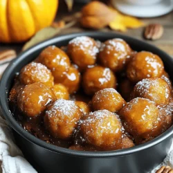 - 2 cans of refrigerated biscuit dough - 1 cup pumpkin puree - 1 cup brown sugar - 1 tablespoon pumpkin spice blend (cinnamon, nutmeg, ginger, allspice) - ½ cup unsalted butter, melted - ½ cup chopped pecans (optional) - 1 teaspoon vanilla extract - Pinch of salt - Powdered sugar for dusting When I make pumpkin spice monkey bread, I focus on fresh, warm flavors. The main ingredient, pumpkin puree, gives the bread its rich taste. I always use good-quality pumpkin puree. It makes a big difference. Next, I choose refrigerated biscuit dough. It saves time and creates a soft texture. Brown sugar brings out the sweetness. I love how it pairs with the spice blend. The pumpkin spice blend contains cinnamon, nutmeg, ginger, and allspice. Each spice adds warmth and depth. Melted unsalted butter is key. It adds moisture and richness. If you like crunch, add chopped pecans. They give a nice texture. A teaspoon of vanilla extract adds a lovely aroma. Lastly, a pinch of salt balances the sweetness. After baking, I dust the top with powdered sugar. It looks pretty and adds a sweet touch. Gather these ingredients, and you are ready to create a delightful treat. - Preheat your oven to 350°F (175°C). - Grease your bundt pan with cooking spray or butter. - In a mixing bowl, combine: - 1 cup pumpkin puree - 1 cup brown sugar - 1 tablespoon pumpkin spice blend - ½ cup melted unsalted butter - 1 teaspoon vanilla extract - A pinch of salt - Mix these ingredients well until smooth. - Open the cans of refrigerated biscuit dough. - Cut each biscuit into quarters. - Roll each quarter into a small ball. - Dip each ball into the pumpkin mixture. - If you like, roll the coated balls in ½ cup chopped pecans for added crunch. - Layer the coated dough balls into the prepared bundt pan. - Pour any leftover pumpkin mixture over the dough balls. - Bake in the preheated oven for 30-35 minutes. - Check for doneness with a toothpick; it should come out clean. - Allow the monkey bread to cool in the pan for 10-15 minutes. - Carefully invert the pan onto a serving platter. - Dust the top with powdered sugar for a festive touch. Serve warm and enjoy pulling apart the pieces. You can add a small bowl of cream cheese frosting on the side for dipping, if you wish! To boost the taste of your monkey bread, try adding more spices. You can mix in a dash of cardamom or cloves for a deeper flavor. Fresh pumpkin puree is key. It gives a rich taste and creamy texture. Canned pumpkin can work, but fresh is always better. If you want extra crunch, bake a bit longer. Keep an eye on it to avoid burning. For a gooey inside, don’t overbake. The top should be golden brown, but the center must remain soft and moist. Serve your monkey bread warm. You can pull it apart easily, making it fun for all. A small bowl of cream cheese frosting makes a tasty dip. For gatherings, place the bread on a nice platter. Dust with powdered sugar for a pretty touch. {{image_2}} You can change some of the ingredients to make this treat your own. Here are some swaps to consider: - Alternative sweeteners or sugars: You can use maple syrup or honey instead of brown sugar. These add unique flavors and keep it sweet. - Different nut types for added crunch: If you want extra crunch, try walnuts or pecans. Both add a nice texture and flavor to the monkey bread. Not everyone can enjoy the same ingredients. Here are some ways to modify the recipe for different diets: - Gluten-free options for biscuit dough: Look for gluten-free refrigerated biscuit dough. It works well and tastes great. - Vegan version of pumpkin spice monkey bread: Use plant-based butter and a flaxseed egg instead of regular butter and eggs. This keeps it vegan while still being delicious. You can also add flavors to change the taste of your monkey bread: - Adding chocolate chips or dried fruit: Toss in some chocolate chips or dried cranberries for a sweet twist. This makes each bite even more fun! - Regional spice blends to try: Experiment with spices like cardamom or allspice. They can make the bread taste unique and exciting, perfect for fall gatherings. To keep your pumpkin spice monkey bread fresh, store it in an airtight container. This helps keep moisture in and air out. Place it in the fridge if you want it to last longer. It should stay good for about three to four days. You can freeze monkey bread for later enjoyment. Wrap it tightly in plastic wrap and then in foil. This keeps it safe from freezer burn. You can freeze it for up to three months. When you’re ready to eat it, thaw it overnight in the fridge. To reheat, place it in the oven at 350°F (175°C) for about 15-20 minutes. This warms it up well and keeps the texture nice. To refresh your monkey bread before serving, warm it in the oven for a few minutes. This brings back the gooey texture. If it seems a bit dry, drizzle some melted butter on top. To keep the flavor strong when stored, avoid letting it sit out too long. Always seal it well after serving. Enjoy every piece of this delightful treat! Pumpkin spice monkey bread is a fun, pull-apart treat. It uses biscuit dough and pumpkin puree. The dough gets coated in a sweet pumpkin spice mixture. It bakes into a soft, gooey delight. You can serve it warm with a dusting of powdered sugar. The flavors of cinnamon, nutmeg, and pumpkin bring fall to your table. Yes, you can use homemade biscuit dough. Make sure it’s soft and easy to work with. Homemade dough can add a fresh taste. Just roll it into small balls, as you would with the refrigerated dough. This gives you more control over the ingredients and flavor. You’ll know the monkey bread is done when it turns golden brown. A toothpick inserted in the center should come out clean. If it’s still wet, bake it a few more minutes. Trust your eyes and the toothpick test to ensure it’s cooked perfectly. Yes, you can prep the monkey bread ahead of time. Make the dough balls and coat them with the pumpkin mixture. Place them in the bundt pan and cover it. Store it in the fridge for up to 24 hours. When you’re ready to bake, let it sit at room temperature for 30 minutes before baking. This makes it easy to enjoy fresh monkey bread anytime. This blog post covered how to make delicious pumpkin spice monkey bread. You learned about the main ingredients and how to prepare them. Each step, from baking to serving, helps create the perfect treat. Plus, I shared tips on flavor and texture enhancements. Don't forget about variations for dietary needs. Lastly, I outlined the best ways to store and refresh leftovers. Enjoy this fun recipe at your next gathering or as a cozy snack! You’ll impress everyone with your tasty creation.