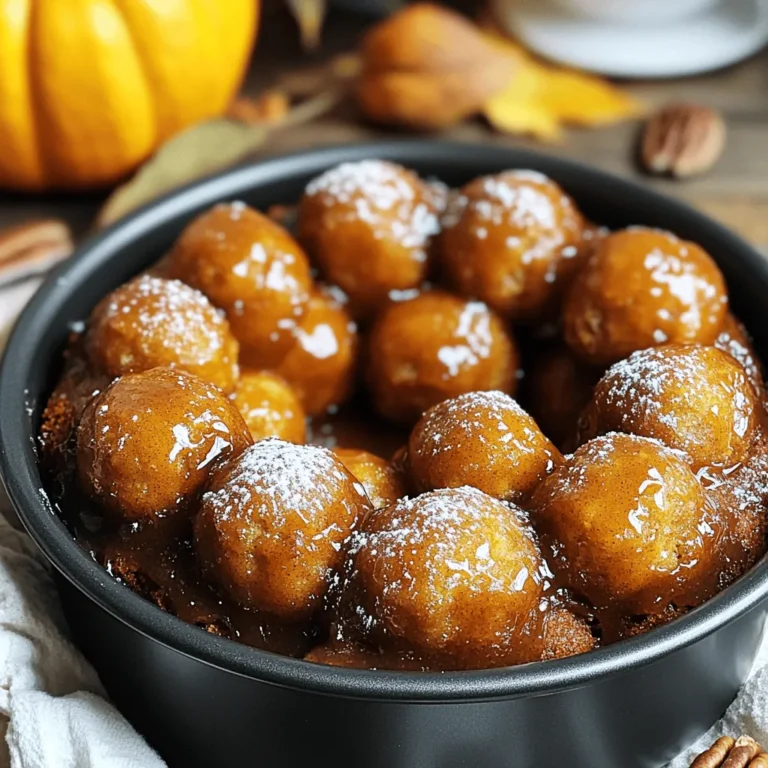 - 2 cans of refrigerated biscuit dough - 1 cup pumpkin puree - 1 cup brown sugar - 1 tablespoon pumpkin spice blend (cinnamon, nutmeg, ginger, allspice) - ½ cup unsalted butter, melted - ½ cup chopped pecans (optional) - 1 teaspoon vanilla extract - Pinch of salt - Powdered sugar for dusting When I make pumpkin spice monkey bread, I focus on fresh, warm flavors. The main ingredient, pumpkin puree, gives the bread its rich taste. I always use good-quality pumpkin puree. It makes a big difference. Next, I choose refrigerated biscuit dough. It saves time and creates a soft texture. Brown sugar brings out the sweetness. I love how it pairs with the spice blend. The pumpkin spice blend contains cinnamon, nutmeg, ginger, and allspice. Each spice adds warmth and depth. Melted unsalted butter is key. It adds moisture and richness. If you like crunch, add chopped pecans. They give a nice texture. A teaspoon of vanilla extract adds a lovely aroma. Lastly, a pinch of salt balances the sweetness. After baking, I dust the top with powdered sugar. It looks pretty and adds a sweet touch. Gather these ingredients, and you are ready to create a delightful treat. - Preheat your oven to 350°F (175°C). - Grease your bundt pan with cooking spray or butter. - In a mixing bowl, combine: - 1 cup pumpkin puree - 1 cup brown sugar - 1 tablespoon pumpkin spice blend - ½ cup melted unsalted butter - 1 teaspoon vanilla extract - A pinch of salt - Mix these ingredients well until smooth. - Open the cans of refrigerated biscuit dough. - Cut each biscuit into quarters. - Roll each quarter into a small ball. - Dip each ball into the pumpkin mixture. - If you like, roll the coated balls in ½ cup chopped pecans for added crunch. - Layer the coated dough balls into the prepared bundt pan. - Pour any leftover pumpkin mixture over the dough balls. - Bake in the preheated oven for 30-35 minutes. - Check for doneness with a toothpick; it should come out clean. - Allow the monkey bread to cool in the pan for 10-15 minutes. - Carefully invert the pan onto a serving platter. - Dust the top with powdered sugar for a festive touch. Serve warm and enjoy pulling apart the pieces. You can add a small bowl of cream cheese frosting on the side for dipping, if you wish! To boost the taste of your monkey bread, try adding more spices. You can mix in a dash of cardamom or cloves for a deeper flavor. Fresh pumpkin puree is key. It gives a rich taste and creamy texture. Canned pumpkin can work, but fresh is always better. If you want extra crunch, bake a bit longer. Keep an eye on it to avoid burning. For a gooey inside, don’t overbake. The top should be golden brown, but the center must remain soft and moist. Serve your monkey bread warm. You can pull it apart easily, making it fun for all. A small bowl of cream cheese frosting makes a tasty dip. For gatherings, place the bread on a nice platter. Dust with powdered sugar for a pretty touch. {{image_2}} You can change some of the ingredients to make this treat your own. Here are some swaps to consider: - Alternative sweeteners or sugars: You can use maple syrup or honey instead of brown sugar. These add unique flavors and keep it sweet. - Different nut types for added crunch: If you want extra crunch, try walnuts or pecans. Both add a nice texture and flavor to the monkey bread. Not everyone can enjoy the same ingredients. Here are some ways to modify the recipe for different diets: - Gluten-free options for biscuit dough: Look for gluten-free refrigerated biscuit dough. It works well and tastes great. - Vegan version of pumpkin spice monkey bread: Use plant-based butter and a flaxseed egg instead of regular butter and eggs. This keeps it vegan while still being delicious. You can also add flavors to change the taste of your monkey bread: - Adding chocolate chips or dried fruit: Toss in some chocolate chips or dried cranberries for a sweet twist. This makes each bite even more fun! - Regional spice blends to try: Experiment with spices like cardamom or allspice. They can make the bread taste unique and exciting, perfect for fall gatherings. To keep your pumpkin spice monkey bread fresh, store it in an airtight container. This helps keep moisture in and air out. Place it in the fridge if you want it to last longer. It should stay good for about three to four days. You can freeze monkey bread for later enjoyment. Wrap it tightly in plastic wrap and then in foil. This keeps it safe from freezer burn. You can freeze it for up to three months. When you’re ready to eat it, thaw it overnight in the fridge. To reheat, place it in the oven at 350°F (175°C) for about 15-20 minutes. This warms it up well and keeps the texture nice. To refresh your monkey bread before serving, warm it in the oven for a few minutes. This brings back the gooey texture. If it seems a bit dry, drizzle some melted butter on top. To keep the flavor strong when stored, avoid letting it sit out too long. Always seal it well after serving. Enjoy every piece of this delightful treat! Pumpkin spice monkey bread is a fun, pull-apart treat. It uses biscuit dough and pumpkin puree. The dough gets coated in a sweet pumpkin spice mixture. It bakes into a soft, gooey delight. You can serve it warm with a dusting of powdered sugar. The flavors of cinnamon, nutmeg, and pumpkin bring fall to your table. Yes, you can use homemade biscuit dough. Make sure it’s soft and easy to work with. Homemade dough can add a fresh taste. Just roll it into small balls, as you would with the refrigerated dough. This gives you more control over the ingredients and flavor. You’ll know the monkey bread is done when it turns golden brown. A toothpick inserted in the center should come out clean. If it’s still wet, bake it a few more minutes. Trust your eyes and the toothpick test to ensure it’s cooked perfectly. Yes, you can prep the monkey bread ahead of time. Make the dough balls and coat them with the pumpkin mixture. Place them in the bundt pan and cover it. Store it in the fridge for up to 24 hours. When you’re ready to bake, let it sit at room temperature for 30 minutes before baking. This makes it easy to enjoy fresh monkey bread anytime. This blog post covered how to make delicious pumpkin spice monkey bread. You learned about the main ingredients and how to prepare them. Each step, from baking to serving, helps create the perfect treat. Plus, I shared tips on flavor and texture enhancements. Don't forget about variations for dietary needs. Lastly, I outlined the best ways to store and refresh leftovers. Enjoy this fun recipe at your next gathering or as a cozy snack! You’ll impress everyone with your tasty creation.