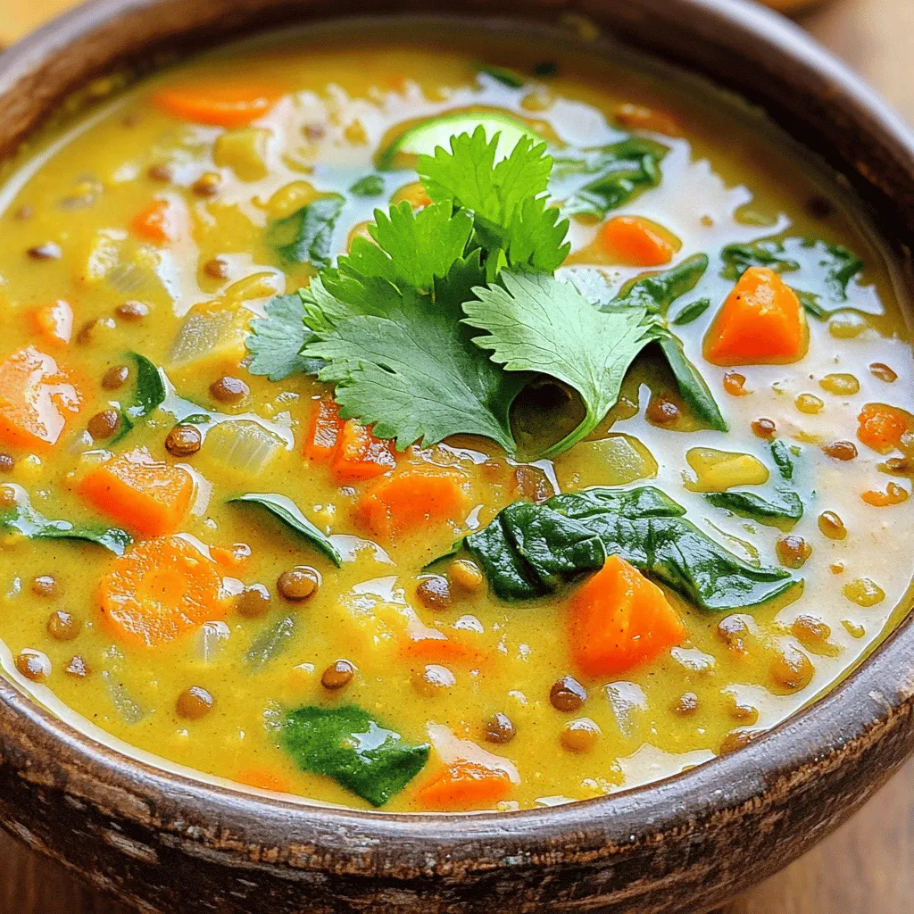- 1 cup dried green or brown lentils, rinsed - 1 can (14 oz) coconut milk - 4 cups vegetable broth - 1 tablespoon coconut oil - 1 onion, diced - 3 cloves garlic, minced - 1 tablespoon fresh ginger, grated - 2 carrots, diced - 1 bell pepper (any color), diced - 2 teaspoons curry powder - 1 teaspoon ground turmeric - 1 teaspoon cumin - 1/2 teaspoon chili powder (adjust for heat preference) - Salt and pepper to taste - 1 cup spinach leaves (fresh or frozen) - Juice of 1 lime - Fresh cilantro, for garnish You can add more depth to your soup. Consider these options: - A dash of soy sauce for umami - A teaspoon of lime zest for extra zing - A pinch of cinnamon for warmth - Peas or corn for added sweetness Not every ingredient may be on hand, and that’s okay! Here are some swaps: - Use yellow lentils instead of green or brown. - Swap vegetable broth for chicken broth for a non-veg option. - Try olive oil instead of coconut oil if you prefer. - Fresh spinach works well, but frozen spinach is a great time saver. - Substitute lemon juice for lime juice if that’s what you have. These tips make it easy to enjoy your slow cooker coconut curry lentil soup. Don't be afraid to play with flavors! Start by gathering your ingredients. You will need dried lentils, coconut milk, vegetable broth, coconut oil, onion, garlic, ginger, carrots, bell pepper, curry powder, turmeric, cumin, chili powder, salt, pepper, spinach, lime, and cilantro. Rinse your lentils under water until it runs clear. This helps remove any dust or debris. Dice the onion and carrots, and mince the garlic and ginger. This will add great flavor to the soup. Heat the coconut oil in a skillet over medium heat. Add the diced onion and sauté for about 3-4 minutes until it turns clear. Stir in the minced garlic and ginger, cooking for one more minute until you smell the aroma. Next, add the rinsed lentils, cooked onion, garlic, ginger, diced carrots, and bell pepper into the slow cooker. Then, add curry powder, turmeric, cumin, chili powder, salt, and pepper to the pot. Pour in the vegetable broth and coconut milk, stirring well to mix everything. Cover the slow cooker. Cook on low heat for 6-8 hours or on high for 4 hours, until the lentils are soft and tender. About 10 minutes before you serve, add the spinach leaves and lime juice. This helps the spinach wilt nicely and gives the soup a fresh taste. Once everything is cooked, taste your soup and adjust the seasoning if needed. Add more salt, pepper, or lime juice as you like. Serve the soup hot in bowls, garnished with fresh cilantro on top. Enjoy the rich flavors of your Slow Cooker Coconut Curry Lentil Soup! When making Slow Cooker Coconut Curry Lentil Soup, avoid these common errors: - Overcooking the lentils: Lentils can turn mushy if cooked too long. Check them near the end of cooking. - Skipping the sauté step: Sautéing onion, garlic, and ginger brings out their flavors. Don’t skip this step! - Not rinsing lentils: Always rinse your lentils to remove dirt. This keeps your soup clean and fresh. - Ignoring seasoning: Taste your soup before serving. Adjust salt, pepper, or lime juice for the best flavor. To customize the heat in your soup, follow these tips: - Use less chili powder: Start with half the amount, then taste. Add more if you want heat. - Add spicy peppers: Consider diced jalapeños or serranos for a fresh kick. - Include hot sauce: A few drops of your favorite hot sauce can spice things up easily. Pair your soup with these tasty sides for a full meal: - Crusty bread: Serve with warm, crusty bread for dipping. - Rice: A scoop of rice adds heartiness. White or brown rice works well. - Salad: A light salad with citrus dressing complements the rich flavors. - Yogurt: A dollop of plain yogurt can cool the spice and add creaminess. {{image_2}} This soup is both vegan and gluten-free. All the ingredients are plant-based. The lentils and coconut milk are naturally free of gluten. You can enjoy this dish without worry. Use vegetable broth to keep it vegan, too. You can easily swap ingredients based on your diet. Try red lentils if you want a faster cook time. Use almond milk instead of coconut milk for a lighter flavor. If you need more protein, add chickpeas. They can make the soup even heartier. Adding herbs and spices can boost the flavor. Fresh basil or mint can give a nice twist. You can add a pinch of cinnamon for warmth. For more heat, try cayenne pepper or red pepper flakes. Adjust spices to fit your taste. Experiment until you find your perfect blend! To store your lentil soup, let it cool first. Pour the soup into airtight containers. Make sure to leave some space at the top. This space helps the soup expand when frozen. Store it in the fridge if you plan to eat it within three days. You can freeze this coconut curry lentil soup too. Use freezer-safe containers or bags. Make sure to label them with the date. This soup can last in the freezer for up to three months. When ready to eat, move it to the fridge overnight to thaw. To reheat, you can use the stove or the microwave. If using the stove, pour the soup into a pot. Heat it on medium until hot, stirring often. If using the microwave, heat in short bursts, stirring between each. This helps it heat evenly. Always check the temperature before you serve. Enjoy your soup warm! It takes about 6 to 8 hours to cook lentils on low. If you choose high heat, it takes around 4 hours. Lentils become soft and creamy during this time. Cooking them slowly helps develop flavors, too. Yes, you can use canned lentils. If you use them, drain and rinse them first. This saves time and still gives you a tasty soup. Just add them during the last 30 minutes of cooking. If you need a substitute for coconut milk, try almond or oat milk. You can also use soy milk for a creamier texture. However, keep in mind that these options will change the flavor a bit. Absolutely! This soup is great for meal prep. It stores well in the fridge for up to five days. You can also freeze it for later. Just make sure to leave out the spinach until you reheat it. This blog post covered all you need to know about making a delicious soup. We explored essential ingredients and tips for flavor. The step-by-step guide helps you prepare and cook it with ease. I shared mistakes to avoid and ways to adjust spiciness. You can also try fun variations for different diets and store your soup properly. In the end, this soup is simple to make and customize. Enjoy it hot or cold, and share it with friends. With these tips, you'll always have a tasty meal ready.
