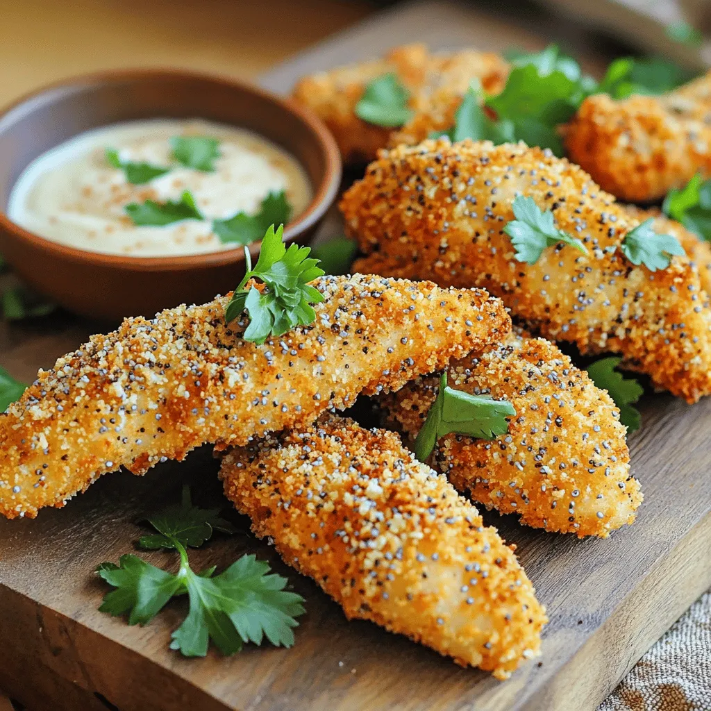 To make Air Fryer Everything Bagel Chicken Tenders, gather these simple ingredients: - 1 pound chicken tenders - 1 cup buttermilk (or dairy-free alternative) - 1 cup all-purpose flour - 1 large egg - 1 cup breadcrumbs (preferably panko for extra crunch) - 3 tablespoons everything bagel seasoning - 1 teaspoon garlic powder - 1 teaspoon onion powder - Salt and pepper to taste - Cooking spray These ingredients work together to create tasty chicken tenders. The buttermilk makes the chicken juicy. The everything bagel seasoning adds a unique twist. Panko breadcrumbs give the tenders a great crunch. You can also use a dairy-free milk for a lighter option. Each ingredient plays a key role in flavor and texture. Start by soaking the chicken tenders in buttermilk. This step is key. It makes the chicken tender and juicy. You should let them soak for at least 30 minutes. If you can, marinate them longer for better flavor. Next, set up three shallow dishes. In the first dish, add all-purpose flour seasoned with salt and pepper. This adds a nice flavor. In the second dish, beat one egg until smooth. In the last dish, mix breadcrumbs with everything bagel seasoning, garlic powder, and onion powder. This gives the chicken a tasty crunch. Now, remove the chicken from the buttermilk. Let the excess buttermilk drip off. First, dredge each tender in the seasoned flour. Shake off any extra flour. Then, dip the chicken into the egg. Finally, coat it well with the breadcrumb mixture. Press the breadcrumbs into the chicken. This ensures a good coating. Preheating the air fryer is important. It helps the chicken cook evenly. Set your air fryer to 400°F (200°C). Let it preheat for about 5 minutes. Lightly spray the air fryer basket with cooking spray. Arrange the coated chicken tenders in a single layer. Make sure they do not touch. This helps them cook well. Spray the tops of the chicken lightly with cooking spray for added crispiness. Cook at 400°F (200°C) for 10-12 minutes. Flip the tenders halfway through. This ensures they brown evenly. The chicken is done when it reaches an internal temperature of 165°F (75°C). After cooking, remove the chicken tenders from the air fryer. Let them rest for a few minutes. This helps keep them juicy. Serve hot with your favorite dipping sauce. Honey mustard and ranch dressing are great choices. Enjoy your delicious meal! To get your chicken tenders extra crispy, here are some simple tips: - Use panko breadcrumbs. They give the best crunch. - Lightly spray cooking oil on the tender tops. This helps them brown nicely. - Preheat your air fryer for about 5 minutes. This step is key for crispiness. When using cooking spray, do this: - Spray the air fryer basket before adding the chicken. This prevents sticking. - Spray the chicken after placing it in the basket. It helps the coating crisp up. Want to kick up the flavor? Try these ideas: - Add more spices to your breadcrumb mix. Consider smoked paprika or cayenne for a kick. - Mix in grated cheese like Parmesan for a savory twist. - Try fresh herbs like parsley or dill. They add a fresh taste. Feel free to get creative and find what you love! Avoid these common errors for the best results: - Overcrowding the air fryer. This makes the chicken steam instead of crisp. - Skipping the marination step. Marinating adds moisture and flavor to the chicken. Don’t rush this step! By following these tips, you’ll make your Air Fryer Everything Bagel Chicken Tenders even better. Enjoy the process! {{image_2}} You can switch up the flavor with different seasonings. Try taco seasoning for a fun twist. Cajun spice adds heat and zest. You can also use lemon pepper for a bright taste. Feel free to mix and match your favorites. Customizing your chicken tenders makes each meal special. If you want to change the protein, there are great options. Turkey tenders work well and stay juicy. You can also use tofu for a vegetarian choice. Shrimp is another tasty alternative that cooks fast. Each option brings its unique flavor to the dish. Making the recipe gluten-free is easy. Use a gluten-free flour blend for breading. For breadcrumbs, try gluten-free panko or crushed rice cereal. If you're dairy-free, replace buttermilk with almond or oat milk. You can also use a dairy-free yogurt. These swaps keep the recipe delicious for everyone. To store your chicken tenders, let them cool down first. Place the tenders in an airtight container. This keeps them fresh and prevents drying out. If you have a lot, use layers of parchment paper between them. This helps avoid sticking. Store them in the fridge for up to three days. Reheating chicken tenders can be tricky. You want them to stay crispy. The best way is to use an air fryer. Preheat the air fryer to 350°F (175°C). Place the tenders in a single layer. Heat for about 5-7 minutes. This method keeps the texture nice and crispy. You can also use an oven at 350°F (175°C) for 10-12 minutes. Just cover them with foil to keep them moist. You can freeze both raw and cooked chicken tenders. For raw tenders, place them in a freezer-safe bag. Remove as much air as possible. Freeze for up to three months. For cooked tenders, let them cool completely. Then, wrap them tightly in plastic wrap and place in a bag. They can last up to two months. When ready to eat, thaw in the fridge before reheating. Everything bagel seasoning is a mix of spices. It usually has sesame seeds, poppy seeds, garlic flakes, onion flakes, and salt. This blend gives a savory flavor that is rich and crunchy. You can use it on various dishes, not just bagels. It adds a nice twist to chicken, vegetables, and even salads. To check if the chicken tenders are ready, use a meat thermometer. The inside should reach 165°F (75°C). Insert the thermometer into the thickest part of the tender. When it hits that temp, your chicken is safe to eat. If you don’t have a thermometer, look for a golden color and clear juices. Yes, you can! To prep ahead, marinate the chicken in buttermilk. Then, bread the tenders and place them in the fridge. They will stay fresh for up to 24 hours. When you’re ready, just air fry them as usual. This saves time on busy days and keeps your meal tasty. Pair these tenders with delicious dipping sauces. Honey mustard is a sweet choice that balances the savory flavor. Ranch dressing adds a creamy touch, making it a favorite for many. You can also try BBQ sauce for a smoky flavor or hot sauce for a kick. These sauces enhance the meal and add fun options. Yes, you can use chicken breasts! Just slice them into strips. Keep in mind that cooking times may change. Chicken breasts may need a bit longer to cook fully. Always check the internal temperature to ensure they are safe to eat. The everything bagel coating works great on both cuts! In this post, I covered how to make everything bagel chicken tenders. You learned the ingredients, cooking steps, and tips for a perfect dish. I shared variations to suit different diets and how to store leftovers. Following these steps will help you enjoy crispy, flavorful tenders at home. Remember to be careful during cooking and have fun with flavors. With practice, you'll master this recipe and impress your friends and family. Enjoy your tasty creation!