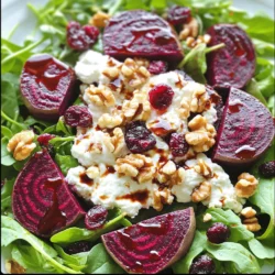 To make a delicious roasted beet goat cheese salad, you need the right ingredients. Here’s what you'll need to gather: - 3 medium beets, peeled and cut into wedges - 2 tablespoons olive oil - Salt and pepper, to taste - 4 cups mixed salad greens (like arugula, spinach, and frisée) - 1/2 cup goat cheese, crumbled - 1/4 cup walnuts, roughly chopped - 1/4 cup dried cranberries or cherries - 2 tablespoons balsamic vinegar - 1 tablespoon honey - 1 teaspoon Dijon mustard Using fresh, high-quality ingredients makes a big difference in flavor. The beets add a sweet earthiness, while the goat cheese provides a creamy tang. The nuts give crunch, and the dried fruit adds a nice touch of sweetness. The dressing ties it all together with a perfect balance of tart and sweet. First, preheat your oven to 400°F (200°C). This step is key for even roasting. Next, take your peeled and cut beet wedges and place them in a bowl. Add 2 tablespoons of olive oil, salt, and pepper. Toss the beets until they are well coated. Now, spread them on a baking sheet lined with parchment paper. Make sure they are in a single layer for even cooking. Roast the beets for 30 to 35 minutes. Stir them halfway through to ensure they cook evenly. You want them tender and slightly caramelized. For the dressing, gather your ingredients: 2 tablespoons balsamic vinegar, 1 tablespoon honey, 1 teaspoon Dijon mustard, salt, and pepper. In a small bowl, combine these ingredients. Use a whisk to mix them well until smooth. This dressing adds a tangy and sweet flavor to the salad. In a large salad bowl, combine 4 cups of mixed salad greens, crumbled goat cheese, 1/4 cup walnuts, and 1/4 cup dried cranberries. These toppings add texture and flavor. Once your beets are done roasting and have cooled slightly, add them to the salad bowl. Drizzle the dressing over the salad. Gently toss everything together until well mixed. Serve this vibrant salad right away for a fresh and tasty dish. To roast beets well, start by setting your oven to 400°F (200°C). This heat helps the beets cook evenly. Cut the beets into wedges, making sure they are similar in size. This helps them roast at the same rate. Toss them with olive oil, salt, and pepper. Use enough oil to coat all the pieces. For extra flavor, consider adding herbs like thyme or rosemary. When you place the beets on the baking sheet, spread them out in a single layer. This way, they won’t steam each other. Stir the beets halfway through roasting for more even cooking. Roast for 30 to 35 minutes until they are tender when pierced with a fork. This salad shines when paired with crusty bread or grilled chicken. The mix of flavors works great with a light white wine. For a colorful presentation, arrange the salad in a large bowl. Layer the greens first, then sprinkle the goat cheese and walnuts on top. Add the roasted beets last for a vibrant look. Drizzle the dressing right before serving to keep the salad fresh. Beets are rich in nutrients. They contain fiber, which aids digestion. They also have antioxidants that support heart health. Goat cheese offers protein and calcium, making it a good choice for strong bones. Walnuts are packed with omega-3 fatty acids, which are great for your heart and brain. Enjoying this salad gives you a tasty way to boost your health. {{image_2}} You can switch up the nuts or seeds in this salad. Instead of walnuts, try pecans or sunflower seeds. They add a nice crunch and a bit of flavor. If you want a nut-free option, use pumpkin seeds. They work well and give a good texture. For the cheese, goat cheese is great, but you can try feta or blue cheese. Both will give a different taste. If you want a creamier salad, consider using burrata. It melts beautifully and adds richness. If you're looking for vegan options, skip the goat cheese. You can use vegan cheese or avocado instead. Both add creaminess while keeping the salad plant-based. For those needing gluten-free adjustments, this salad is already safe. Just ensure any added ingredients are gluten-free. You can enjoy this fresh dish without worry. To keep your leftover salad fresh, store it in an airtight container. This step helps to keep the flavors and textures intact. If you have extra dressing, store it separately. This way, the salad won’t get soggy. You can keep the salad in the fridge for up to three days. However, for the best taste, eat it within the first day. Keep your salad in the coldest part of the fridge. This spot helps maintain freshness. If you notice the greens wilting, try to add more fresh greens before serving. You can also place a paper towel in the container. This trick helps absorb excess moisture and keeps the salad crisp. To refresh the salad before serving, take out the beets and warm them separately. You can heat them in a pan or microwave for a short time until warm. Avoid reheating the greens, cheese, and nuts. Toss them gently with the warm beets and dressing. This method keeps the salad vibrant and tasty. Roasting beets is easy and fun. First, preheat your oven to 400°F (200°C). Next, peel and cut the beets into wedges. Toss the beets with olive oil, salt, and pepper in a bowl. Spread them on a baking sheet lined with parchment paper. Roast for 30 to 35 minutes, stirring halfway through. This method brings out their natural sweetness. Yes, you can prepare some parts ahead. Roast the beets and store them in the fridge. You can also mix the salad greens, cheese, and nuts in a bowl. Just add the beets and dressing right before serving. This keeps everything fresh and vibrant. Adding protein boosts the salad's flavor and makes it filling. You can include grilled chicken, shrimp, or even chickpeas. If you want a meatless option, try adding tofu or quinoa. These choices work well with the sweet beets and tangy goat cheese. When picking beets, look for smooth skin without any blemishes. Choose beets that feel firm and heavy for their size. The color should be bright and deep, showing they are fresh. Avoid soft or shriveled beets, as they may not taste good. This blog post covered how to make a delicious beet salad. You learned about the key ingredients, like beets, goat cheese, and walnuts. I shared step-by-step instructions for roasting the beets and making a tasty dressing. Helpful tips ensured your salad would shine during serving. You also found ways to adapt the recipe for different diets. Remember, fresh salads like this one are fun, colorful, and good for you. Try making it your way and enjoy the flavors!