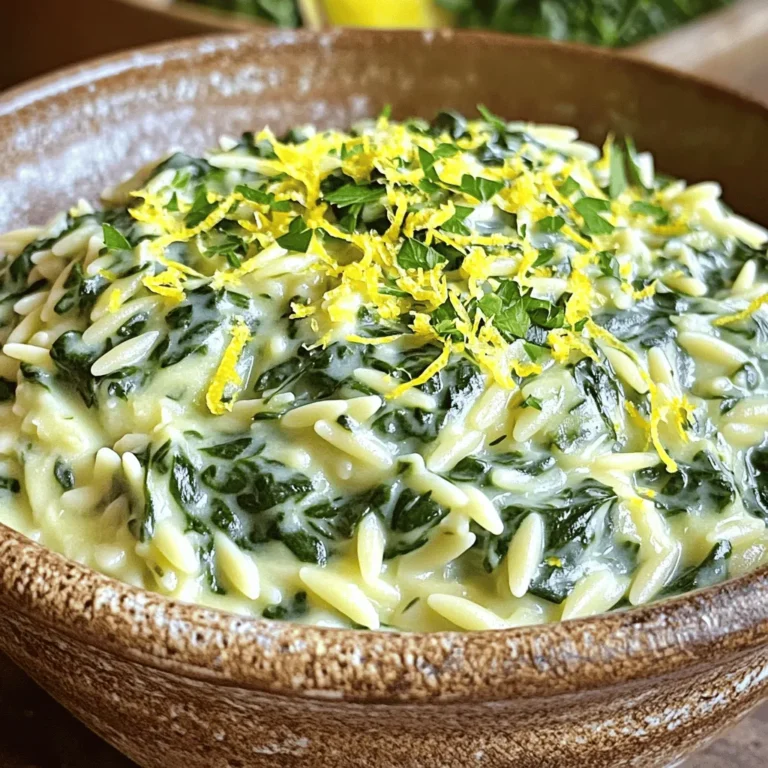 - 1 cup orzo pasta - 2 cups vegetable broth - 1 cup fresh spinach, chopped - 1/2 cup heavy cream - 1/4 cup grated Parmesan cheese (optional) - 1 lemon (zest and juice) - 1 small onion, finely chopped - 2 cloves garlic, minced - 2 tablespoons olive oil - Salt and pepper to taste - Fresh parsley, chopped (for garnish) You need simple ingredients for this dish. First, orzo pasta serves as the base. It cooks quickly and absorbs flavors well. Next, use vegetable broth to add depth. Fresh spinach brings a pop of color and nutrients too. For creaminess, heavy cream is key. It makes the dish rich and smooth. Lemon adds brightness. The zest gives a fragrant note, while the juice adds tang. Parmesan cheese is optional. It adds a nice salty bite if you like. The aromatics elevate the flavors. Onion and garlic create a strong base. Olive oil helps sauté them. Season with salt and pepper to enhance everything. Finish with fresh parsley for a bright touch. These ingredients work together beautifully. Each one plays a role in making the dish special. You can mix and match based on your taste. Happy cooking! - First, chop the onion, garlic, spinach, and parsley. - Next, zest and juice the lemon. Preparing your ingredients makes cooking easier. Chop everything small and even. This helps them cook well. Zesting the lemon adds a fresh kick. The juice will give a nice tang to the dish. - Heat olive oil in a large pot over medium heat. - Sauté the onion and garlic until soft. - Stir in the orzo and vegetable broth. - Simmer until the orzo is al dente. Start by adding olive oil to the pot. When it shines, add onion and garlic. Cook until the onion is clear, about 3-4 minutes. This builds flavor. Then, add the orzo, stirring to coat it with oil. Pour in the vegetable broth and bring to a simmer. Cook for about 8-10 minutes. Stir often until the orzo is firm but tender. - Stir in the fresh spinach and heavy cream. - Add lemon zest and juice. - Mix in Parmesan cheese, if using. Once the orzo is done, lower the heat. Add the chopped spinach and heavy cream. Stir gently until the spinach wilts and the dish is creamy. Don’t forget to mix in the lemon zest and juice. They brighten the flavor! If you want, sprinkle in Parmesan cheese for richness. Season with salt and pepper to taste. To make the dish creamier, adjust the cream. Start with a half cup. If you want more richness, add a bit more. Heavy cream gives a thick texture. If you want a lighter option, use half-and-half or whole milk. These can still give a nice creaminess without being too heavy. Boost the flavor with herbs and spices. Fresh herbs like basil or dill can add a nice twist. Try adding garlic powder or onion powder for more depth. You can also sprinkle in a bit of red pepper flakes for heat. For toppings, consider extra Parmesan cheese or a squeeze of fresh lemon juice. These will elevate your dish and make it pop! Timing is key for perfect orzo. Cook it until it's al dente, which usually takes 8-10 minutes. Stir it often to keep it from sticking. When adding spinach, make sure it wilts just enough. Cook it for about 2 minutes with the heat on low. You want it soft, but still bright green. This ensures the dish stays fresh and tasty. {{image_2}} You can easily boost this dish with protein. Add grilled chicken or shrimp for a heartier meal. Simply cook them separately and stir them in before serving. For a vegetarian option, try chickpeas. They add texture and protein without meat. Just add one can of drained chickpeas during the cooking. You can mix in other greens to add flavor. Kale and arugula work well with this orzo. Just chop them up and stir them in with the spinach. Roasted vegetables also bring a nice touch. Try adding roasted bell peppers or zucchini. This adds depth and sweetness. Making a vegan version is easy. Swap the heavy cream for coconut cream or a plant-based milk. You can use cashew cream for a rich texture. For cheese, skip the Parmesan or use nutritional yeast. This gives a cheesy flavor without dairy. Adjust the seasoning to your taste to keep it vibrant and fresh. After enjoying your one pot creamy lemon spinach orzo, store leftovers in the fridge. Place it in an airtight container. This keeps it fresh for up to three days. To reheat, use the stove or microwave. Add a splash of broth or cream while warming. This helps bring back its creamy texture. For longer storage, freeze your orzo dish. Use freezer-safe containers or bags to keep it safe. This dish can last up to three months in the freezer. When ready to eat, let it thaw in the fridge overnight. Reheat it on the stovetop. Add a little broth or cream to revive the flavor and texture. Make this dish ahead for busy weeknights. Cook a big batch and store it. This saves time when you have a hectic schedule. For easy serving, portion the orzo into containers. You can grab a meal anytime. This way, you always have a tasty meal ready to go! Yes, you can use other pasta types! Some great alternatives include: - Arborio rice for a risotto-like texture - Couscous for a quick-cooking option - Small shells or ditalini for a fun shape Each type will change the dish a bit, but they all work well. Just keep an eye on the cooking time. To make this dish gluten-free, choose gluten-free pasta. Here are some options: - Brown rice pasta - Quinoa pasta - Lentil pasta These choices will keep the dish tasty and creamy without gluten. If you want to swap heavy cream, try these options: - Coconut cream for a dairy-free choice - Cashew cream for a rich, creamy taste - Greek yogurt for a lighter texture These substitutes will keep your dish creamy and delicious! This blog post guides you through making a creamy lemon spinach orzo dish. You learned about the key ingredients, cooking steps, and different variations. Remember, you can add proteins or veggies to fit your taste. Don’t forget tips on storage for leftovers. This dish is versatile and easy to prepare. Enjoy making it your own, and savor every bite!