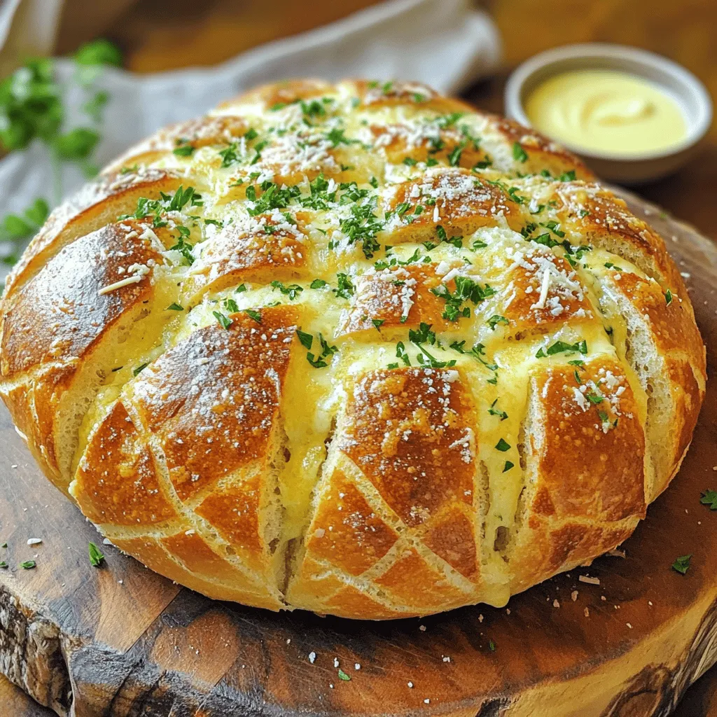 For this recipe, choose a large loaf of artisan bread. You can pick either a round or oval shape. Both types work well, but I prefer round for a classic look. Key ingredients include: - Butter: You need 1/2 cup of unsalted butter. It adds rich flavor and helps the garlic and cheese stick. - Garlic: Four cloves of minced garlic give the bread its strong taste. Fresh garlic is best for a punchy flavor. - Parmesan Cheese: Use 1 cup of grated Parmesan cheese. It melts beautifully and adds a salty kick. You can add red pepper flakes for heat. Just 1/4 teaspoon gives a nice kick without being too spicy. Fresh herbs also make a great garnish. Chopped parsley not only looks nice but adds a fresh taste. You can use other herbs, like basil or oregano, to boost the flavor. This blend of ingredients creates a delicious and aromatic pull-apart bread that is hard to resist. Start by prepping your ingredients. First, mince four cloves of garlic until they are finely chopped. This helps release their strong flavor. Next, gather your dried Italian herbs, like oregano, basil, and thyme. These will add depth to your bread. Now, preheat your oven to 375°F (190°C). This step is key for achieving the perfect texture in the bread. In a small bowl, combine the melted butter with the minced garlic and herbs. Add a pinch of salt to enhance the taste. If you like a little heat, toss in a quarter teaspoon of red pepper flakes. Mix it well. This garlic butter is what makes your bread so tasty. To enhance the flavor, you can let the mixture sit for a few minutes. This allows the herbs to infuse into the butter. For the bread, use a serrated knife. Make deep cuts in a crisscross pattern. Be careful not to cut all the way through the bottom. This way, the bread stays intact while cooking. Next, take your butter mixture and drizzle it generously into each cut. Use a brush or spoon to make sure it seeps deep into the bread. This is where the flavor really builds. Now, sprinkle grated Parmesan cheese evenly over the loaf. Make sure the cheese fills each cut well. This will create a rich, cheesy taste in every bite. Wrap the loaf in aluminum foil and place it on a baking sheet. Bake for 15 to 20 minutes. The cheese should melt, and the bread will heat through. After that, carefully unwrap the foil. Bake for an extra 5 to 10 minutes. This step crisps up the outer layer. You want that perfect crunch on the outside. Once it’s done, let it cool slightly. Garnish with chopped fresh parsley for a pop of color before serving. To make the best Garlic Parmesan Pull-Apart Bread, you need to ensure even distribution of ingredients. Start with the butter mixture. Use a brush or spoon to coat every cut of the bread. Make sure the garlic and herbs seep deep into the crevices. This step adds flavor throughout the loaf. Common mistakes include not cutting deep enough into the bread. If the cuts are shallow, the butter will not soak in well. Avoid this by using a serrated knife and cutting at least halfway through. Another mistake is adding too little cheese. Make sure to sprinkle Parmesan evenly over the loaf. You want every bite to burst with cheesy goodness! For a rustic look, serve the bread on a wooden board. This adds charm and makes it inviting. You can also garnish with fresh parsley for a pop of color. Place extra melted garlic butter in a small dish for dipping. It makes for a delicious treat and encourages sharing. Recommended dipping sauces include marinara or a creamy ranch. These pair well with the rich flavors of the bread. You can even mix your own sauce by combining sour cream with herbs. This adds a nice twist and complements the bread well. {{image_2}} You can change the cheese in this recipe. If you want a stretchier pull, try mozzarella. Its creamy texture makes each pull delightful. Cheddar provides a sharp taste that pairs well with garlic. It adds depth and richness. Mixing cheeses can also create a unique flavor blend. Combine Parmesan with mozzarella for a great mix. Experiment to find your favorite cheese combo! Adding sun-dried tomatoes gives a burst of flavor. They add a tangy taste that brightens the bread. You can also mix in fresh spinach for a pop of color and nutrition. Spinach blends well with garlic and cheese. Herbs can change the whole taste of your bread. Try adding fresh basil or thyme for a fragrant twist. Dried herbs work well too, like oregano or rosemary. Each herb brings its own unique flavor. Don't shy away from mixing various herbs. Let your creativity run wild! To keep your leftover Garlic Parmesan Pull-Apart Bread fresh, follow these steps: - Best Practices for Refrigeration: Wrap the bread tightly in plastic wrap or foil. Place it in an airtight container. This helps keep the bread from drying out. Store it in the fridge for up to three days. - Freezing Instructions for Longer Storage: For longer storage, wrap the bread in plastic wrap, then foil. This double wrap keeps out air and moisture. You can freeze the bread for up to three months. When you're ready to eat, thaw it in the fridge overnight before reheating. To enjoy your leftover bread, reheating is key: - Techniques for Keeping Bread Crispy: Preheat your oven to 350°F (175°C). Unwrap the bread and place it on a baking sheet. Heat for about 10-15 minutes. This method keeps the outer layer crispy while warming the inside. - Using the Oven vs. Microwave: The oven is best for keeping the bread crispy. Microwaving may make it soggy. If you must use the microwave, heat it for just 10-15 seconds on a low setting. Keep an eye on it to avoid overcooking. Can I make this bread in advance? Yes, you can prepare this bread ahead of time. You can slice it and add the garlic butter mix. Wrap it tightly in foil and store it in the fridge. Just bake it when you need it. This keeps the flavors fresh. What's the best type of bread to use? I recommend using a large loaf of artisan bread. Both round and oval shapes work well. This bread has a thick crust, which helps hold the garlic butter and cheese. It also pulls apart easily for serving. Why isn’t my cheese melting properly? If your cheese isn’t melting, check the oven temperature. It should be set to 375°F (190°C). Also, ensure you are using fresh, grated Parmesan cheese. Packaged cheese may not melt as well due to additives. How to fix overly dry bread? If your bread turns out dry, try adding more melted butter next time. You can also drizzle some extra garlic butter on top before serving. This adds moisture and enhances the flavor. If it's already dry, serve it with a side of garlic butter for dipping. Garlic Parmesan Pull-Apart Bread offers a delightful mix of flavor and texture. You learned about the key ingredients, like butter and garlic, and how to prepare them. I shared tips to perfect your bread and avoid common mistakes. You can also explore fun variations and storage tips. In the end, this bread is perfect for gatherings or cozy nights at home. Enjoy making it your own with different cheeses and herbs. The delightful aromas and flavors will surely impress everyone at the table.