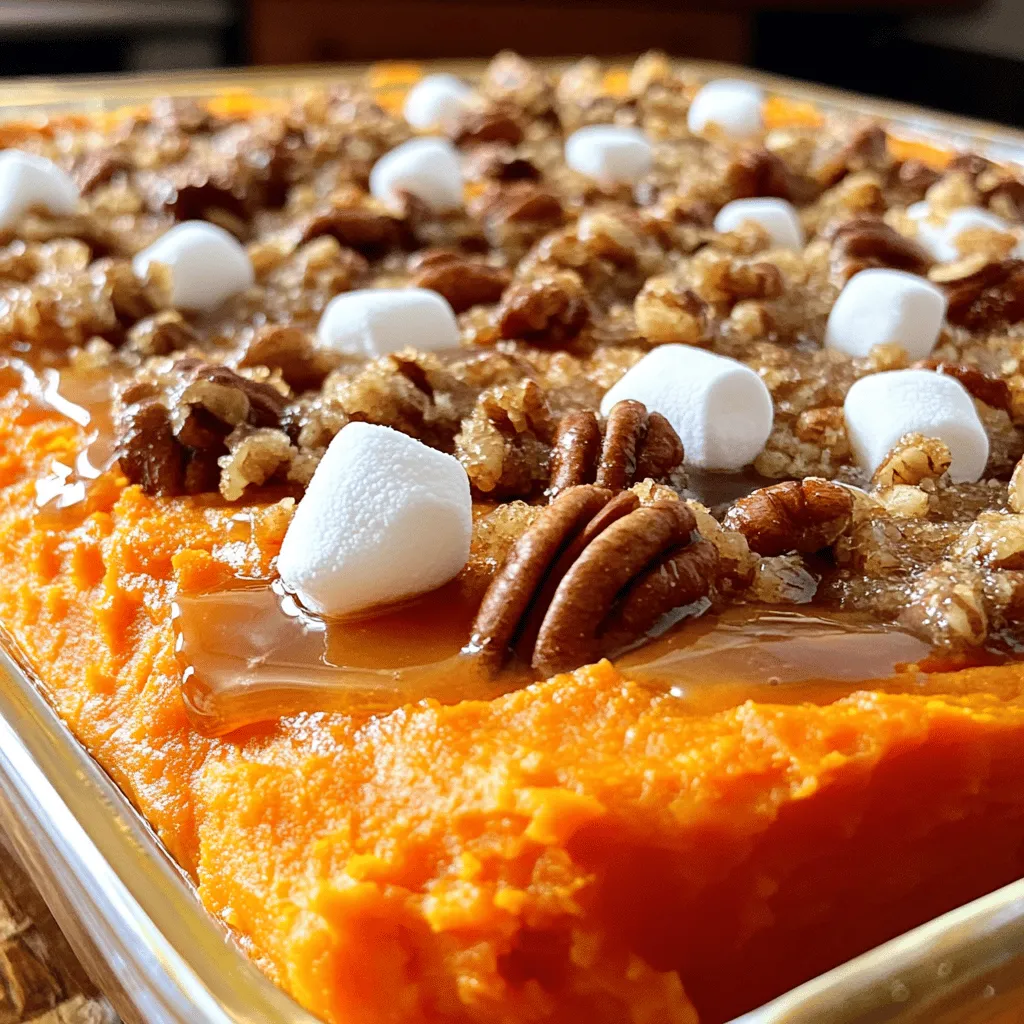 To make a Maple Pecan Sweet Potato Casserole, you need a few key items. Here’s what you’ll gather: - Sweet Potatoes: 4 medium, peeled and cubed - Maple Syrup: 1/2 cup - Unsalted Butter: 1/4 cup, melted - Milk or Non-Dairy Alternative: 1/2 cup - Eggs: 2 large - Vanilla Extract: 1 teaspoon - Ground Cinnamon: 1 teaspoon - Nutmeg: 1/2 teaspoon - Salt: 1/4 teaspoon - Pecans: 1 cup, roughly chopped - Brown Sugar: 1/2 cup - Mini Marshmallows: 1/2 cup (optional, for topping) Each ingredient adds its own flavor and texture. Sweet potatoes are the star of this dish. They bring a creamy base and natural sweetness. Maple syrup enhances that sweetness, while butter adds richness. Milk can help make the casserole smooth and creamy. The eggs act as a binder, holding everything together. Vanilla and spices like cinnamon and nutmeg offer warmth and depth. Salt balances the flavors. Pecans give a crunchy topping and a nutty taste. Brown sugar adds more sweetness and that caramelized look. If you love marshmallows, they can add a fun, gooey touch on top. Gather these ingredients, and you’re ready to create a delicious casserole! Boiling and Mashing Techniques First, peel and cube the sweet potatoes into small pieces. In a large pot, bring water to a boil. Add the sweet potatoes and cook for 15 to 20 minutes. The potatoes are done when you can easily pierce them with a fork. Drain the sweet potatoes and let them cool slightly before mashing. Mashed sweet potatoes should be smooth and fluffy. How to Cool and Handle Sweet Potatoes After mashing, let the sweet potatoes sit for a few minutes. This helps them cool down. Handling them warm is fine, but too hot can be tricky. You want to mix them with other ingredients without burning your hands. Combining Ingredients for Smooth Texture In a large bowl, combine the mashed sweet potatoes with maple syrup, melted butter, milk, eggs, vanilla extract, cinnamon, nutmeg, and salt. Stir well until everything is mixed. Make sure there are no lumps. This should create a creamy texture that is delightful. Importance of Order in Mixing Mix in the ingredients in this order. Start with the mashed sweet potatoes. Then, add the wet ingredients like maple syrup and milk. Finally, add the spices and salt. This order helps blend flavors well and keeps the mixture smooth. Layering the Casserole Properly Pour the sweet potato mixture into a greased 9x13 inch baking dish. Spread it out evenly. In a separate bowl, mix the chopped pecans with brown sugar. Sprinkle this mixture evenly over the sweet potato layer. If you like, add mini marshmallows on top for extra sweetness. Baking Time and Temperature Guidelines Preheat your oven to 350°F (175°C). Bake the casserole for 30 to 35 minutes. You want it heated through, and the pecan topping should be golden. Let the casserole cool for a few minutes before serving. This will help the layers set a bit. - Ensuring Creaminess: To get that perfect creamy texture, use fresh sweet potatoes. Boil them until soft, then mash them well. Add milk slowly to control the creaminess. You want a smooth mix. - Avoiding Overmixing: When you combine the ingredients, mix just until blended. Overmixing can make the casserole dense and less fluffy. - Pairing with Main Dishes: Maple pecan sweet potato casserole goes well with roasted turkey or glazed ham. The sweetness balances savory meats. You can also serve it alongside a fresh salad for a nice contrast. - Best Serving Temperature: Serve this casserole warm. It tastes best right out of the oven. Allow it to cool for a few minutes before diving in. - Tips for Ingredient Substitutions: If you want to swap ingredients, use coconut milk for a dairy-free option. You can also use agave syrup instead of maple syrup, but it will change the flavor. - Avoiding Overbaking: Keep an eye on the casserole while it bakes. It should be golden on top, not burnt. If it looks done but feels soft, give it some extra time. Use a toothpick to check if it’s set. {{image_2}} For a vegan twist, you can easily swap out the eggs and milk. Instead of eggs, use flaxseed meal. Mix one tablespoon of flaxseed with three tablespoons of water. Let it sit for five minutes to thicken. This gives the same binding effect as eggs. For the milk, choose almond, soy, or oat milk. These options keep the dish creamy and delicious while being plant-based. To make this casserole gluten-free, you only need to check your ingredients. Ensure your maple syrup and brown sugar are gluten-free. Most brands are safe, but it’s good to check labels. For the topping, use gluten-free oats mixed with the pecans. This adds a nice crunch without any gluten. If marshmallows aren’t your thing, there are plenty of other tasty toppings. You can use crushed graham crackers for a sweet crunch. Another great option is coconut flakes. They add a nice chew and extra flavor. For nut or fruit toppings, try walnuts or pecans mixed with dried cranberries. Both choices bring more texture and flavor to your casserole. Store your casserole in an airtight container. This keeps it fresh and safe. Put it in the fridge right after serving. Your Maple Pecan Sweet Potato Casserole will last about 3 to 5 days. You can reheat the casserole in the oven or the microwave. If using the oven, preheat it to 350°F (175°C). Cover the casserole with foil to keep it moist. Bake for about 15 to 20 minutes. For the microwave, heat in short bursts. Stir in between to help it warm evenly. This way, your casserole stays creamy and tasty. To freeze the casserole, let it cool completely. Wrap it tightly in plastic wrap and then foil. This keeps out air and prevents freezer burn. It can last up to 3 months in the freezer. When you want to eat it, move it to the fridge overnight to thaw. Once thawed, reheat it in the oven or microwave as described above. Enjoy your delicious treat again! Yes, you can prepare this casserole in advance. To do this, follow these steps: - Cook and mash the sweet potatoes as directed. - Combine all the other ingredients and mix well. - Transfer the mixture to your baking dish. - Cover it tightly with foil and store it in the fridge. You can prepare it a day ahead. The next day, bake it straight from the fridge. Just add a few extra minutes to the baking time. If you don’t have maple syrup, you can use honey or agave nectar. Both work well in this recipe. You can also try brown sugar dissolved in water. This gives a similar sweetness, but it may change the flavor a bit. Start with the same amount and adjust to your taste. Look for these signs to check if your casserole is ready: - The pecan topping should be golden brown. - The edges will be bubbling slightly. - A knife inserted in the middle should come out clean. These signs mean your casserole is perfectly baked and ready to enjoy! This blog post covered how to make a delicious Maple Pecan Sweet Potato Casserole, from gathering the best ingredients to perfecting the baking process. You learned how to boil and mash sweet potatoes, mix everything smoothly, and avoid common mistakes. With tips for variations and storage, you now have many ideas to try. Enjoy experimenting with this dish, and share it with family and friends. Your sweet potato casserole can be a standout at any meal!