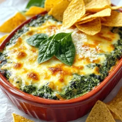 - 2 cups fresh spinach, chopped - 1 cup cream cheese, softened - 1 cup sour cream - 1 cup shredded mozzarella cheese - 1/2 cup grated Parmesan cheese - 1/2 cup diced artichoke hearts - 2 cloves garlic, minced - 1 teaspoon onion powder - 1/2 teaspoon red pepper flakes (optional) - Salt and pepper to taste - Tortilla chips or sliced baguette, for serving - Fresh spinach: This is the star of the dish. It adds a nice green color and a healthy touch. - Cream cheese: This gives the dip a rich and creamy base. It blends well with other ingredients. - Sour cream: This adds a tangy flavor and makes the dip smooth. It balances the richness of the cream cheese. - Mozzarella cheese: This cheese melts well. It makes the dip stretchy and gooey, which everyone loves. - Parmesan cheese: This cheese adds a sharp, nutty flavor. It gives the dip depth and richness. - Artichoke hearts: These add a unique taste. They bring a slightly tangy flavor and a nice texture. - Garlic: Fresh garlic adds a bold flavor. It enhances the overall taste of the dip. - Onion powder: This gives a mild onion flavor. It blends well without being overpowering. - Red pepper flakes: These add a hint of heat. You can skip them if you prefer a milder dip. - Salt and pepper: These basic seasonings bring all the flavors together. They enhance every bite. - Tortilla chips or sliced baguette: These are for dipping. They provide a crunchy contrast to the creamy dip. - 1 cup equals about 240 milliliters. - 1/2 cup equals about 120 milliliters. - 2 cloves of garlic is roughly 6 grams. Start by gathering all your ingredients. You need: - 2 cups fresh spinach, chopped - 1 cup cream cheese, softened - 1 cup sour cream - 1 cup shredded mozzarella cheese - 1/2 cup grated Parmesan cheese - 1/2 cup diced artichoke hearts - 2 cloves garlic, minced - 1 teaspoon onion powder - 1/2 teaspoon red pepper flakes (optional) - Salt and pepper to taste Wash and chop the spinach. Chop it finely so it blends well. Next, soften the cream cheese. You can do this by leaving it out for a bit or microwaving it for a few seconds. Gather your garlic and artichokes too. In a medium bowl, mix the softened cream cheese and sour cream. Use a spatula to combine them until smooth. This step is key for a creamy dip. Then, add the chopped spinach and diced artichoke hearts. After that, stir in the minced garlic, onion powder, and red pepper flakes if you like a little heat. Mix well until everything is evenly combined. Finally, fold in the mozzarella and Parmesan cheese. Don’t forget to add salt and pepper to taste. This gives your dip a nice boost of flavor. Now it's time to bake! Preheat your oven to 375°F (190°C). Transfer the dip mixture into a baking dish and spread it out evenly. Bake for 25-30 minutes. Look for a bubbly, golden top. Once done, take it out of the oven. Let it cool for a few minutes before serving. Serve warm with tortilla chips or sliced baguette. For a fancy touch, sprinkle some extra Parmesan on top and add a few fresh spinach leaves. Enjoy! To make your dip extra creamy, use softened cream cheese. It blends well with sour cream. Mix both until smooth. Use fresh spinach for more moisture. If you want a richer flavor, add a bit more sour cream. The key is to stir gently so you keep that creamy feel. You can prepare this dip in advance. Mix all the ingredients and store in the fridge. Just cover it tightly. When you are ready, bake it straight from the fridge. You might need to add a few extra minutes to the baking time. This saves time when you have guests over. One big mistake is overbaking the dip. Keep an eye on it to avoid a dry dip. Also, don’t skip the seasonings. Salt and pepper are key for flavor. Finally, make sure the cheeses are well mixed. Uneven mixing can lead to clumps, which is not what you want. {{image_2}} You can boost your cheesy baked spinach dip with added protein. Cooked chicken, diced and mixed in, adds richness. Crispy bacon crumbles provide a smoky flavor. Both options make the dip heartier. For chicken, use rotisserie for ease. For bacon, choose thick cut for more texture. If you prefer a meatless dip, try adding more veggies. Chopped bell peppers or mushrooms work well. You can also add beans for fiber and protein. White beans blend smoothly and add creaminess. These alternatives keep the dip tasty and satisfying while catering to different diets. Adding spices and herbs can elevate the dip's flavor. Try adding garlic powder for extra zest. Fresh herbs like parsley or basil add freshness. A squeeze of lemon juice brightens up the dip. If you like heat, increase the red pepper flakes. These simple additions create a dip that’s truly unique. To keep your cheesy baked spinach dip fresh, let it cool first. Then, place it in an airtight container. Store it in the fridge for up to three days. Make sure to cover it tightly to prevent it from drying out. Label it with the date so you remember when you made it. When you're ready to enjoy the dip again, you can reheat it easily. The best way is to use an oven. Preheat it to 350°F (175°C). Place the dip in an oven-safe dish. Heat for about 15-20 minutes until it is warm and bubbly. You can also use a microwave. Just heat it on medium power for 1-2 minutes. Stir it halfway through to ensure even heating. If you want to save some for later, freezing is a great option. First, let the dip cool completely. Then, scoop it into a freezer-safe container. Leave some space at the top for expansion. You can freeze it for up to two months. When you're ready to eat it, thaw it in the fridge overnight. Reheat it as mentioned above for the best taste. Yes, you can use frozen spinach. Just thaw it first and drain all the water. Frozen spinach is convenient and saves time. It also works well in this dip. Keep in mind that fresh spinach has a brighter taste. Frozen spinach can make the dip a bit softer, but it still tastes great! The dip lasts about three to four days in the fridge. Store it in a tight container to keep it fresh. When you want to eat it again, just heat it up. Check for any odd smells or colors before eating. If it seems off, it’s best to toss it. You can serve this dip with many tasty options. Tortilla chips are a classic choice. Sliced baguette is also great for dipping. Fresh veggie sticks like carrots and celery add a nice crunch. You can even use crackers for a fun twist. All these options enhance the creamy flavors of the dip! This blog covered the key ingredients for a tasty cheesy baked spinach dip. I explained each ingredient's role and how to measure them correctly. You learned easy step-by-step instructions for prepping, mixing, baking, and serving your dip. I shared tips for a creamy texture, make-ahead ideas, and common mistakes to avoid. You also saw variations with protein, vegetarian options, and flavor tweaks. Finally, I provided storage tips to keep leftovers fresh. With this knowledge, you can create a delicious dip that impresses your guests and sparks joy in every bite. Enjoy your cooking!