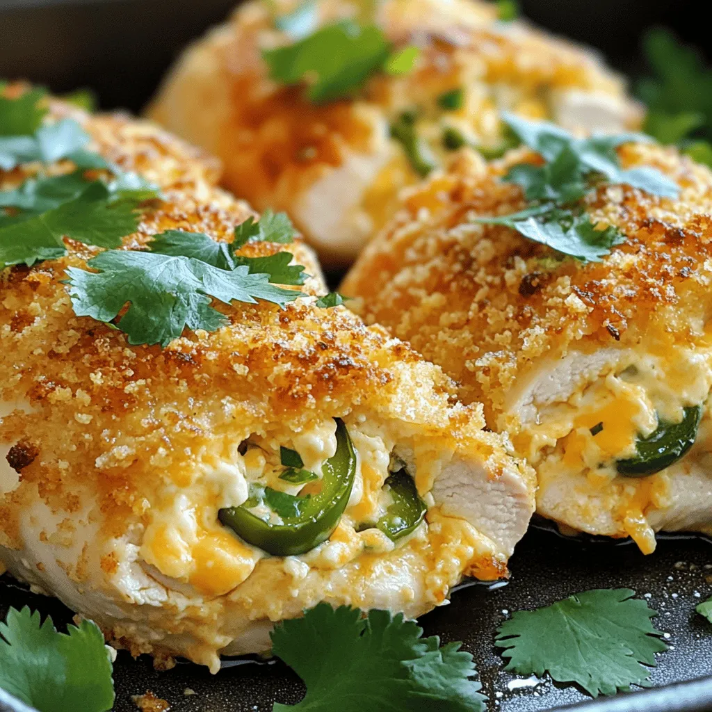 - 4 boneless, skinless chicken breasts - 1 cup cream cheese, softened - 1 cup shredded cheddar cheese - 1/2 cup jalapeños, finely chopped (seeds removed for less heat) - 1 tablespoon garlic powder - 1 teaspoon onion powder - 1 teaspoon smoked paprika - Salt and pepper to taste The main ingredients in this dish make it rich and tasty. The chicken breasts are the base, holding in all the flavors. Cream cheese and cheddar cheese create a creamy texture that melts perfectly. Jalapeños add a nice kick, but you can control the heat by removing the seeds. The garlic and onion powders give a nice depth of flavor, while smoked paprika adds a subtle, smoky touch. - 1/4 cup breadcrumbs - 2 tablespoons olive oil The breadcrumbs help create a crispy top. When you sprinkle them on and bake, they turn golden. Olive oil is essential for searing the chicken. It adds moisture and flavor while helping the chicken to brown nicely. - Fresh herbs - Additional cheese Adding fresh herbs like cilantro or parsley not only looks great but also adds freshness. If you love cheese, sprinkle a bit more on top before baking for an extra cheesy goodness. These garnishes can elevate your dish, making it even more appealing to serve. - Preheat the oven to 375°F (190°C). - In a medium bowl, mix together: - 1 cup cream cheese, softened - 1 cup shredded cheddar cheese - 1/2 cup finely chopped jalapeños (remove seeds for less heat) - 1 tablespoon garlic powder - 1 teaspoon onion powder - 1 teaspoon smoked paprika - Salt and pepper to taste This cheese mixture is where the magic begins. The creamy cheese blends well with the spicy jalapeños, creating a rich filling. - To create a pocket, carefully slice each chicken breast. Cut deep but don’t go all the way through. - Generously stuff each chicken breast with the cheese mixture. Use toothpicks to secure the opening if needed. Make sure to pack it in well! You want every bite to be bursting with flavor. - Heat 2 tablespoons of olive oil in an oven-safe skillet over medium-high heat. - Add the stuffed chicken breasts. Sear for 3-4 minutes on each side until golden brown. This step locks in the juices and adds a lovely color. - Sprinkle breadcrumbs evenly over the tops of the chicken. - Transfer the skillet to the preheated oven. Bake for 20-25 minutes. Check that the chicken is cooked through. Juices should run clear, and the internal temperature should reach 165°F (75°C). Baking brings everything together, making the chicken tender and juicy. - Remove the skillet from the oven and let the chicken rest for 5 minutes before serving. Resting helps keep the meat juicy. Enjoy your delicious creation! To cook chicken just right, aim for a temperature of 375°F (190°C). This heat helps the chicken cook evenly. Check the doneness by using a meat thermometer. The thickest part should reach 165°F (75°C). This way, you ensure the chicken is juicy and safe to eat. Using fresh ingredients makes a big difference. Fresh jalapeños bring bright flavor. You can adjust the spice level by adding more jalapeños or using milder peppers. For those who prefer less heat, be sure to remove the seeds. Fresh herbs can also boost the flavor for a vibrant taste. When serving, slice the chicken in half. This reveals the creamy, cheesy filling inside. Place it on a plate and add a garnish of fresh cilantro or parsley. This adds a nice pop of color. You can also drizzle a little sauce around the chicken for an elegant touch. {{image_2}} You can switch up the cheese in this recipe. Cream cheese is a great base. If you want a twist, try goat cheese or feta. They add a tangy flavor. A blend of cheeses works well too. Mix cheddar with mozzarella for a stretchy, melty bite. You can also try pepper jack for extra kick! Want more heat? Add more jalapeños to the filling. Keep the seeds for a fiery kick. If you like variety, use different peppers. Poblano or serrano peppers can give it a unique flavor. Remember, the more peppers you add, the spicier it gets. Adjust to your taste! If chicken isn’t your thing, try turkey or pork. Turkey breasts are lean and juicy. Pork chops can also work well, adding a nice flavor. For a vegetarian option, use large mushrooms or eggplant. They soak up flavors beautifully. Slice them thick and stuff just like chicken! - Refrigeration guidelines: Place leftover jalapeño popper stuffed chicken in an airtight container. Store it in the fridge for up to 3 days. Make sure to cool the chicken to room temperature before sealing it. - Freezing instructions: You can freeze the stuffed chicken for up to 3 months. Wrap each piece tightly in plastic wrap, then place in a freezer-safe bag. Label the bag with the date. - Best methods for reheating: The best way to reheat leftover chicken is in the oven. Preheat the oven to 350°F (175°C). Place the chicken on a baking sheet and cover it with foil to keep it moist. Heat for about 15-20 minutes. - Ensuring chicken remains moist: To keep the chicken juicy, add a splash of chicken broth to the baking dish. This helps to steam the chicken as it warms up. Always check that it reaches an internal temperature of 165°F (75°C) before serving. How long do I cook the chicken? Cook the chicken for 20 to 25 minutes in the oven. Use a meat thermometer to check the internal temperature. It needs to reach 165°F (75°C) to be safe to eat. Can I make this ahead of time? Yes, you can prepare the chicken in advance. Stuff the chicken breasts and store them in the fridge for up to 24 hours. Just bake them when you are ready to serve. What to serve with stuffed chicken? Pair the stuffed chicken with a fresh salad or roasted vegetables. A side of rice or quinoa also complements the dish well. The creamy filling balances nicely with lighter sides. Side dish ideas and pairings Consider serving: - Garlic mashed potatoes - Steamed broccoli - Grilled corn on the cob - Cauliflower rice These sides enhance the meal while adding flavor and texture. Low-carb or gluten-free adaptations To make it low-carb, skip the breadcrumbs. You can use crushed pork rinds instead. For a gluten-free option, use gluten-free breadcrumbs or almond flour. Nut-free variations This recipe is nut-free as written. Ensure all ingredients, especially cheese, are made without nuts. Always check labels to be safe. In this blog post, we covered how to make delicious stuffed chicken. We discussed the main ingredients like chicken breasts and cheese, along with tips on preparation and cooking. You learned about variations to keep the meal fresh and exciting. Remember, great cooking starts with good ingredients and love. Keep experimenting with flavors. You can create amazing meals that taste great and fill your home with joy. Happy cooking!