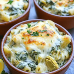 This dish is rich and creamy, and it needs good ingredients. Here’s what you need: - 8 oz (225g) penne pasta - 1 tablespoon olive oil - 2 cloves garlic, minced - 1 cup frozen spinach, thawed and drained - 1 can (14 oz) artichoke hearts, drained and chopped - 1 cup cream cheese, softened - 1 cup sour cream - 1 cup grated Parmesan cheese - 1 teaspoon lemon zest - Salt and pepper to taste - 1 cup shredded mozzarella cheese - 1/2 teaspoon red pepper flakes (optional) - Fresh parsley for garnish These ingredients bring a lot of flavors. The cream cheese and sour cream give it a rich texture. The spinach and artichokes add freshness and depth. You can switch some ingredients if needed. Here are a few ideas: - Use rotini or fusilli pasta instead of penne. - Swap olive oil for butter for a richer taste. - Greek yogurt can replace sour cream for a lighter option. - If you don’t have artichokes, try using sundried tomatoes. These swaps can make the dish fit your taste or what you have on hand. To make this bake even better, consider these add-ins: - Cooked chicken for extra protein. - Sun-dried tomatoes for a tangy kick. - Spinach can be fresh instead of frozen. - A sprinkle of Italian herbs like oregano or basil for more flavor. These add-ins will make the pasta bake even more exciting and delicious. First, gather all your ingredients. You need: - 8 oz (225g) penne pasta - 1 tablespoon olive oil - 2 cloves garlic, minced - 1 cup frozen spinach, thawed and drained - 1 can (14 oz) artichoke hearts, drained and chopped - 1 cup cream cheese, softened - 1 cup sour cream - 1 cup grated Parmesan cheese - 1 teaspoon lemon zest - Salt and pepper to taste - 1 cup shredded mozzarella cheese - 1/2 teaspoon red pepper flakes (optional) - Fresh parsley for garnish Preheat your oven to 375°F (190°C). This step is key to a nice bake. Next, cook the penne pasta. Follow the package instructions until it is al dente. This means it should still have a slight bite. Drain the pasta and set it aside. In a large skillet, heat the olive oil over medium heat. Add the minced garlic. Sauté for one to two minutes until you smell that wonderful garlic scent. Then, stir in the thawed spinach and chopped artichoke hearts. Cook them together for another two to three minutes. This will blend the flavors. In a large mixing bowl, mix the cream cheese, sour cream, grated Parmesan cheese, and lemon zest. Blend until the mixture is smooth. Now, add the cooked pasta to this creamy mix. Toss in the spinach and artichoke mixture too. Stir well so everything gets coated. Season with salt, pepper, and red pepper flakes if you like a little heat. Pour this pasta mixture into a greased 9x13 inch baking dish. Spread it evenly. Top with the shredded mozzarella cheese. Bake in the preheated oven for 25 to 30 minutes. You want the cheese to be bubbly and golden brown. Once it’s done, take it out and let it sit for five minutes before you serve. Garnish with fresh parsley for a nice touch. Enjoy your creamy spinach artichoke pasta bake! To achieve the best creamy texture, use softened cream cheese. This helps it blend easily. Mix it with sour cream and Parmesan cheese until smooth. If the mixture is too thick, add a splash of milk or cream. This extra liquid will give you that perfect creaminess. Don’t forget the lemon zest! It adds a nice brightness to the creamy sauce. To keep your pasta moist, cook it just until al dente. This means it should still have a slight bite. After draining, toss the pasta with a bit of olive oil. This will coat it and prevent sticking. When mixing the pasta with the creamy sauce, do it while the pasta is still warm. Warm pasta absorbs the sauce better and keeps it from drying out. For a lovely presentation, serve the pasta bake in individual bowls. Top it with extra Parmesan cheese. A sprinkle of fresh parsley adds color and flavor. Serve with a lemon wedge on the side. This gives it a fresh kick when squeezed over the bake. Pair it with a simple green salad for balance. Enjoy your delicious, creamy dish! {{image_2}} You can easily make this dish vegetarian. Just skip the meat and focus on the veggies. The spinach and artichokes already give a tasty punch. You might add mushrooms or bell peppers for extra flavor. Zucchini also works well. These ingredients will make each bite fun and fresh. If you want more protein, try adding chicken or sausage. Cooked, shredded chicken blends well with the creamy sauce. You can use leftover rotisserie chicken for ease. For sausage lovers, Italian sausage adds a nice kick. Just brown it in the pan before mixing it in. This will give your pasta bake a hearty twist. For a gluten-free option, swap out regular pasta for gluten-free penne. Many brands have great choices that taste just as good. You can also check the label on your cream cheese and sour cream. Most of these products are already gluten-free. This way, everyone can enjoy the dish without worry. To keep your creamy spinach artichoke pasta bake fresh, let it cool first. Once cool, place it in an airtight container. This helps lock in moisture and flavor. Store it in the fridge. It will stay fresh for up to three days. If you want to save some for later, freezing is a great choice. First, let the dish cool completely. Then, transfer it to a freezer-safe container. You can also use freezer bags for easier storage. Label the bag with the date. The pasta bake can last up to two months in the freezer. When you’re ready to enjoy it again, remove it from the fridge or freezer. If frozen, let it thaw overnight in the fridge. To reheat, place the pasta bake in the oven at 350°F (175°C). Cover it with foil to prevent drying out. Heat for about 20 minutes, or until warm throughout. If you like, you can add a little extra cheese on top for that gooey goodness! Enjoy your meal! You can store the Creamy Spinach Artichoke Pasta Bake in the fridge for up to four days. Be sure to keep it in an airtight container. This helps keep it fresh and tasty. If you want to enjoy it later, you can freeze it too. Just wrap it well in plastic wrap and foil. It can last up to three months in the freezer. Yes, you can make this pasta bake ahead of time. Prepare all your ingredients and mix them together. Instead of baking it right away, cover the dish tightly and store it in the fridge. You can bake it later when you're ready to serve. Just remember to add a few extra minutes to the baking time if your dish is cold from the fridge. This pasta bake goes well with a fresh salad. A simple green salad with lemon vinaigrette works great. You can also serve it with garlic bread or a crusty baguette. These sides add a nice crunch and balance the creaminess of the pasta. For something lighter, try steamed vegetables or roasted asparagus. They add color and nutrition to your meal. This creamy spinach artichoke pasta bake is a tasty dish packed with flavor. You learned about the main ingredients, useful substitutions, and ways to enhance taste. I shared clear steps for cooking and baking, along with simple tips to get the perfect texture. The recipe offers vegetarian options and room for added proteins. Proper storage and reheating help keep leftovers fresh. Remember, the right sides can elevate your meal. Enjoy this recipe and make it your own!