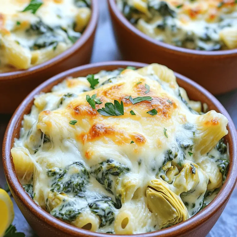 This dish is rich and creamy, and it needs good ingredients. Here’s what you need: - 8 oz (225g) penne pasta - 1 tablespoon olive oil - 2 cloves garlic, minced - 1 cup frozen spinach, thawed and drained - 1 can (14 oz) artichoke hearts, drained and chopped - 1 cup cream cheese, softened - 1 cup sour cream - 1 cup grated Parmesan cheese - 1 teaspoon lemon zest - Salt and pepper to taste - 1 cup shredded mozzarella cheese - 1/2 teaspoon red pepper flakes (optional) - Fresh parsley for garnish These ingredients bring a lot of flavors. The cream cheese and sour cream give it a rich texture. The spinach and artichokes add freshness and depth. You can switch some ingredients if needed. Here are a few ideas: - Use rotini or fusilli pasta instead of penne. - Swap olive oil for butter for a richer taste. - Greek yogurt can replace sour cream for a lighter option. - If you don’t have artichokes, try using sundried tomatoes. These swaps can make the dish fit your taste or what you have on hand. To make this bake even better, consider these add-ins: - Cooked chicken for extra protein. - Sun-dried tomatoes for a tangy kick. - Spinach can be fresh instead of frozen. - A sprinkle of Italian herbs like oregano or basil for more flavor. These add-ins will make the pasta bake even more exciting and delicious. First, gather all your ingredients. You need: - 8 oz (225g) penne pasta - 1 tablespoon olive oil - 2 cloves garlic, minced - 1 cup frozen spinach, thawed and drained - 1 can (14 oz) artichoke hearts, drained and chopped - 1 cup cream cheese, softened - 1 cup sour cream - 1 cup grated Parmesan cheese - 1 teaspoon lemon zest - Salt and pepper to taste - 1 cup shredded mozzarella cheese - 1/2 teaspoon red pepper flakes (optional) - Fresh parsley for garnish Preheat your oven to 375°F (190°C). This step is key to a nice bake. Next, cook the penne pasta. Follow the package instructions until it is al dente. This means it should still have a slight bite. Drain the pasta and set it aside. In a large skillet, heat the olive oil over medium heat. Add the minced garlic. Sauté for one to two minutes until you smell that wonderful garlic scent. Then, stir in the thawed spinach and chopped artichoke hearts. Cook them together for another two to three minutes. This will blend the flavors. In a large mixing bowl, mix the cream cheese, sour cream, grated Parmesan cheese, and lemon zest. Blend until the mixture is smooth. Now, add the cooked pasta to this creamy mix. Toss in the spinach and artichoke mixture too. Stir well so everything gets coated. Season with salt, pepper, and red pepper flakes if you like a little heat. Pour this pasta mixture into a greased 9x13 inch baking dish. Spread it evenly. Top with the shredded mozzarella cheese. Bake in the preheated oven for 25 to 30 minutes. You want the cheese to be bubbly and golden brown. Once it’s done, take it out and let it sit for five minutes before you serve. Garnish with fresh parsley for a nice touch. Enjoy your creamy spinach artichoke pasta bake! To achieve the best creamy texture, use softened cream cheese. This helps it blend easily. Mix it with sour cream and Parmesan cheese until smooth. If the mixture is too thick, add a splash of milk or cream. This extra liquid will give you that perfect creaminess. Don’t forget the lemon zest! It adds a nice brightness to the creamy sauce. To keep your pasta moist, cook it just until al dente. This means it should still have a slight bite. After draining, toss the pasta with a bit of olive oil. This will coat it and prevent sticking. When mixing the pasta with the creamy sauce, do it while the pasta is still warm. Warm pasta absorbs the sauce better and keeps it from drying out. For a lovely presentation, serve the pasta bake in individual bowls. Top it with extra Parmesan cheese. A sprinkle of fresh parsley adds color and flavor. Serve with a lemon wedge on the side. This gives it a fresh kick when squeezed over the bake. Pair it with a simple green salad for balance. Enjoy your delicious, creamy dish! {{image_2}} You can easily make this dish vegetarian. Just skip the meat and focus on the veggies. The spinach and artichokes already give a tasty punch. You might add mushrooms or bell peppers for extra flavor. Zucchini also works well. These ingredients will make each bite fun and fresh. If you want more protein, try adding chicken or sausage. Cooked, shredded chicken blends well with the creamy sauce. You can use leftover rotisserie chicken for ease. For sausage lovers, Italian sausage adds a nice kick. Just brown it in the pan before mixing it in. This will give your pasta bake a hearty twist. For a gluten-free option, swap out regular pasta for gluten-free penne. Many brands have great choices that taste just as good. You can also check the label on your cream cheese and sour cream. Most of these products are already gluten-free. This way, everyone can enjoy the dish without worry. To keep your creamy spinach artichoke pasta bake fresh, let it cool first. Once cool, place it in an airtight container. This helps lock in moisture and flavor. Store it in the fridge. It will stay fresh for up to three days. If you want to save some for later, freezing is a great choice. First, let the dish cool completely. Then, transfer it to a freezer-safe container. You can also use freezer bags for easier storage. Label the bag with the date. The pasta bake can last up to two months in the freezer. When you’re ready to enjoy it again, remove it from the fridge or freezer. If frozen, let it thaw overnight in the fridge. To reheat, place the pasta bake in the oven at 350°F (175°C). Cover it with foil to prevent drying out. Heat for about 20 minutes, or until warm throughout. If you like, you can add a little extra cheese on top for that gooey goodness! Enjoy your meal! You can store the Creamy Spinach Artichoke Pasta Bake in the fridge for up to four days. Be sure to keep it in an airtight container. This helps keep it fresh and tasty. If you want to enjoy it later, you can freeze it too. Just wrap it well in plastic wrap and foil. It can last up to three months in the freezer. Yes, you can make this pasta bake ahead of time. Prepare all your ingredients and mix them together. Instead of baking it right away, cover the dish tightly and store it in the fridge. You can bake it later when you're ready to serve. Just remember to add a few extra minutes to the baking time if your dish is cold from the fridge. This pasta bake goes well with a fresh salad. A simple green salad with lemon vinaigrette works great. You can also serve it with garlic bread or a crusty baguette. These sides add a nice crunch and balance the creaminess of the pasta. For something lighter, try steamed vegetables or roasted asparagus. They add color and nutrition to your meal. This creamy spinach artichoke pasta bake is a tasty dish packed with flavor. You learned about the main ingredients, useful substitutions, and ways to enhance taste. I shared clear steps for cooking and baking, along with simple tips to get the perfect texture. The recipe offers vegetarian options and room for added proteins. Proper storage and reheating help keep leftovers fresh. Remember, the right sides can elevate your meal. Enjoy this recipe and make it your own!