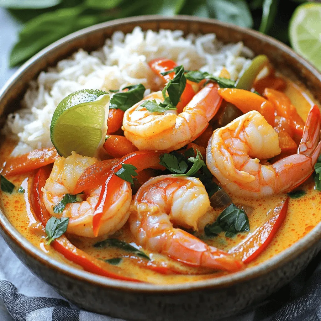 - 1 lb large shrimp, peeled and deveined - 1 can coconut milk (13.5 oz) - 2 tablespoons red curry paste - 1 medium onion, chopped - 1 bell pepper (red or yellow), sliced - 2 cloves garlic, minced - 1-inch piece ginger, grated - 1 tablespoon fish sauce (or soy sauce for vegetarian) - 1 tablespoon brown sugar - Juice of 1 lime - Fresh basil or cilantro for garnish - Salt to taste In this dish, large shrimp serve as the star. They add a lovely texture and soak up flavors well. The coconut milk makes the sauce creamy and rich. It balances the spice from the red curry paste, which gives the dish its bright color and depth. Next, the vegetables bring life to the curry. Onions and bell peppers add sweetness and crunch. Garlic and ginger give it a fragrant touch that fills your kitchen with warmth. Seasoning is key. Fish sauce or soy sauce adds umami goodness. Brown sugar brings a hint of sweetness, while lime juice adds brightness. Fresh herbs like basil or cilantro make the dish fresh and colorful. All these ingredients come together in a simple yet flavorful way. They each play a role, making this curry a delight for the taste buds. 1. Heating the olive oil Start by heating the olive oil in a large skillet or wok over medium heat. This step warms the oil so it can cook the vegetables well. 2. Sautéing vegetables Next, add the chopped onion and bell pepper. Sauté them for about 3-4 minutes. You want them to soften but not brown. Stir them often to keep them from sticking. 1. Adding garlic, ginger, and curry paste After the veggies soften, stir in the minced garlic and grated ginger. Cook them for 1-2 minutes until you smell that great aroma. Then, add the red curry paste to the skillet. This gives your dish its rich flavor. Stir it well to mix everything. 2. Mixing in coconut milk and seasonings Now, pour in the coconut milk. It will make the curry creamy. Then, stir in the fish sauce, brown sugar, and lime juice. Bring this mixture to a gentle simmer. This step helps all the flavors blend together nicely. 1. Simmering the mixture Once your mixture is simmering, it’s time to add the shrimp. Carefully place them in the skillet. They will cook quickly in the warm sauce. 2. Checking for doneness Cook the shrimp for about 5-7 minutes. Stir occasionally until they turn pink and are fully cooked. Make sure not to overcook them, or they will become tough. Taste the curry and add salt if needed. Adjust the lime juice for a fresh flavor boost. To ensure shrimp are properly cooked, look for their color. They should turn pink and opaque. Overcooking can make them tough. Cook for about 5-7 minutes in the curry. Stir gently to avoid breaking them. If you want to adjust the spiciness, start with a small amount of red curry paste. You can always add more later. Taste the curry while cooking. This way, you can find the right heat for you. For ideal rice pairings, jasmine rice works best. Its soft and fragrant texture complements the curry well. You can also try coconut rice for a tropical twist. For plate presentation, serve the curry in deep bowls. Place a scoop of rice in the center. Then, ladle the curry around the rice. Garnish with fresh herbs and a lime wedge for color. This makes the dish look inviting. If you need alternatives for fish sauce, soy sauce is a great choice. It adds a salty flavor without the fish. You can also use tamari for a gluten-free option. Using other types of curry paste can change the flavor. Green curry paste can add a fresh kick. Yellow curry paste offers a milder taste. Experiment to find what you like best! {{image_2}} You can easily make this dish vegetarian. Swap the shrimp for tofu or your favorite vegetables. Tofu absorbs flavors well, which makes it a great choice. Use firm tofu and cut it into cubes. Sauté it until golden brown. You can also add veggies like bell peppers, broccoli, or snap peas for extra crunch. This way, you keep the creamy texture and bold taste. To change the flavor, think about adding lime leaves or different spices. Lime leaves give a fresh, zesty taste. You can also try adding Thai basil or lemongrass for a unique twist. Explore other Thai ingredients like tamarind or fish sauce substitutes. Soy sauce or coconut aminos work well if you want a vegetarian option. These small changes can make a big difference in taste. If you’re short on time, use pre-cooked shrimp. This cuts down your cooking time significantly. Just add the shrimp at the end to heat them through. You can also make this a one-pot meal. Cook everything in a single pot, saving you from extra dishes. Begin by sautéing the veggies, then add the coconut milk and shrimp. This makes clean-up easy and keeps the flavors rich and mixed. To store leftovers, let the curry cool first. Then, put it in an airtight container. This will keep it fresh. You can store it in the fridge for up to three days. The flavors will blend better with time, but don't wait too long! To freeze the curry, use a freezer-safe container. Leave some space at the top, as the curry will expand. You can freeze it for up to three months. To thaw, place it in the fridge overnight. For quick thawing, use a microwave on low power. When you reheat the curry, do it slowly on the stove. This helps keep the texture nice. Stir often to prevent sticking. If using the microwave, heat in short bursts, stirring in between. To avoid overcooking the shrimp, only heat until warm. This keeps them juicy and tender. Enjoy your meal! You can use both fresh and frozen shrimp. Fresh shrimp tastes great but can be hard to find. Frozen shrimp are easy to get and are often just as good. When using frozen shrimp, thaw it before cooking. Look for large shrimp that are peeled and deveined. This saves time and makes prep easy. Yes, you can make this curry in advance. Cook the curry and store it in the fridge. It lasts up to three days. When you’re ready to eat, reheat it on the stove. Add a splash of coconut milk to keep it creamy. You can also prep the ingredients ahead of time. Chop the veggies and store them in bags. To make it spicier, you have a few options. Add more red curry paste for heat. You can also include fresh chili peppers or chili flakes. If you like it really hot, try Thai bird chilies. Start with a little and taste as you go. You can always add more heat, but it’s hard to take it out! This curry pairs well with jasmine rice. The rice soaks up the sauce and balances the flavors. You can also serve it with a side of steamed veggies. For drinks, a cold Thai iced tea or a light beer works well. Enjoy the meal with fresh herbs on top for extra flavor! This post covered how to make a delicious Thai Coconut Shrimp Curry. We explored key ingredients like shrimp, coconut milk, and red curry paste. I shared tips for cooking, serving, and storing the dish. You can also find variations to suit your taste, such as vegetarian options and quick-cooking choices. In conclusion, this curry is not just tasty; it’s easy to customize. You can enjoy it today or save it for later. Dive into this dish and enjoy every bite!