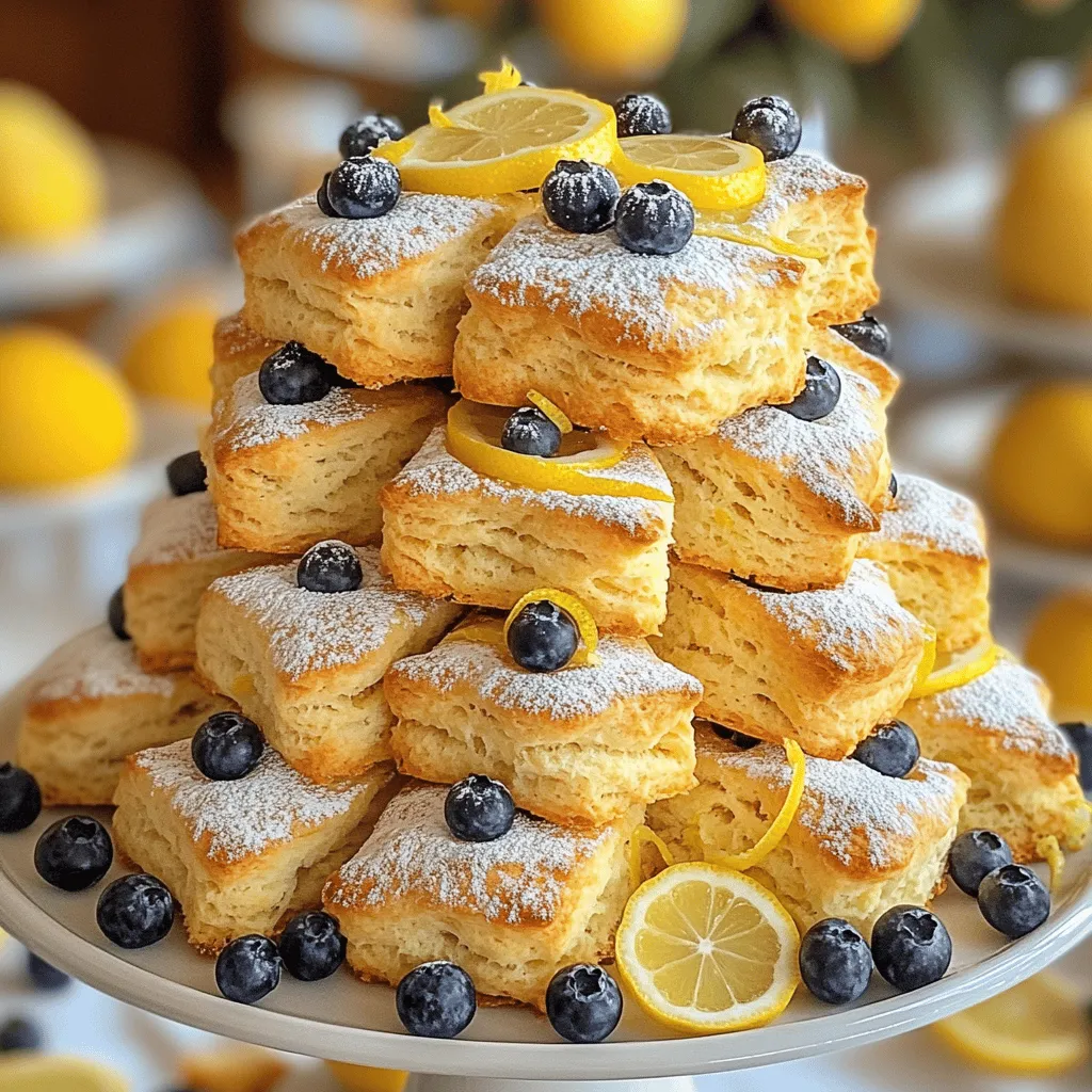 To make these scones, you need a few key items. Gather the following: - 2 cups all-purpose flour - 1/2 cup granulated sugar - 1 tablespoon baking powder - 1/2 teaspoon salt - 1/4 cup unsalted butter, chilled and cubed - 1 cup fresh blueberries (or frozen, if out of season) - Zest of 1 lemon - 1/2 cup heavy cream - 1 large egg - 1 teaspoon vanilla extract These ingredients create a light and fluffy scone. The blueberries bring a sweet burst, while lemon zest adds a zingy flavor. You can add a glaze for extra sweetness and shine. For the glaze, you’ll need: - 1 cup powdered sugar - 2 tablespoons lemon juice - 1 teaspoon lemon zest This glaze gives your scones a beautiful finish and enhances the lemon flavor. To bake these scones, you will need some basic tools: - Large mixing bowl - Whisk - Pastry cutter or your hands for mixing butter - Baking sheet - Parchment paper - Wire rack These tools help you mix, shape, and bake the scones perfectly. With the right ingredients and equipment, you are set for a delightful baking experience! Start by preheating your oven to 425°F (220°C). This high heat helps the scones rise nicely. While the oven warms, line a baking sheet with parchment paper. This makes for easy cleanup and helps prevent sticking. In a large mixing bowl, combine 2 cups of all-purpose flour, 1/2 cup of granulated sugar, 1 tablespoon of baking powder, and 1/2 teaspoon of salt. Use a whisk to mix these dry ingredients well. This step is key for even flavor and texture in your scones. Next, add 1/4 cup of chilled, cubed unsalted butter to the flour mix. Use your fingers or a pastry cutter to work the butter into the mix. You want it to look like coarse crumbs. Then, gently fold in 1 cup of fresh blueberries and the zest of 1 lemon. Make sure the blueberries are evenly spread throughout the mixture. In a separate bowl, whisk together 1/2 cup of heavy cream, 1 large egg, and 1 teaspoon of vanilla extract. This mixture adds moisture and richness to your scones. Once combined, pour it into the flour mixture. Stir everything until the dough just comes together. Be careful not to overmix. The dough should feel soft and slightly sticky. Turn the dough onto a lightly floured surface. Gently knead it a few times to bring it together. Pat the dough into a circle about 1-inch thick. You can cut it into 8 wedges or use a round cutter for a classic look. Place the scones on the lined baking sheet, leaving some space between each one. Now, it's time to bake! Place the baking sheet in your preheated oven. Bake for about 15-18 minutes or until the tops are golden brown. While the scones bake, you can make the optional glaze. Mix 1 cup of powdered sugar, 2 tablespoons of lemon juice, and 1 teaspoon of lemon zest until smooth. Once the scones are done, let them cool slightly, then drizzle the glaze on top if you choose to use it. Enjoy your warm, delicious scones! To get the right scone texture, keep your butter chilled. Cold butter helps create those flaky layers we love. When mixing, stop as soon as the dough comes together. Overmixing will lead to tough scones. You want a soft, slightly sticky dough. If it feels too dry, add a splash of cream. Remember, the dough should feel light and airy. Fresh blueberries are best for flavor and texture. Look for plump, firm berries that are deep blue. Avoid any that are mushy or have green spots. If fresh berries are out of season, frozen blueberries work well. Just toss them in flour before adding to the dough. This helps prevent them from sinking. To keep your scones fresh, store them in an airtight container. Place parchment paper between layers to avoid sticking. They will stay good for about two days at room temperature. For longer storage, freeze them. Wrap each scone in plastic wrap, then put them in a freezer bag. When ready to eat, reheat in the oven for a few minutes. This keeps them warm and fresh. {{image_2}} You can mix in white chocolate chips for a sweet twist. The creamy texture pairs well with tart blueberries. Use about 1/2 cup of chips. Fold them in gently with the blueberries. This adds a rich flavor that brightens the scone. For a healthier option, you can use whole wheat flour. Swap out all-purpose flour with an equal amount of whole wheat flour. These scones will taste nuttier and denser. They still pair well with lemon and blueberries. Add a bit more liquid if needed to keep the dough moist. Feel free to get creative! You can add other fruits like raspberries or strawberries. You can also mix in some nuts for crunch. Try spices like cinnamon or nutmeg for warmth. Each change gives the scone a unique flavor. Just remember to keep the balance of wet and dry ingredients. To keep your scones fresh, store them in an airtight container. This helps retain moisture. Place them at room temperature for up to two days. Avoid the fridge, as it can dry them out. If you want to keep them longer, freeze them. This preserves flavor and texture. If you want to freeze scones, wrap each one in plastic wrap. Then, place them in a freezer-safe bag or container. They can last up to three months. When ready to eat, thaw them overnight in the fridge. Reheat in the oven at 350°F (175°C) for about 10 minutes. This warms them up and restores some crispness. Bakery-style blueberry lemon scones stay fresh for two days at room temperature. If stored properly in the freezer, they last for about three months. However, the best taste is within the first week. Enjoy them while they are at their best! You can tell your scones are done when they turn golden brown on top. The edges should look firm and not soft. If you insert a toothpick into the center, it should come out clean. Yes, you can use frozen blueberries. Just make sure to add them straight from the freezer. They might make the dough a bit wet, so handle the dough gently. To reheat scones, wrap them in foil and place them in a 350°F oven. Heat for about 10 minutes. This keeps them soft and warm. You can also use a microwave for about 15-20 seconds. You can prepare the dough and keep it in the fridge for up to 24 hours. Wrap it in plastic wrap, then cut and bake when you're ready. This saves time and still gives you fresh scones. These scones pair great with clotted cream or butter. You can also serve them with jam or extra blueberries on the side. A cup of tea or coffee makes it even better! This blog post covered how to make the best blueberry lemon scones. You learned about essential ingredients, equipment, and step-by-step instructions. We shared tips for perfect texture, choosing blueberries, and storing leftovers. You also found fun variations to try, from white chocolate to whole wheat. In conclusion, follow these tips for light and tasty scones. Enjoy baking and sharing these treats with others. Happy baking!
