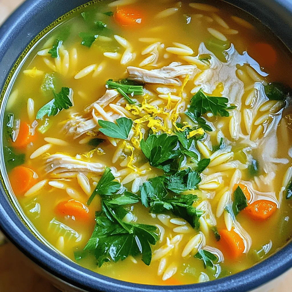 - 1 lb boneless, skinless chicken breasts - 1 cup orzo pasta - 1 medium onion, finely chopped - 3 cloves garlic, minced - 3 carrots, diced - 2 celery stalks, diced - 1 cup fresh spinach You need chicken breasts for protein and orzo for texture. The onion and garlic add flavor. Carrots and celery bring color and crunch. Fresh spinach adds a nutrient boost. - 6 cups low-sodium chicken broth - 1 teaspoon dried thyme - 1 teaspoon dried oregano - Zest and juice of 2 lemons - Salt and pepper to taste Low-sodium chicken broth keeps the soup light. Dried thyme and oregano add depth. Lemon zest and juice give a bright, fresh taste. Adjust salt and pepper to your liking. - Fresh parsley - Additional toppings Chop fresh parsley for a pop of color and flavor. You can also add your favorite toppings, like croutons or extra lemon slices. These make your soup even more appealing. First, set your Instant Pot to the sauté function. This allows you to cook the aromatics. Next, add two tablespoons of olive oil. Wait for the oil to heat up. Once hot, add one medium onion, finely chopped, and three cloves of minced garlic. Sauté for about three to four minutes until the onion looks translucent. This step builds a great base flavor for your soup. Now, it’s time to add your veggies. Toss in three diced carrots and two diced celery stalks. Keep sautéing for another three to four minutes until they soften a bit. After that, place one pound of boneless, skinless chicken breasts into the pot. Season with salt, pepper, one teaspoon of dried thyme, and one teaspoon of dried oregano. Pour in six cups of low-sodium chicken broth and stir everything to combine well. Secure the lid on your Instant Pot. Make sure the valve is set to sealing. Select the manual function and set the timer for ten minutes on high pressure. This time is perfect for cooking the chicken through. Once the timer goes off, let it sit for five minutes. This is the natural pressure release. After that, carefully switch to quick release to let out any remaining steam. Open the pot and take out the chicken breasts. Use two forks to shred the chicken into bite-sized pieces. Return the shredded chicken back to the pot. Next, stir in one cup of orzo pasta. Set your pot to sauté mode again and cook for about five to seven minutes, or until the orzo is tender. Finally, add one cup of fresh spinach, the juice and zest of two lemons, and mix until the spinach wilts and brightens in color. Now, it’s time to serve! Ladle the warm soup into bowls. For a lovely touch, garnish each bowl with freshly chopped parsley. Enjoy your delicious Instant Pot lemon chicken orzo soup! Seasoning makes your soup shine. Adjust the salt and pepper to your taste. I like to use fresh herbs when I can, as they bring a bright flavor. Dried herbs work too, but fresh herbs can elevate your dish. Every Instant Pot is a bit different. If yours cooks faster, reduce the time slightly. If you swap ingredients, like using quinoa instead of orzo, check the cooking time. Quinoa may need less time. For tender chicken, cut it into smaller pieces before cooking. This helps it cook evenly. When you add the orzo, stir it in well to avoid clumping. For the spinach, add it last. This keeps it vibrant and fresh. Cook it just until it wilts, about 1-2 minutes. {{image_2}} For gluten-free options, swap the orzo pasta with gluten-free pasta or rice. This change keeps the soup tasty without gluten. Always check labels to ensure the products are certified gluten-free. If you want low-carb modifications, replace orzo with cauliflower rice. It adds a nice texture, and you get to enjoy a lower carb count. You might also cut down on carrots, as they add some carbs. To spice things up, add chili flakes or a dash of hot sauce. This adds a kick to the soup and makes it more exciting. You can also try different herbs like rosemary or basil for fresh flavors. For alternative vegetables, think about using zucchini or bell peppers. These veggies mix well and add color. You can also toss in kale or Swiss chard instead of spinach for a different green. If you want to switch proteins, turkey works well in place of chicken. Use ground turkey or cubed turkey breast for a lighter taste. Tofu is a great option for a vegetarian version. Just be sure to sauté it first for better flavor. Beans like cannellini or chickpeas can also be a good choice. They add protein and fiber, making the soup heartier. Use about a can of beans, rinsed and drained, for a simple swap. Store your soup in the fridge in an airtight container. This keeps it fresh. It can stay good for up to four days. When reheating, pour the soup into a pot. Heat it on medium until hot. Stir often to avoid sticking. If you have leftovers, freeze them for later. Divide the soup into portions before freezing. Use freezer-safe bags or containers. This helps save space. To thaw, place the soup in the fridge overnight. For quick thawing, use the microwave. Reheat on medium until hot, stirring occasionally. In the fridge, the soup lasts about four days. In the freezer, it can stay fresh for up to three months. Mark your containers with dates to keep track. This way, you won’t forget what you have stored. How can I make this soup dairy-free? You can make this soup dairy-free easily. Just skip any cheese toppings. Use a dairy-free broth. This will keep it light and bright. Can I use whole wheat orzo instead? Yes, you can use whole wheat orzo. This swap adds fiber and a nutty taste. Just watch the cooking time, as it may take a bit longer. Can I cook the orzo directly in the soup? Yes, you can cook the orzo in the soup. Add it after shredding the chicken. This way, the pasta absorbs all the yummy flavors. How can I enhance the lemon flavor? To boost the lemon flavor, add more zest or juice. You can also use fresh lemon slices. Just toss them in while cooking for a bright taste. What happens if I forget to seal the valve? If you forget to seal the valve, steam will escape. The soup won't cook as it should. Always check the valve before starting the pressure cooking. How to clean the Instant Pot after cooking? Cleaning the Instant Pot is simple. Just remove the inner pot and wash it with soap and water. Wipe the lid with a damp cloth. Make sure to clean the sealing ring too. You now have all the tools to create a tasty chicken soup in your Instant Pot. We covered the main ingredients, cooking steps, and useful tips. Remember to adjust flavors and cooking times to your liking. You can also make variations for different diets or flavor preferences. Store any leftovers correctly for the best taste. Whether you enjoy it fresh or freeze some, this soup is a winner. Enjoy your cooking journey and share your delicious results!