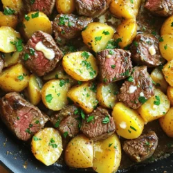 To make a Garlic Butter Steak and Potato Skillet, you need fresh and tasty ingredients. Here’s what you will need: - 1 lb sirloin steak, cut into bite-sized pieces - 4 medium Yukon gold potatoes, diced - 4 tablespoons unsalted butter - 4 cloves garlic, minced - 1 teaspoon dried rosemary - 1 teaspoon dried thyme - Salt and pepper to taste - 2 tablespoons olive oil - Fresh parsley, chopped (for garnish) These ingredients come together to create a hearty meal. The sirloin steak gives you a great protein source. Yukon gold potatoes add a creamy texture and flavor. Garlic and butter create a rich sauce that enhances the dish. Using dried herbs like rosemary and thyme adds depth. They work well with both the steak and potatoes. The fresh parsley will brighten the dish and make it look appealing. When you gather these ingredients, ensure they are fresh. Fresh ingredients make a big difference in taste. You can also adjust the seasonings to suit your taste. If you love garlic, feel free to add more. Now that you have your ingredients, you can move on to the cooking steps. Each step is simple and fun. Cooking should be an enjoyable experience! - Heating the skillet Start by heating a large skillet on medium-high heat. Add 2 tablespoons of olive oil. Let the oil warm up. This step is key for a nice sear. - Flipping and browning Next, add 4 medium Yukon gold potatoes, diced into even pieces. Spread them out in a single layer. Season with salt and pepper. Cook for about 10-12 minutes. Flip them occasionally for even browning. You want them golden and tender. - Seasoning the steak While the potatoes cook, take 1 lb of sirloin steak, cut into bite-sized pieces. Season the steak with salt, pepper, 1 teaspoon of dried rosemary, and 1 teaspoon of dried thyme. This adds great flavor to the meat. - Searing the meat Once the potatoes are done, push them to one side of the skillet. Add 2 tablespoons of unsalted butter to the empty space. Let it melt. Then, add the seasoned steak pieces. Cook for about 3-4 minutes. Sear the meat until it’s browned on all sides. - Adding garlic After searing the steak, add 4 cloves of minced garlic to the skillet. Stir everything together. This mixes the flavors well. Cook for another 1-2 minutes. You’ll know it’s ready when the garlic smells fragrant. - Final seasoning adjustments Remove the skillet from heat. Stir in the remaining 2 tablespoons of butter until melted. Taste the mix and adjust the seasoning if needed. This step enhances the overall flavor. Enjoy your meal! To cook steak just right, know the doneness levels. - Rare: Warm red center, 120-125°F. - Medium Rare: Warm red center, 130-135°F. - Medium: Pink center, 140-145°F. - Medium Well: Slightly pink, 150-155°F. - Well Done: No pink, 160°F or more. Searing the steak adds flavor. Start with a hot skillet. - Use high heat for a good sear. - Don’t overcrowd the pan; this can steam the meat. - Flip the steak only once, letting it brown well. You can use raw or parboiled potatoes. Parboiling helps them cook faster. - To parboil, boil diced potatoes for about 5-7 minutes. - Drain and let them dry before adding to the skillet. Season your potatoes well. Salt and pepper are key. - Try adding garlic powder or paprika for extra flavor. - Fresh herbs can also make them shine. Fresh herbs boost your dish's taste. Use parsley for garnish. - Rosemary and thyme add depth when cooking the steak. - You can swap dried herbs for fresh ones if you have them. Feel free to change some ingredients. Use different oils or butters. - Avocado oil is a great substitute for olive oil. - If you want a kick, try adding chili flakes to the garlic. {{image_2}} You can switch up the protein in this dish. Chicken works great here. Just cut it into bite-sized pieces like the steak. Season it the same way. Cook until it’s golden brown and cooked through. Pork is another option. Use pork tenderloin, sliced into pieces. It adds a different flavor but still keeps it hearty. For a vegetarian choice, try using mushrooms or tofu. Both soak up flavors well. Sauté them in the garlic butter for a rich taste. You can add extra veggies like bell peppers or zucchini for more texture. You can cook this meal in different ways. Oven-baking is one. Preheat your oven and roast the potatoes. Then, sear the steak in a pan. Combine everything in a baking dish and finish in the oven. It gives a nice, even cook. Grilling is another fun option. Grill the steak for that smoky flavor. You can also grill the potatoes in a foil packet for easy cleanup. This adds a char that many love. Get creative with your mix-ins. Add some broccoli or green beans for color and crunch. You can toss in some cherry tomatoes for a sweet burst. Cheese is always a hit. Try topping the skillet with shredded cheddar or crumbled feta. It melts beautifully and adds a creamy touch. You can even sprinkle on some grated Parmesan right before serving for a salty finish. To store leftovers, let the dish cool first. Then, place it in an airtight container. This keeps the flavors fresh. You can store it in the fridge for up to three days. After that, the taste and texture may change. You can freeze the cooked skillet meal. First, let it cool completely. Then, place it in a freezer-safe bag or container. It can last for about three months in the freezer. If you want to freeze uncooked steak and potatoes, do that too. Just season them and place them in bags. To reheat, thaw overnight in the fridge. Heat it in a skillet until hot. Pair this meal with a fresh salad or steamed veggies. It adds color and crunch. For presentation, serve it in the skillet. This gives a rustic look that everyone loves. Sprinkle extra fresh parsley on top for a pop of color. Enjoy your meal! To make this dish, start by cooking the potatoes. Heat olive oil in a large skillet. Add the diced Yukon gold potatoes. Season them with salt and pepper. Cook for about 10 to 12 minutes until they are golden brown and tender. Flip them occasionally for even cooking. While the potatoes cook, season your sirloin steak pieces with salt, pepper, rosemary, and thyme. Once the potatoes are done, push them to one side of the skillet. Add 2 tablespoons of butter to the empty side and let it melt. Now, add the seasoned steak to the skillet. Cook for 3 to 4 minutes, searing on all sides. Add minced garlic and mix everything together. Cook for another 1 to 2 minutes until the garlic smells great. Finally, stir in the remaining butter and taste for seasoning. Serve hot with fresh parsley on top. Yes, you can use different cuts of steak. Ribeye or flank steak work well. Both cuts offer great flavor and tenderness. If you want a leaner option, consider using tenderloin. Just remember to adjust cooking times, as different cuts may cook at different rates. Always season well for the best taste. This dish pairs well with several sides. A simple green salad adds freshness. You can also serve it with steamed vegetables for color and nutrition. Garlic bread makes a great addition too, soaking up all the delicious butter. Another option is a side of roasted asparagus or green beans for extra crunch. This blog post covered a delicious Garlic Butter Steak and Potato Skillet recipe. You learned about the key ingredients, step-by-step cooking instructions, and helpful tips. We also explored variations and proper storage methods. Whether you choose steak, chicken, or a vegetarian option, this dish is sure to satisfy. Have fun experimenting with flavors and ingredients. Enjoy your meal and impress your friends!