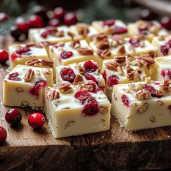 To make this rich fudge, gather these key ingredients: - 2 cups white chocolate chips - 1 cup sweetened condensed milk - 1 cup dried cranberries - ½ cup chopped pecans or walnuts - 1 teaspoon vanilla extract - A pinch of salt These ingredients create a creamy base with sweet and tart notes. The white chocolate gives it a smooth texture. The dried cranberries add chewy bursts of flavor, while the nuts provide a nice crunch. You can play with the recipe by adding some optional ingredients. Here are a few ideas: - A sprinkle of cinnamon for warmth - A dash of orange zest for brightness - Dark chocolate chips for a rich twist These additions can change the taste and make it unique. You can mix and match to find your favorite version. Before you start, make sure you have the right tools: - An 8x8 inch baking pan - Parchment paper - A medium saucepan - A spatula for mixing - A sharp knife for cutting Having the right equipment makes the process easier. You will enjoy making this fudge even more when you are well prepared. Start by lining an 8x8 inch baking pan with parchment paper. Leave some paper hanging over the edges. This makes it easy to lift the fudge out later. It takes just a few minutes, but it helps a lot. In a medium saucepan, add 2 cups of white chocolate chips and 1 cup of sweetened condensed milk. Place the pan over low heat. Stir it constantly until the chocolate melts completely. You want it smooth and creamy. Be patient, as this part is key. Once it’s nice and melted, take it off the heat. Then, mix in 1 teaspoon of vanilla extract and a pinch of salt. Stir until it is all combined well. Now it’s time to add some texture. Fold in 1 cup of dried cranberries and ½ cup of chopped pecans or walnuts. Make sure they are evenly spread through the mixture. Pour this rich mixture into your prepared baking pan. Use a spatula to spread it out evenly. Chill the fudge in the fridge for at least 2 hours. This helps it set properly. When it’s firm, lift it out using the parchment paper. Cut it into squares with a sharp knife. Enjoy your creamy treat! To get the best texture, keep a few tips in mind. Use good quality white chocolate chips. This helps the fudge melt smoothly. Stir the mixture slowly and constantly while melting. If you rush, the chocolate may seize. Always chill the fudge for at least two hours. This allows it to set up nicely. Feel free to mix things up! You can swap dried cranberries for dried cherries or blueberries. If you prefer nuts, try almonds or pecans. For a fun twist, add a dash of orange zest. This gives a fresh burst of flavor. You can also use almond extract instead of vanilla for a unique taste. When serving, I like to arrange the fudge on a bright platter. Adding extra cranberries and nuts on top makes it look fancy. Wrap each piece in clear cellophane for gifts. Tie them with a colorful ribbon for a nice touch. Your friends and family will love this sweet treat! {{image_2}} You can switch up the nuts in this fudge. Instead of pecans or walnuts, try almonds or hazelnuts. Each nut brings a new taste and texture. Almonds add a nice crunch, while hazelnuts offer a rich flavor. This change can make your fudge feel fresh and exciting. To make this fudge vegan, use dairy-free white chocolate chips. You can also swap the sweetened condensed milk for coconut milk or a vegan version. This way, you can enjoy fudge without dairy. It still tastes creamy and delicious. Add a twist with flavor infusions. Try orange zest for a citrus punch. Or mix in a bit of peppermint extract for a festive touch. These flavors can elevate your fudge to a new level. You can create a unique treat that suits any holiday or mood. To keep your white chocolate cranberry fudge fresh, store it in a cool spot. Use an airtight container. This will help prevent it from drying out. You can also layer fudge squares with parchment paper. This protects each piece from sticking together. You can freeze your fudge for longer storage. Wrap each piece tightly in plastic wrap. Then, place them in a freezer-safe bag. Make sure to remove as much air as possible. This keeps the fudge fresh for up to three months. To enjoy, just thaw it in the fridge overnight. When stored properly, this fudge lasts about two weeks at room temperature. Keep it away from heat and sunlight. Check for signs of spoilage, like a change in smell or texture. If you see any, it’s best to toss it. For the best taste, eat it within the first week! To cut fudge well, use a sharp knife. First, chill the fudge for at least two hours. This helps it set and makes cutting easier. Once it is firm, lift it out of the pan using the parchment paper. Place it on a cutting board. Cut into squares or rectangles. Wipe the knife with a damp cloth between cuts for neat edges. This keeps the pieces looking great. Yes, you can use milk chocolate! Just keep in mind that it will change the taste. Milk chocolate is sweeter and richer than white chocolate. You might want to adjust the sugar in the recipe. The other ingredients will still work well. The fudge will still be creamy and delicious. However, the fun tartness of cranberries may not stand out as much. You can find pre-made white chocolate cranberry fudge at many places. Check local candy shops or bakeries. Many stores sell fudge during the holiday season. If you prefer online shopping, many websites offer gourmet fudge. Look for trusted brands with good reviews. Always read the ingredients to ensure they meet your taste and diet. You can now make delicious white chocolate cranberry fudge with ease. We covered the main and optional ingredients, tools, and the step-by-step process. Try the tips for perfect texture and creative variations to impress your friends. Remember to store your fudge properly for the best taste. With these insights, you'll enjoy making or sharing this treat! Enjoy your fudge adventure!