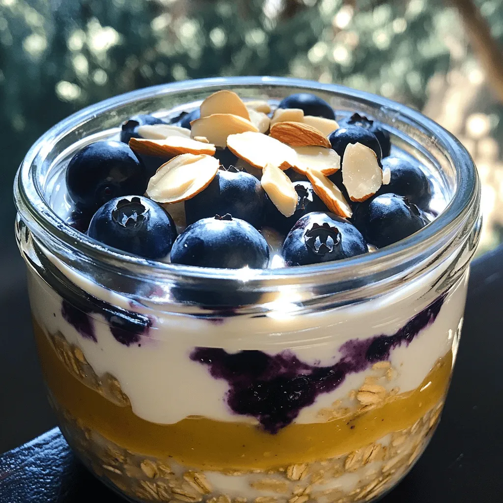 - 1 cup rolled oats - 1 cup almond milk - 1/2 cup Greek yogurt - 1/2 cup fresh blueberries - 1/4 cup sliced almonds - 1 tablespoon chia seeds - 1 tablespoon honey or maple syrup (optional) - 1/2 teaspoon vanilla extract - Pinch of salt To create delicious Blueberry Almond Overnight Oats, gather these simple ingredients. Rolled oats form the base, providing texture and fiber. Almond milk adds creaminess, but you can use any plant-based milk. Greek yogurt boosts protein and gives a nice tang. Fresh blueberries offer a burst of flavor and nutrients. Sliced almonds add a delightful crunch. Chia seeds help thicken the oats and add healthy fats. You can sweeten your oats with honey or maple syrup if you like. A dash of vanilla and a pinch of salt enhance all the flavors. These ingredients work together to create a tasty and healthy breakfast. You can prepare this meal in just a few minutes and enjoy it the next day. Easy and satisfying! To start, take a medium bowl. Add 1 cup of rolled oats, 1 tablespoon of chia seeds, and a pinch of salt. Mix them well. This step gives your oats a good base. In another bowl, whisk together 1 cup of almond milk and 1/2 cup of Greek yogurt. If you want, add 1 tablespoon of honey or maple syrup and 1/2 teaspoon of vanilla extract. Stir until smooth. This mix adds creaminess and flavor. Now, pour the wet mixture over the dry ingredients. Stir until everything is well blended. Next, gently fold in 1/2 cup of fresh blueberries and half of the 1/4 cup of sliced almonds. This adds a yummy burst of flavor. Divide the mixture into two jars or airtight containers. Seal them tightly and place in the fridge overnight. This allows the oats to soak up the liquid and get thick. You can also leave them for at least four hours if you're in a hurry. In the morning, take out the jars. Give the oats a good stir. If you like them creamier, add a splash more almond milk. Top with the remaining sliced almonds and extra blueberries. Enjoy your tasty breakfast! To get your oats just right, adjust the almond milk. Want creamier oats? Add more almond milk. If you like them thick, use less. Experiment a bit until you find your favorite texture. You can swap Greek yogurt for dairy-free options like coconut yogurt. If you want less sugar, use mashed banana instead of honey or maple syrup. These swaps can change the taste and texture, so have fun with it! To make your oats even better, try adding other fruits or nuts. Sliced bananas, strawberries, or raspberries can bring new flavors. For nuts, walnuts or hazelnuts offer a nice crunch. Mix and match to find your perfect combo! {{image_2}} You can add warm spices to your oats. A sprinkle of cinnamon brings warmth. Nutmeg adds a nice twist, too. Just a pinch works well. Mix these spices with the dry ingredients. This small change adds great flavor. While blueberries are tasty, you can switch up the fruits. Try strawberries, raspberries, or blackberries. Each berry changes the taste and color. You can also use chopped apples or bananas. Just remember to adjust sweetness if needed. You can swap almonds for other nuts or seeds. Try walnuts for a rich flavor. Pecans offer a sweet crunch. Sunflower seeds or pumpkin seeds also work well. Each option adds its own unique texture and taste. Just make sure to chop larger nuts for easier eating. To keep your overnight oats fresh, store them in airtight containers. Glass jars work well. They let you see the oats and look nice. You can also use BPA-free plastic containers. Make sure they seal tightly to avoid spills and keep flavors locked in. In the fridge, your blueberry almond overnight oats stay fresh for up to 5 days. This makes them great for meal prep. You can prepare several jars at once. Enjoy them for quick breakfasts throughout the week. Just stir before eating, and they will taste great! You can freeze overnight oats if you want to save them for later. To freeze, divide the oats into containers. Leave some space at the top, as they will expand when frozen. When ready to eat, thaw them overnight in the fridge, or use the microwave for a quick option. Just remember to stir well before serving! Overnight oats are oats soaked in liquid overnight. They soften and absorb flavors. This makes them easy to eat in the morning. You can use any milk, like almond or dairy. I love the texture of rolled oats. They stay chewier than quick oats. Overnight oats are a great choice for busy mornings. Yes, you can make overnight oats ahead of time. I recommend making them the night before. You can store them in the fridge for up to five days. This way, you always have a quick breakfast ready. Just grab a jar, and you are set! Overnight oats are packed with nutrients. They provide fiber, protein, and healthy fats. Rolled oats are whole grains and help with digestion. Greek yogurt adds protein and probiotics. Fresh blueberries bring vitamins, while almonds add crunch and healthy fats. This meal is great for energy, and it keeps you full. You can use quick oats, but the texture will change. Quick oats cook faster and become mushy. They soak up liquid faster, so they will be softer. Rolled oats hold their shape better and have more chew. I prefer rolled oats for a better breakfast experience. Overnight oats are easy to make and super tasty. You start with simple ingredients like rolled oats and almond milk. Then you mix them with yogurt and berries, letting them chill overnight. You can change the flavors by adding spices or different fruits. Remember, these oats stay fresh for several days in the fridge, so prep them ahead of time. They’re a healthy and fun breakfast option. Enjoy your delicious, made-ahead meal!