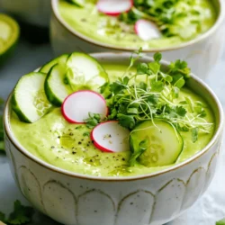 When making Avocado Cucumber Gazpacho, you need fresh, simple ingredients. These will create a tasty and healthy summer soup. Here is what you will need: - 2 ripe avocados, peeled and pitted - 1 large cucumber, peeled and chopped - 1/2 cup green bell pepper, chopped - 1/4 red onion, finely chopped - 2 cups vegetable broth, chilled - 2 tablespoons fresh lime juice - 1 clove garlic, minced - 1 tablespoon olive oil - Salt and pepper to taste - Fresh cilantro, chopped (for garnish) - Optional: sliced radishes and microgreens for garnish Using ripe avocados is key. They add a creamy texture. The cucumber gives a refreshing crunch. Green bell pepper and red onion bring depth to the flavor. Chilled vegetable broth keeps the soup cool. Fresh lime juice adds a zesty kick. Garlic enhances the taste, while olive oil provides richness. Seasoning with salt and pepper is important. It balances the flavors. Garnish with fresh cilantro for a pop of color. The optional radishes and microgreens add flair and taste. This mix of ingredients makes the gazpacho light and satisfying. It is perfect for hot days. Enjoy making this refreshing soup! To make this gazpacho, start by blending your ingredients. - First, in a blender, add: - 2 ripe avocados, peeled and pitted - 1 large cucumber, peeled and chopped - 1/2 cup green bell pepper, chopped - 1/4 red onion, finely chopped - 2 cups vegetable broth (chilled) - 2 tablespoons fresh lime juice - 1 clove garlic, minced - 1 tablespoon olive oil Blend these until smooth and creamy. If it feels too thick, add a bit more vegetable broth. This helps you reach the perfect consistency. Next, taste your gazpacho. Add salt and pepper to fit your taste. Once you have it just right, transfer it into a bowl or pitcher. Cover it and refrigerate for at least one hour. This waiting time allows the flavors to blend well. When you’re ready to serve, chill your soup bowls in the fridge. This keeps your gazpacho cool and refreshing. To garnish, use fresh cilantro, sliced radishes, and microgreens. These not only add color but also enhance the flavors. You could even add a lime wedge on the side for a zesty touch. Ladle the gazpacho into your chilled bowls and enjoy a delightful summer soup! - Adding spices for extra flavor: Spice it up! Try adding a pinch of cayenne pepper. A dash of cumin can add warmth too. These spices bring more depth to the fresh taste. - Alternative garnishes to consider: Fresh herbs make great toppings. You can use dill or mint for a twist. Thinly sliced jalapeños add heat. Crumbled feta cheese adds richness too. - Over-blending for texture: Blend just until smooth. If you blend too long, the soup can become too thin. You want a creamy, thick texture that feels rich. - Not refrigerating long enough: Patience is key! Chill the gazpacho for at least an hour. This waiting time helps the flavors mix and enhances the taste. Enjoying it cold makes it extra refreshing. {{image_2}} Avocados are full of healthy fats and vitamins. They give you good energy and help your heart. Each avocado has about 20 vitamins and minerals. They are rich in potassium, which helps control blood pressure. You also get fiber, which is great for digestion. Cucumbers are a great choice for summer. They are mostly water, so they keep you hydrated. A large cucumber has only about 45 calories, making it perfect for light meals. They also have antioxidants that help protect your body from damage. This gazpacho is gluten-free and vegan-friendly. It fits well into many diets. Each serving has about 200 calories, making it a healthy option. You get a good mix of fats, carbs, and proteins. This soup is not just tasty but also good for you. This Avocado Cucumber Gazpacho is a light summer treat. You can enjoy it without worry! You can switch ingredients in your gazpacho for a new taste. If you want to replace avocado, try using Greek yogurt or silken tofu. Both options add creaminess without losing flavor. You can also change the vegetables. Instead of cucumber, use zucchini or even ripe tomatoes. Each veggie brings its own charm. Carrots can add a nice sweetness, too. Herbs and spices can change the whole dish. For a fresh twist, add chopped mint or dill. They bring a bright note to the soup. If you like heat, try adding a pinch of cayenne pepper or jalapeño. You can use seasonal vegetables to keep your gazpacho exciting. Fresh corn in summer gives a sweet crunch. In fall, consider roasted butternut squash for a warm flavor. Each season brings new options to explore. Avocado Cucumber Gazpacho lasts about 2 to 3 days in the fridge. Store it in a sealed container. If you notice any browning, that's from the avocado. Stir it before you eat. You can freeze Avocado Cucumber Gazpacho, but it's not ideal. Freezing may change the texture. If you freeze it, use an airtight container. Thaw it in the fridge overnight before serving. Serve Avocado Cucumber Gazpacho chilled. Use cold bowls for the best experience. Garnish with fresh cilantro, sliced radishes, and microgreens. Add a lime wedge for extra zest. This makes the soup look beautiful and fresh! In this post, I covered how to make Avocado Cucumber Gazpacho. You learned about the key ingredients, how to blend them, and serving ideas. I shared tips on variations and common mistakes to avoid. This refreshing soup is healthy and easy to make. It fits in many diets, is quick to prepare, and offers great flavor. Give it a try! Enjoy a bowl of this chilled delight on a hot day.