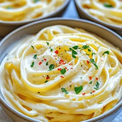 - 12 oz fettuccine pasta - 1 cup mascarpone cheese - 4 cloves garlic, minced - 2 tablespoons olive oil - 1 cup vegetable broth - 1 cup grated Parmesan cheese - 1 teaspoon red pepper flakes (adjust to taste) - Salt and pepper to taste - Fresh parsley, chopped (for garnish) When making Creamy Garlic Mascarpone Pasta, you need a few key ingredients. Fettuccine pasta gives a lovely base. Mascarpone cheese makes it rich and creamy. Garlic adds a bold flavor. Vegetable broth helps create a nice sauce. Finally, Parmesan cheese brings depth to the taste. - Fresh herbs - Additional toppings - Variations in pasta types You can add some optional ingredients to make your dish even better. Fresh herbs, like basil or thyme, add brightness. You might want to sprinkle extra cheese or red pepper flakes on top for fun. Also, feel free to switch up the pasta. You can use penne or spaghetti if you prefer. To start, fill a large pot with water and add a generous amount of salt. Bring this water to a rolling boil. The salt enhances the pasta's flavor as it cooks. Next, add your 12 oz of fettuccine pasta to the pot. Cook it according to the package instructions, usually about 8 to 10 minutes for al dente. Be sure to stir the pasta occasionally. This keeps it from sticking together. Once the pasta is cooked, save 1 cup of the pasta water. This water is full of starch and will help make your sauce creamy. Drain the pasta and set it aside while you prepare the sauce. In a large skillet, pour in 2 tablespoons of olive oil and heat it over medium. When the oil is hot, add 4 minced garlic cloves. Sauté the garlic for about 1 to 2 minutes. You want it fragrant but not browned, or it can taste bitter. Next, pour in 1 cup of vegetable broth. Bring this to a gentle simmer. Let it cook for 2 to 3 minutes, allowing it to reduce slightly. This step builds great flavor. Now, lower the heat and stir in 1 cup of mascarpone cheese. Mix it well until it becomes smooth and creamy. This cheese adds richness to your sauce. Then, gradually add 1 cup of grated Parmesan cheese. Stir continuously as it melts into the sauce. If your sauce is too thick, add a bit of the reserved pasta water. This helps achieve your desired creamy texture. Now comes the fun part! Add the cooked fettuccine directly to the skillet with your sauce. Toss the pasta gently to ensure every piece is coated in that creamy goodness. Sprinkle in some red pepper flakes, salt, and pepper to taste. Toss again to mix everything well. Cook for one more minute to heat it through. Finally, serve your pasta in shallow bowls and garnish with fresh chopped parsley. Enjoy the rich, creamy flavors of your Garlic Mascarpone Pasta! To make your creamy garlic mascarpone pasta even better, consider these tips: - Adjusting spice levels: If you like heat, add more red pepper flakes. For milder pasta, cut back on the flakes. This lets you control the spice to your taste. - Recommended cheese variations: Try mixing in some goat cheese or ricotta for a different taste. Each cheese gives a unique twist to the dish, making it more fun. Getting the right texture is key for a great sauce: - Technique for sauce consistency: After adding the mascarpone, stir until it becomes smooth. If it feels too thick, don't worry. You can add some reserved pasta water to thin it out. This keeps everything creamy and velvety. - Using reserved pasta water effectively: Pasta water has starch that helps bind the sauce. Add a little at a time until you reach your desired creaminess. This trick makes your sauce stick to the pasta perfectly. How you serve this dish can make it even more appealing: - Presentation ideas: Use shallow bowls to show off the pasta. Top with extra grated Parmesan and a drizzle of olive oil for a touch of style. Sprinkle some red pepper flakes for color and a hint of heat. - Pairing with sides or drinks: This pasta pairs well with a fresh salad or crusty bread. For drinks, a light white wine or sparkling water complements the rich flavors nicely. {{image_2}} You can change the pasta for your creamy garlic mascarpone dish. Whole wheat fettuccine is a great choice. It adds more fiber and nutrients. Plus, it has a nice nutty flavor that pairs well with the creamy sauce. If you need gluten-free options, try brown rice or chickpea pasta. These options taste great and keep the meal satisfying. They work well with the creaminess while being kinder to your diet. If you're looking for vegan alternatives, use cashew cream or coconut cream instead of mascarpone. Nutritional yeast can replace Parmesan cheese. This gives you a cheesy flavor without the dairy. For low-carb variations, use zoodles (zucchini noodles) or spaghetti squash. They add fresh flavors and keep the dish light. You still get that creamy sauce while cutting carbs. To add more flavor, think about adding vegetables. Spinach, cherry tomatoes, or mushrooms can enhance the dish. Sauté them with the garlic for a nice touch. Herbs and spices can also change the game. Fresh basil or thyme adds a lovely aroma. You can also play with spices like smoked paprika or Italian seasoning. This way, you can create your own unique twist on this creamy classic! To store leftovers, place the pasta in an airtight container. This keeps it fresh for up to three days in the fridge. Be sure to let it cool completely before sealing. For reheating, use a skillet over low heat. Add a splash of vegetable broth or water to prevent it from drying out. Stir gently until warmed through. For longer storage, you can freeze the creamy garlic mascarpone pasta. Portion it into freezer-safe containers. Make sure to leave some space at the top for expansion. It can last up to three months in the freezer. When ready to eat, thaw it overnight in the fridge. Reheat gently in a skillet with a bit of broth or water to restore its creamy texture. Yes, you can! If you want to change the flavor, try using cream cheese or ricotta. Both give a creamy texture. For a sharper taste, use goat cheese or feta. You can also mix different cheeses for a unique blend. To make this dish vegetarian, swap the vegetable broth for a vegetable-based stock. Ensure your Parmesan cheese is made without animal rennet, or use a vegetarian alternative. You can add vegetables like spinach or mushrooms for extra flavor and nutrients. This pasta pairs well with a simple green salad. A Caesar salad is a good choice too. For a heartier meal, serve it with garlic bread or roasted veggies. You can also try a light soup to start your meal. This article covered the key ingredients for creamy garlic mascarpone pasta, from pasta to seasonings. I shared step-by-step instructions for cooking, preparing sauce, and combining flavors. You also learned tips for enhancing taste and ensuring a creamy texture. With ideas for variations and storage, you can customize your dish. In the end, enjoy experimenting with flavors and find what you love most! This dish is all about creativity and personal taste.