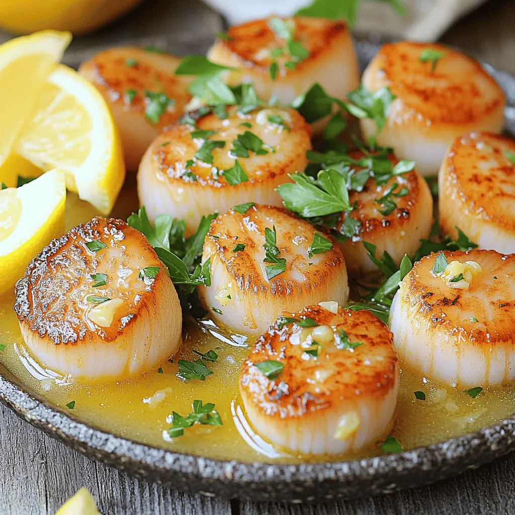 To make delicious garlic lemon butter scallops, you need the right ingredients. Here’s what to gather: - 1 pound sea scallops, patted dry - 4 tablespoons unsalted butter - 3 cloves garlic, minced - Juice of 1 lemon - Zest of 1 lemon - Salt and pepper to taste - 2 tablespoons fresh parsley, chopped (for garnish) - Lemon wedges (for serving) The key to great flavor lies in simple seasonings. For this dish, salt and pepper enhance taste. Fresh parsley adds color and a burst of flavor. Lemon wedges offer a bright touch when serving. You don’t need fancy tools for this recipe. Here is the basic equipment: - A large skillet - Paper towels - A spatula or tongs - A cutting board and knife - Measuring spoons With these ingredients and tools, you can whip up this easy and tasty dish in no time. Enjoy your cooking experience! First, you need to prepare the scallops. Start with one pound of sea scallops. Make sure they are patted dry. Use paper towels to remove any moisture. This step is key for a nice sear. If they are wet, they will steam instead of sear. Place the dried scallops on a plate and let them rest while you heat the skillet. Now, let’s sear the scallops. In a large skillet, heat two tablespoons of unsalted butter over medium-high heat. Wait until the butter melts and begins to bubble. This means it’s ready. Carefully add the scallops to the skillet in a single layer. Don't crowd them. Sear each side for two to three minutes. You want them golden brown and opaque. They should feel tender in the center. When done, remove them from the skillet and place them on a plate. Next, we’ll make the garlic lemon butter sauce. In the same skillet, reduce the heat to medium. Add the remaining two tablespoons of butter. Let it melt, and then add three cloves of minced garlic. Sauté the garlic until it smells great, about 30 seconds. Now, pour in the juice and zest of one lemon. Stir to mix everything well. Allow the sauce to simmer for one to two minutes. This helps the flavors blend. Finally, return the seared scallops to the skillet. Toss them gently in the sauce. Season with salt and pepper to taste. Cook for another minute to heat everything through. Serve your scallops hot, garnished with fresh parsley and lemon wedges. Enjoy your easy dinner delight! To cook scallops just right, start with dry ones. Pat them with paper towels. This helps them sear well. A hot pan is key. Use medium-high heat and add butter until it bubbles. Place the scallops in a single layer. Avoid crowding the pan. Sear for 2-3 minutes on each side. They should turn golden brown and opaque. Do not overcook; keep them tender inside. Want to boost the taste? Try adding a splash of white wine to the sauce. It gives a nice depth. You can also mix in a pinch of red pepper flakes for some heat. Fresh herbs like thyme or basil can add a lovely aroma. If you like, toss in some capers for a salty kick. These additions make the dish fun and unique. Watch out for common errors. First, don't skip drying the scallops; this leads to steaming, not searing. Second, avoid overcrowding the pan. Scallops need space to cook evenly. Lastly, do not cook them too long. Overcooked scallops become rubbery and tough. Follow these tips, and you will enjoy a perfect dish! {{image_2}} You can easily swap scallops for shrimp or crab. Shrimp cooks quickly, like scallops. Just ensure they are peeled and deveined. For crab, use lump crab meat. Add it towards the end of cooking. This way, it warms up without overcooking. Both options offer a tasty twist. Adding veggies can make your dish more colorful and healthy. You might try asparagus, zucchini, or bell peppers. Sauté them in the same pan before adding the sauce. This allows the veggies to soak up the lemon butter flavor. You can also serve scallops over rice or pasta for a heartier meal. Quinoa works well too, adding protein and fiber. You can change the flavor of the dish by adding different herbs or spices. Fresh basil or dill adds a different taste. For a kick, try red pepper flakes or a dash of cayenne. You can also use lime juice instead of lemon for a zesty change. Each variation gives a new spin on this easy dinner delight. To keep your leftover scallops fresh, place them in an airtight container. Make sure to cool them to room temperature first. You can store them in the fridge for up to two days. If you want to keep them longer, consider freezing. Just remember, scallops are best fresh! When reheating scallops, avoid high heat. This can make them rubbery. Instead, use medium heat in a skillet. Add a splash of water or broth to help keep them moist. Heat gently for about 2-3 minutes until warm. Stir in some butter or lemon juice for extra flavor. Freezing scallops is simple but requires care. First, make sure they are cooked and cooled. Then, place them in a freezer-safe bag. Squeeze out any air to prevent freezer burn. For the sauce, let it cool, then store it in an airtight container. You can freeze scallops and sauce for up to three months. When ready to use, thaw them in the fridge overnight before reheating. You know scallops are cooked when they turn golden brown and opaque. They should feel firm but still slightly tender in the center. Cook them for about 2-3 minutes on each side. If they look dry or hard, they are overcooked. Keep an eye on them to ensure they stay moist and delicious. Yes, you can use frozen scallops! Just make sure to thaw them first. Place them in the fridge overnight or run them under cold water for a quick thaw. After thawing, pat them dry well with paper towels. This helps them sear nicely and get that golden color. Garlic lemon butter scallops pair well with many sides. Here are some tasty options: - Rice: Fluffy white or brown rice absorbs the sauce well. - Pasta: A light pasta with olive oil complements the flavors. - Vegetables: Steamed asparagus or green beans add freshness. - Salad: A mixed greens salad adds a nice crunch. Feel free to mix and match your favorites! You learned how to make garlic lemon butter scallops in this post. We covered the key ingredients and equipment you'll need. I shared step-by-step instructions for preparing, searing, and making the sauce. I also provided tips for perfect scallops, as well as variations to try. Finally, we discussed storage and answered common questions. Cooking scallops can be easy and fun. With practice, you will impress your friends and family. Enjoy experimenting with new flavors and enjoy every bite!