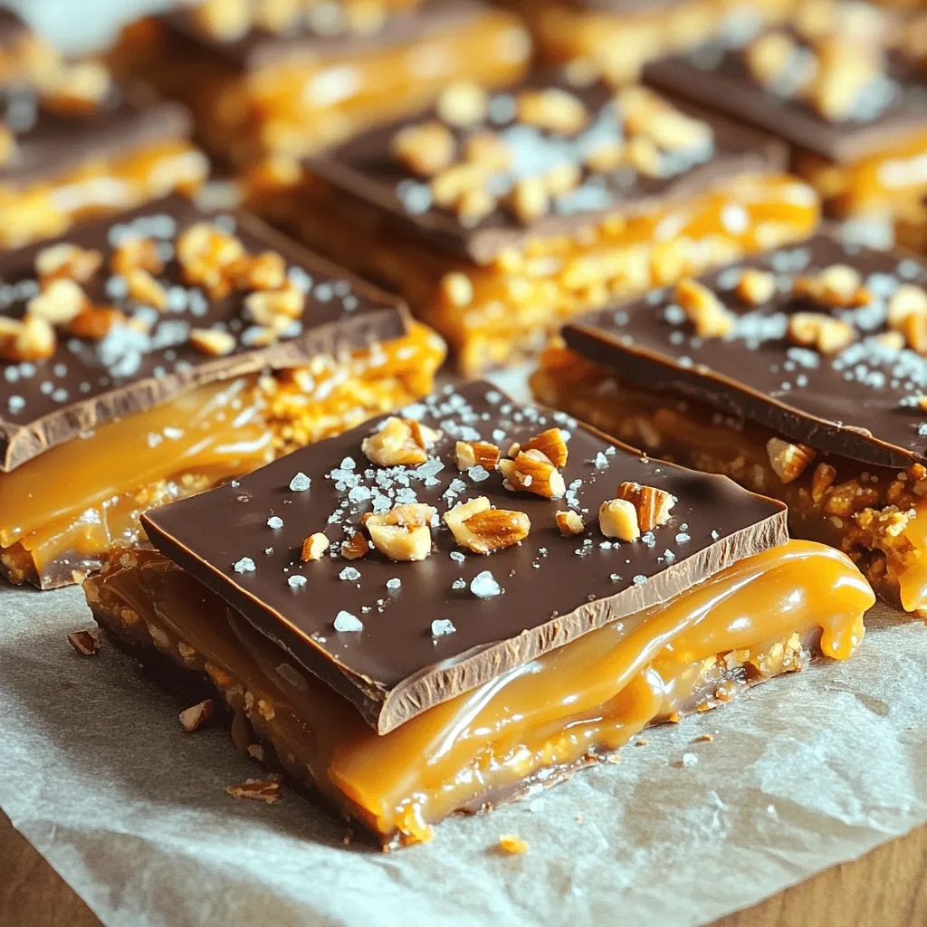- 2 cups pretzel sticks - 1 cup semi-sweet chocolate chips - 1 cup caramel sauce - 1/2 cup chopped nuts - Sea salt To make Chocolate Caramel Pretzel Bark, you need simple yet tasty ingredients. First, gather 2 cups of pretzel sticks. These add a perfect crunch and salty flavor. Next, grab 1 cup of semi-sweet chocolate chips. They melt beautifully and create a rich layer. For sweetness, you’ll need 1 cup of caramel sauce. You can use store-bought or make your own. Then, get 1/2 cup of chopped nuts. Pecans, walnuts, or almonds work great here. Finally, don’t forget sea salt for sprinkling. It brings out all the flavors. Having these ingredients ready makes the process smooth and easy. The mix of sweet, salty, and crunchy will wow your taste buds! 1. Preheating the oven Start by preheating your oven to 350°F (175°C). This step is important to help the pretzels get crispy. 2. Preparing the baking sheet Line a baking sheet with parchment paper. This keeps the bark from sticking and makes cleanup easy. 3. Baking the pretzel sticks Spread 2 cups of pretzel sticks evenly on the baking sheet. Bake them in the oven for about 5 to 7 minutes. Watch for slight crispiness. Remove the pan and let them cool for a few minutes. 1. Using the microwave Take 1 cup of semi-sweet chocolate chips and put them in a microwave-safe bowl. Heat them in 30-second intervals. Stir between each interval to help them melt evenly. 2. Achieving a smooth consistency Continue heating until the chocolate is fully melted and smooth. Make sure there are no lumps. This smoothness will help it spread nicely over the pretzels. 1. Drizzling chocolate and caramel Once the pretzels are cool, drizzle the melted chocolate over them. Use a spatula to spread it into an even layer. Next, drizzle 1 cup of caramel sauce over the chocolate. This adds a sweet touch. 2. Adding nuts and sea salt Sprinkle 1/2 cup of chopped nuts over the top. You can use pecans, walnuts, or almonds. Finish by lightly dusting sea salt over the nuts. This enhances the flavors. 3. Setting in the refrigerator Place the baking sheet in the refrigerator for about 30 minutes. This will help the bark set and harden. Once set, break it into pieces of your desired size and enjoy! To make sure your bark turns out great, focus on two main points: melting chocolate evenly and avoiding burnt pretzels. - Ensuring even melting: When you melt the chocolate chips, do it in a microwave-safe bowl. Heat them in 30-second bursts. Stir between each burst. This helps the chocolate melt evenly and prevents it from burning. - Avoiding burnt pretzels: When you bake the pretzel sticks, keep an eye on them. Bake at 350°F for just 5-7 minutes. You want them crispy but not burnt. Let them cool slightly before adding the chocolate. How you serve your bark can make it extra special. Here are some fun ways to present it. - Creative serving suggestions: Break the bark into pieces and arrange them on a colorful plate. You can also stack pieces in a glass jar. This looks nice and makes it easy to grab. - Storing and packaging options: If you want to gift the bark, wrap it in clear cellophane. Tie it with a ribbon for a cute touch. For storage, keep it in an airtight container at room temperature. Feel free to switch things up with your bark. Here are some ideas to make it your own. - Nut alternatives: If you don’t like nuts, try using seeds like sunflower or pumpkin. They add a nice crunch without the nut flavor. - Flavor variations: Want a twist? Add a sprinkle of cinnamon or chili powder to the chocolate. You can also use white chocolate instead of semi-sweet for a sweeter taste. {{image_2}} Gluten-free options You can easily make this bark gluten-free. Just switch to gluten-free pretzel sticks. Many brands offer tasty gluten-free options. Check the label to ensure they meet your needs. Vegan modifications To make a vegan version, use dairy-free chocolate chips. You can find many great brands that melt well. Also, choose a vegan caramel sauce. This way, everyone can enjoy this treat! Adding spices or extracts Want to spice things up? Try adding a pinch of cinnamon or sea salt. You can also mix in vanilla or almond extract. These small changes can bring new flavors to your bark. Experiment and find what you like best! Using flavored chocolate For a fun twist, use flavored chocolate. You can find options like dark chocolate or mint chocolate. Each choice will change the taste of the bark. This is a great way to keep things exciting! To keep your chocolate caramel pretzel bark fresh, use an airtight container. This prevents air and moisture from spoiling the bark. You can also wrap it tightly in plastic wrap for extra protection. Store the container at room temperature, away from direct sunlight. When stored properly, your bark can stay fresh for up to two weeks. Over time, it may lose its crunch and flavor. Look for signs of spoilage, like a dull appearance, stale taste, or unusual smells. If you see any of these signs, it’s best to toss it out. Can I use milk chocolate instead of semi-sweet? Yes, you can use milk chocolate. It makes the bark sweeter and creamier. Just remember, milk chocolate melts differently. Watch it closely to avoid burning. How do I make homemade caramel sauce? To make caramel sauce, you need sugar, water, and cream. Start by heating sugar and water in a pan. Stir until it turns golden. Then, slowly mix in cream. Be careful, as it bubbles up! What if my chocolate seizes? If your chocolate seizes, it may have come into contact with water. You can fix it by adding a bit of vegetable oil. Stir it in until smooth. How to fix uneven layers? To fix uneven layers, you can gently heat the bark. Place it back in the oven for a minute. This helps to melt the layers slightly. Then, use a spatula to smooth them out. Best pairings for Chocolate Caramel Pretzel Bark This bark pairs well with vanilla ice cream or fresh fruit. A cup of coffee or tea also complements its sweet and salty flavors. Suitable occasions for serving Serve this treat at parties, movie nights, or as a fun snack. It’s perfect for holidays or as gifts for friends and family. In this post, we explored how to make Chocolate Caramel Pretzel Bark. We covered the ingredients, preparation steps, and tips to make it perfect. You learned about variations, storage tips, and common questions. This treat is fun to make and share. Whether you stick to the basics or customize, your bark will impress. Remember, the best part is enjoying it with friends and family. With practice, you’ll create your new favorite snack! Happy baking, and enjoy every delicious bite!