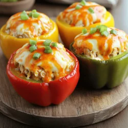 For the best Buffalo Chicken Stuffed Peppers, gather these fresh ingredients: - 4 large bell peppers (red, yellow, or green) - 2 cups cooked, shredded chicken - 1/2 cup buffalo sauce - 1 cup cream cheese - 1 cup shredded cheddar cheese - 1/2 cup crumbled blue cheese (optional) - 1/4 cup green onions, chopped - Salt and pepper to taste - Olive oil for drizzling These ingredients create a tasty mix. The bell peppers act as a fun and colorful shell. The shredded chicken brings protein and flavor. Buffalo sauce adds a spicy kick, while cream cheese gives a rich texture. Cheddar cheese melts beautifully on top, and blue cheese adds a tangy flair, if you choose to add it. Green onions finish the dish with a fresh crunch. Using fresh ingredients makes a big difference. Each bite bursts with flavor. This dish not only satisfies but also impresses with its vibrant colors. When you gather these ingredients, you set the stage for a meal that is both savory and satisfying. - Preheat your oven to 375°F (190°C). - Cut the tops off the bell peppers, remove seeds, and membranes. I like to start by preheating the oven. This helps the stuffed peppers cook evenly. Next, grab your bell peppers. You can use red, yellow, or green. Cut off the tops and scoop out the seeds and white parts. This keeps the peppers sweet and tender. A light drizzle of olive oil on the peppers adds flavor and helps them cook well. - Combine shredded chicken, buffalo sauce, cream cheese, cheddar cheese, and blue cheese (if using). Now, let’s make the filling! In a large bowl, mix the cooked and shredded chicken with buffalo sauce. I recommend adding just enough buffalo sauce to get your desired spice level. Then, add the softened cream cheese and half of the cheddar cheese. If you love blue cheese, throw that in too! Mix everything until it’s nice and creamy. Don’t forget to season with salt and pepper. This step is key for flavor. - Spoon chicken mixture into peppers and bake covered, then uncovered. Time to stuff those peppers! Take the chicken mixture and spoon it evenly into each pepper. Pack it in gently so they don’t fall apart. Once filled, top each pepper with the rest of the cheddar cheese and sprinkle with green onions. Cover your baking dish with foil and bake for about 25-30 minutes. This keeps the moisture in. After that, take off the foil and bake for another 10-15 minutes. You want the cheese to be melted and bubbly. The peppers should be tender but still hold their shape. Let them cool for a few minutes before serving. To ensure even cooking, always cut the tops off your bell peppers. Remove the seeds and membranes. This lets hot air flow inside. Lightly drizzle olive oil inside and outside each pepper. This keeps them moist and adds flavor. Adjusting spiciness is easy with buffalo sauce. Start with a half cup, then taste. If you want more heat, add more sauce little by little. This way, you control the spice level to fit your taste. For a beautiful platter, arrange the stuffed peppers in a circle. Drizzle extra buffalo sauce over them. This adds a nice touch and makes them more inviting. Garnishing with fresh parsley or chopped green onions adds color. Sprinkle them on top right before serving. This not only looks great but enhances the flavor too. {{image_2}} You can make Buffalo Chicken Stuffed Peppers even better with some easy swaps. If you want a lighter dish, try using Greek yogurt instead of cream cheese. Greek yogurt gives a nice tang and cuts down on fat. You can also play with cheeses. Use pepper jack for extra heat or mozzarella for a milder taste. Switching up the sauce works too. Try ranch dressing for a creamier flavor or a spicy BBQ sauce for a sweet twist. If you need a gluten-free option, this recipe is already safe. Just check your buffalo sauce to ensure it’s gluten-free. For vegetarian adaptations, swap the chicken for cooked quinoa or lentils. Mix in some black beans for protein and flavor. You can still enjoy the cheesy goodness and spicy sauce while keeping it meatless! You can store leftover stuffed peppers in the fridge. Place them in an airtight container. They will stay fresh for up to four days. When ready to eat, just reheat in the oven or microwave. This keeps the flavors nice and strong. To freeze stuffed peppers, let them cool first. Wrap each pepper tightly in plastic wrap. Then, place them in a freezer bag. Squeeze out any air to prevent freezer burn. They can last up to three months in the freezer. When you want to enjoy them, thaw in the fridge overnight. Bake them at 375°F until heated through. This method keeps the taste and texture intact. Can I use raw chicken instead of cooked? No, you should not use raw chicken. Raw chicken needs to cook longer. Stuffed peppers require cooked chicken to mix right with the other flavors. What can I substitute for bell peppers? You can use zucchini, tomatoes, or even large mushrooms. They all hold filling well. Each option brings its own taste and texture, so feel free to experiment! How long do cooked stuffed peppers last in the fridge? Cooked stuffed peppers last about 3 to 5 days in the fridge. Store them in an airtight container. This keeps them fresh and safe to eat. Can I make stuffed peppers ahead of time? Yes, you can make them ahead! Prepare the peppers and filling, then store them separately. When ready, just fill the peppers and bake. This saves time on busy days. This blog post shared a simple recipe for stuffed bell peppers. We covered key ingredients, easy steps, and helpful tips. You can customize the recipe to fit dietary needs or preference. Remember, you can store leftovers in the fridge or freeze them for later. Enjoy creating this dish for a tasty and filling meal. It is fun to cook, and the results taste great! I hope you feel inspired to try it soon. Your kitchen adventures can lead to delicious meals. Happy cooking!