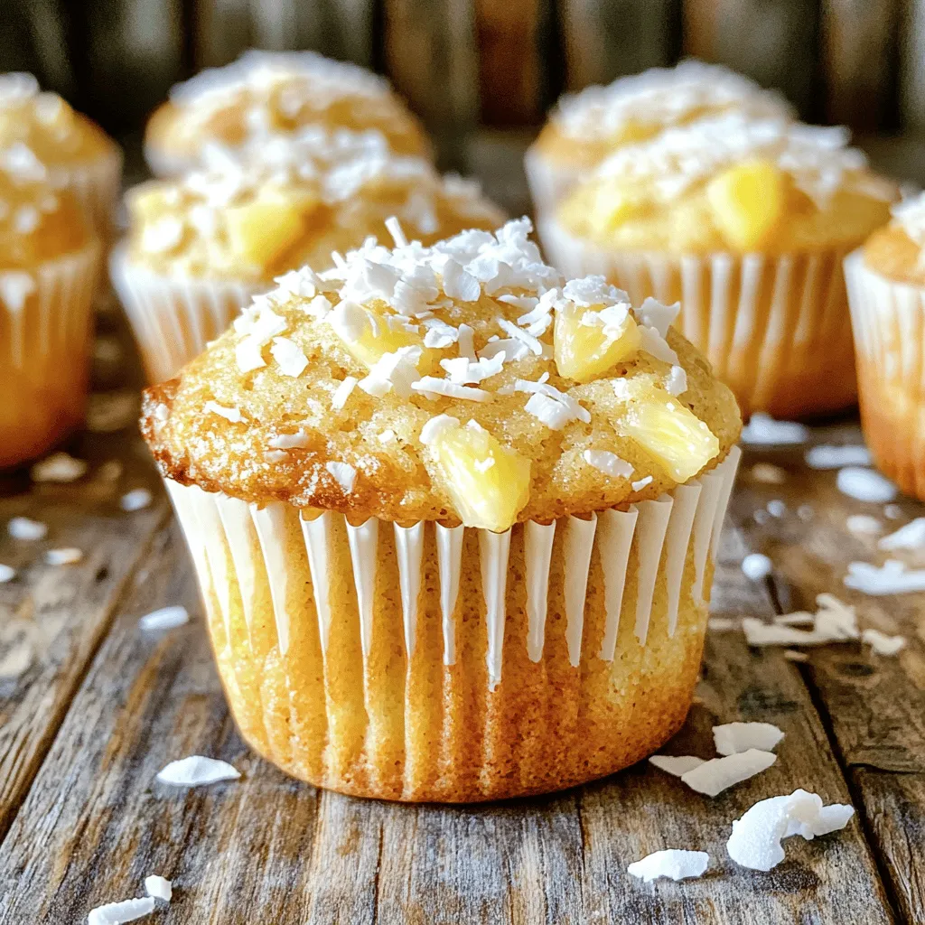 For the perfect pineapple coconut muffins, you need these main ingredients: - 1 cup all-purpose flour - 1/2 cup shredded coconut (unsweetened) - 1/2 teaspoon baking powder - 1/2 teaspoon baking soda - 1/4 teaspoon salt - 1/2 cup granulated sugar - 1/3 cup vegetable oil - 1/2 cup crushed pineapple (drained) - 1/4 cup milk (or coconut milk for extra flavor) - 1 large egg - 1 teaspoon vanilla extract These ingredients work together to create a soft, moist muffin with a tropical twist. You can add some fun flavors with these optional ingredients: - 1/4 cup chopped walnuts or macadamia nuts Nuts bring a nice crunch and complement the tropical taste. You can mix and match based on your taste! If you have dietary needs, here are some easy swaps: - Use whole wheat flour for added fiber. - Substitute coconut milk for regular milk for a richer flavor. - For a vegan option, replace the egg with 1/4 cup of applesauce. These substitutions keep the muffins tasty while fitting your diet. Enjoy your baking adventure! Start by gathering all your ingredients. You will need flour, shredded coconut, baking powder, baking soda, salt, sugar, vegetable oil, crushed pineapple, milk, an egg, and vanilla extract. If you like nuts, grab some walnuts or macadamia nuts. Preheat your oven to 375°F (190°C). This step is key for baking. 1. Mix Dry Ingredients: In a big bowl, combine the flour, coconut, baking powder, baking soda, and salt. Whisk them well until mixed. 2. Combine Wet Ingredients: In another bowl, mix sugar and vegetable oil. Stir until it looks creamy. Add the drained pineapple, milk, egg, and vanilla extract. Mix it all together until smooth. 3. Combine Mixtures: Pour the wet mix into the dry mix. Fold gently until just combined. Be careful not to overmix. If you like, fold in the nuts. 4. Fill Muffin Tin: Use a spoon to divide the batter into your muffin tin. Fill each cup about two-thirds full. 5. Bake: Place the muffin tin in the oven. Bake for 18 to 22 minutes. A toothpick should come out clean when inserted into the center. 6. Cool: Let the muffins cool in the pan for five minutes. Then, move them to a wire rack to cool fully. To check if your muffins are done, use a toothpick. Insert it into the middle of a muffin. If it comes out clean, they are ready. If there’s batter on the toothpick, let them bake a bit longer. Always trust your nose, too! The smell of baked muffins will fill your kitchen when they are close to done. To make your muffins soft and fluffy, mix the dry and wet ingredients separately first. When you combine them, fold gently. Overmixing can make muffins tough. Aim for a batter that is just combined. You can also add extra coconut for a chewier texture. This will enhance the tropical flavor. Keep your muffins fresh by storing them in an airtight container. Place them at room temperature for up to three days. For longer storage, you can freeze them. Wrap each muffin in plastic wrap, then place them in a freezer bag. They can last up to three months in the freezer. Serve your muffins warm for the best taste. You can add a sprinkle of shredded coconut on top for a nice look. A dollop of whipped cream or cream cheese frosting pairs well too. If you want to add a twist, try serving them with a tropical fruit salad. This makes for a delightful breakfast or snack. {{image_2}} You can easily change your muffins by adding more fruit. Mango and banana work great. Add 1/2 cup of diced mango for a sweet twist. Or mash one ripe banana into the wet mix. Both fruits add flavor and moisture. This makes your muffins even more tropical and fun. If you want a healthier muffin, use whole wheat flour instead of all-purpose flour. This adds fiber and nutrients. You can also lower the sugar. Try using 1/3 cup of sugar or a sugar substitute. The muffins will still taste amazing with less sugar. To make these muffins vegan, replace the egg with a flax egg. Mix 1 tablespoon of ground flaxseed with 2.5 tablespoons of water. Let it sit for five minutes until it thickens. For a gluten-free option, swap all-purpose flour for gluten-free flour. Make sure your baking powder is gluten-free too. These simple swaps keep the muffins tasty and enjoyable for everyone. To keep your pineapple coconut muffins fresh, store them in an airtight container. This helps keep moisture in and prevents them from drying out. You can place the muffins on the counter for up to two days. If you want them to last longer, move them to the fridge. Just remember, the fridge can make muffins a bit dry. If you want to save your muffins for later, freezing is a great option. First, let them cool completely. Then, wrap each muffin tightly in plastic wrap. After that, place them in a freezer-safe bag or container. They can stay in the freezer for up to three months. Just label the bag with the date to keep track. To bring back the fresh taste of your muffins, you can reheat them easily. For a quick option, use the microwave for about 15-20 seconds. If you prefer a crispy top, pop them in the oven at 350°F (175°C) for 5-10 minutes. This way, you can enjoy your muffins just like they were fresh out of the oven. You can check if the muffins are done by using a toothpick. Insert it into the center of a muffin. If it comes out clean, your muffins are ready. You should also see a nice golden color on top. Bake them for about 18 to 22 minutes at 375°F (190°C) for best results. Yes, you can use fresh pineapple instead of canned. Just chop it into small pieces and drain any excess juice. Fresh pineapple adds a bright, juicy flavor. It may change the texture a bit, but it will still taste amazing. If you want to skip shredded coconut, try using oats or almond flour. You could also use chopped nuts for a different texture. Each option gives a unique taste, so feel free to experiment based on what you like. These muffins stay fresh for about three days at room temperature. Keep them in an airtight container to maintain their moisture. You can also freeze them for up to three months. Just thaw them in the fridge or microwave when you want to enjoy them again. In this article, we explored the ingredients needed for pineapple coconut muffins. We discussed how to prepare and bake them, plus tips for texture and storage. Variations included tropical fruits and healthier options. Remember, you can adapt the recipe to fit your diet. Fresh muffins are a joy, and these tips help keep them tasty. Enjoy making these delightful treats and share them with friends! You’ll impress everyone with your baking skills. Keep experimenting and have fun in the kitchen!