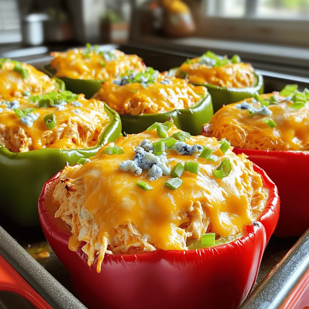 - 4 large bell peppers (any color) - 2 cups shredded cooked chicken - 1/2 cup buffalo sauce (adjust for spice preference) - 1 cup cream cheese, softened - 1 cup shredded cheddar cheese - 1/2 cup blue cheese crumbles (optional) - 1/4 cup green onions, chopped - Salt and pepper to taste You can swap the cream cheese and cheddar for ricotta or mozzarella. If you want a different taste, try jalapeño peppers or poblano peppers. You can also use extra hot buffalo sauce for more spice. Each serving has about 350 calories. You get 25 grams of protein, 20 grams of carbs, and 15 grams of fat. The chicken offers lean protein, while the peppers add vitamins A and C. Cream cheese adds creaminess, and blue cheese provides flavor. This dish gives you a tasty balance of nutrition. - Preheat your oven to 375°F (190°C). This ensures even cooking. - Cut the tops off the bell peppers. Remove the seeds and membranes. Set them aside. - In a large bowl, mix shredded chicken with buffalo sauce and softened cream cheese. - Add half of the cheddar cheese and chopped green onions. Season with salt and pepper. - Mix well until all ingredients blend together. This step is key for flavor. - Spoon the buffalo chicken mixture into each bell pepper. Pack it down gently. - Place the stuffed peppers in a baking dish. If they tip over, slice a bit from the bottom to level them. - Top each pepper with the remaining cheddar cheese and optional blue cheese crumbles. - Cover the dish with foil and bake for 25 minutes. - Remove the foil and bake for another 10 minutes. Look for melted cheese. - Once done, cool them for a few minutes before serving. Enjoy this flavorful delight! To choose the right peppers, look for large, firm ones. Bright colors like red, green, or yellow work best. Avoid any that feel soft or have blemishes. These can affect how well the peppers cook. For even cooking, cut the tops carefully. Remove the seeds and membranes. This gives you space for the filling. When baking, place the peppers upright in the dish. If they wobble, slice a tiny bit off the bottom. This helps them stand steady. To make your dish even better, add spices like garlic powder or onion powder. A sprinkle of smoked paprika can add a nice depth. If you like heat, consider adding cayenne pepper or chili flakes. You can customize the buffalo sauce too. Mix in honey for sweetness or ranch dressing for creaminess. This can change the flavor and make it your own. Pair your stuffed peppers with a simple side salad. A fresh green salad with a light vinaigrette works well. You can also serve them with rice or quinoa for a filling meal. For garnishes, consider adding fresh herbs like parsley or cilantro. A sprinkle of extra green onions adds crunch. Drizzle more buffalo sauce on top for those who crave extra spice. {{image_2}} You can easily switch to a vegetarian version. Instead of chicken, use plant-based alternatives. Think shredded jackfruit or soy protein. These options soak up flavors well. Mix them with buffalo sauce and cream cheese. You still get that rich taste without meat. You can change the flavor of your stuffed peppers for fun. For a Thai twist, use peanut sauce. This gives a nutty and creamy taste. Add chopped veggies like carrots or bell peppers for extra crunch. For a Mexican spin, mix in salsa and black beans. This packs a punch of flavor. Use spices like cumin and chili powder for more zest. The options are endless, and each brings something special. Cooking methods can change how your stuffed peppers taste. If you want a quick meal, try the Instant Pot. It cooks them fast and keeps them moist. Just set it to high pressure for about 10 minutes. Want a crispy exterior? Use an air fryer. Preheat it to 375°F (190°C) and cook for about 15 minutes. This method makes the peppers tender and the cheese bubbly. Both methods offer tasty results with less fuss. After enjoying your buffalo chicken stuffed peppers, store any leftovers in the fridge. Place them in an airtight container. Make sure the peppers cool down first. This helps keep them fresh longer. Use containers that stack well to save space. Glass or BPA-free plastic containers work best. If you want to save your stuffed peppers for later, freezing is a great option. First, let them cool completely. Wrap each pepper in plastic wrap. Then, place them in a freezer-safe bag or container. This keeps them safe from freezer burn. When you are ready to eat, thaw them in the fridge overnight. Reheat in the oven at 375°F (190°C) until warm. Buffalo chicken stuffed peppers can last in the fridge for about 3 to 4 days. After that, they may spoil. Look for signs like a change in color or a bad smell. If the peppers feel slimy, it’s best to toss them out. Always check your food to stay safe. You can use several tasty options. Here are some substitutes: - Shredded tofu: This works well and soaks up flavors. - Chickpeas: Mash them for a nice texture. - Pulled jackfruit: This has a similar texture to chicken. - Seitan: It mimics meat and has a great bite. These choices make your dish plant-based and still delicious. Yes, you can prepare them in advance! Here’s how: - Mix the stuffing and stuff the peppers. - Store them in the fridge for up to 24 hours. - Bake them when you're ready. You can also bake and store leftovers. Just keep them in a sealed container. They will stay fresh in the fridge for about 3 days. The spice level depends on the buffalo sauce you use. Here are tips to adjust heat: - Use mild buffalo sauce for less heat. - Add extra sauce for more spice. - Mix in some chopped jalapeños for an extra kick. You can customize the heat to fit your taste. Pair these peppers with great sides. Here are my favorites: - Fresh salad: A crisp green salad balances the meal. - Corn on the cob: This adds a sweet touch. - Sweet potato fries: They give a nice crunch. For drinks, try a light beer or a refreshing lemonade. These pair well with the flavors of the dish! In this blog post, we explored how to create delicious Buffalo Chicken Stuffed Peppers. You learned about the essential ingredients, preparation steps, baking methods, and tips to enhance flavor. We also discussed variations and storage tips to make this dish your own. These stuffed peppers are not just tasty; they fit many diets. Try different ingredients and spices for unique flavors. Enjoy your cooking adventure with this fun and easy recipe!