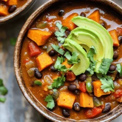 - Sweet Potatoes You need 2 medium sweet potatoes. Peel and dice them. They add natural sweetness and creaminess. - Black Beans Use 1 can (15 oz) of black beans. Drain and rinse them to remove excess sodium. They provide protein and texture. - Other Vegetables Add 1 red bell pepper, diced, for a sweet crunch. Include 1 yellow onion, finely chopped, and 3 cloves of minced garlic for flavor depth. Add 1 cup of corn, fresh or frozen, for sweetness. - Spices and Seasonings Use 2 teaspoons of ground cumin for earthiness. Add 1 teaspoon of smoked paprika for a smoky touch. Include 1 teaspoon of chili powder for warmth. Adjust with 1/2 teaspoon cayenne pepper to taste. Don't forget salt and pepper to enhance flavors. - Optional Garnishes and Sides Top your chili with fresh cilantro, chopped for a fresh kick. Serve with avocado slices for creaminess. Pair with cornbread or tortilla chips for added crunch. Cooking the Onion and Garlic First, heat the olive oil in a large pot over medium heat. Add the chopped onion and sauté it for about 5 minutes. You want the onion to become translucent. This step builds a great base for flavor. Next, stir in the minced garlic. Cook it for one more minute until it smells amazing. Adding Sweet Potatoes and Spices Now it is time to add the diced sweet potatoes and the red bell pepper. Sprinkle in the ground cumin, smoked paprika, chili powder, and cayenne pepper. Stir well to coat the veggies with the spices. This is where the magic begins! The sweet potatoes will add a nice sweetness, while the spices bring heat and depth. Incorporating Broth and Vegetables Pour in the vegetable broth and bring the mixture to a boil. Once boiling, reduce the heat. Let it simmer for about 15 minutes, or until the sweet potatoes are fork-tender. This simmering time allows the flavors to mingle and develop a rich taste. Simmering Time After the sweet potatoes are tender, it’s time to add the remaining ingredients. Stir in the drained and rinsed black beans, diced tomatoes with green chilies, and the corn. Let the chili simmer for another 10 to 15 minutes. This helps the flavors meld together. Adding Remaining Ingredients Once everything is well mixed, check the seasoning. Add salt and pepper to taste. If you like it spicier, this is your chance to add more cayenne pepper. Taste as you go to find your perfect balance. Adjusting Flavor and Thickness Lastly, once the chili thickens to your liking, take it off the heat. It should have a nice, hearty texture. For a lovely presentation, serve it in bowls topped with fresh cilantro and slices of avocado. Enjoy the warmth and flavor of this vegan delight! Adjusting Spice Levels You can change the heat in your chili easily. If you want it spicier, add more cayenne pepper. For a milder dish, use less cayenne. Taste as you go. This way, you can find your perfect balance. Using Fresh Ingredients vs. Canned Fresh ingredients can boost flavor. Fresh sweet potatoes add sweetness and texture. Fresh bell peppers have a crunch. Canned ingredients save time but still taste great. Choose what fits your schedule and taste. Enhancing with Accompaniments Top your chili with fresh cilantro and avocado slices. These add creaminess and freshness. You can also serve with cornbread or tortilla chips for a fun crunch. These extras make each bite special. Slow Cooker Instructions Want to use a slow cooker? Start by sautéing the onion and garlic in a pan. Then, transfer all ingredients to the slow cooker. Set it on low for 6-8 hours or high for 3-4 hours. This method lets flavors blend well. Instant Pot Instructions For a quick option, use an Instant Pot. Sauté the onion and garlic first. Then add all other ingredients. Seal the lid and cook on high pressure for 10 minutes. Let it release naturally for 10 minutes before opening. This method saves time while keeping flavors rich. {{image_2}} Alternative Beans You can swap black beans for other beans. Kidney beans or pinto beans work great. They add a different taste and texture to your chili. You can even mix beans for more flavor. Different Vegetables Feel free to change up the veggies. Try adding zucchini, carrots, or even spinach. Each option brings unique flavors and colors. You can also roast vegetables for a smoky taste. Gluten-Free Options This chili is naturally gluten-free. Ensure your broth and any sauces are gluten-free too. You can use quinoa instead of beans for a new twist. Adding Different Spices Spices can change everything. Try adding oregano or coriander for extra depth. A dash of cinnamon gives a warm, earthy feel. Adjust the cayenne pepper for more heat if you like spice. Incorporating Sauces or Salsas You can add sauces like hot sauce or BBQ for a flavor boost. Salsas bring freshness and tang. Try a mango salsa for sweetness or a green salsa for zest. Each addition makes your chili unique and exciting. - Refrigerating Leftovers After you enjoy your chili, let it cool. Place it in an airtight container. It will stay fresh for up to five days. Make sure to store it in the fridge. This keeps the flavors locked in and prevents spoilage. - Freezing Chili for Future Meals If you want to save some for later, freezing is a great option. Use freezer-safe containers or bags. Leave some space at the top for expansion. When stored properly, it can last up to three months. To thaw, just place it in the fridge overnight. - Best Methods for Reheating To reheat your chili, you have a few options. The microwave is quick. Just heat in short bursts, stirring between each. For stovetop, pour it into a pot and warm on low heat. Stir often to prevent sticking. - Adjusting Consistency If your chili seems thick after reheating, add a splash of vegetable broth or water. This will help achieve your desired texture. Stir well to mix in the liquid evenly. Enjoy the warm, comforting flavors again! Can I make this recipe lower in carbs? Yes, you can lower the carbs. Try using less sweet potato. You can also add more low-carb vegetables like zucchini or spinach. These changes will keep the chili tasty and filling. How can I make it spicier? To heat things up, add more cayenne pepper. You can also mix in jalapeños or hot sauce. Taste as you go to find the spice level you enjoy. Is this chili suitable for meal prep? Absolutely! This chili stores well and tastes even better the next day. Just keep it in an airtight container in the fridge. You can also freeze it for later meals. Caloric Content One serving of this chili has about 300 calories. This can vary based on portion size and added toppings. Protein and Fiber Levels Each serving offers around 12 grams of protein and 10 grams of fiber. This makes it a hearty and filling choice for any meal. This blog post covered everything you need to know about Vegan Sweet Potato Black Bean Chili. I detailed the key ingredients, preparation steps, and cooking tips. You learned how to customize flavors and find storage methods. Remember, this chili is flexible. Adjust the spices, swap ingredients, or pick a different cooking method. Whether you meal prep or enjoy a comforting bowl, this recipe is sure to satisfy. Embrace your creativity in the kitchen and enjoy a delicious, healthy meal!
