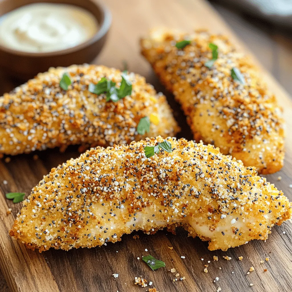 - 1 lb (450g) boneless, skinless chicken tenders - 1 cup buttermilk or plain yogurt - 1 cup all-purpose flour - 2 cups Panko breadcrumbs - 3 tablespoons everything bagel seasoning - 1 teaspoon garlic powder - 1 teaspoon onion powder - Salt and pepper to taste - Olive oil spray These ingredients help you create the best Air Fryer Everything Bagel Chicken Tenders. Start with chicken tenders. They are tender and cook fast. Buttermilk or yogurt adds moisture and flavor. Flour helps the coating stick. Panko breadcrumbs give crunch, while everything bagel seasoning adds a unique twist. Garlic and onion powders bring depth, and salt and pepper enhance the taste. Finally, olive oil spray gives a golden finish. Gather these items to make your meal fun and tasty. The right ingredients make a big difference. Trust me, this combo is a winner! To start, take your chicken tenders and place them in a bowl. Pour one cup of buttermilk over the chicken. Make sure every piece is covered. This helps keep the chicken moist. Cover the bowl and place it in the fridge. I recommend marinating for at least one hour. For a deeper flavor, marinate overnight. Next, let’s prepare the coating. In one bowl, mix one cup of all-purpose flour, one teaspoon of garlic powder, one teaspoon of onion powder, salt, and pepper. In another bowl, add two cups of breadcrumbs. Mix in three tablespoons of everything bagel seasoning. This will give your chicken a great crunch and flavor. Now it’s time to coat the chicken. Take each tender out of the buttermilk. First, dredge it in the flour mixture. Shake off any extra flour. Then dip it back into the buttermilk. Finally, roll it in the breadcrumb mixture. Press down gently to help the crumbs stick well. This will create a nice, crispy layer when cooked. Before we cook, preheat your air fryer to 400°F (200°C) for about five minutes. While it's preheating, lightly coat the air fryer basket with olive oil spray. Lay the chicken tenders in a single layer. Do not overlap them. Spray the tops with a bit more olive oil. Air fry for 10-12 minutes. Halfway through, flip the tenders. Spray any dry spots with more olive oil. This ensures even cooking. The chicken should reach an internal temperature of 165°F (74°C) to be safe to eat. When done, you’ll have crispy, golden-brown chicken tenders ready to enjoy! To get that perfect crunch on your chicken tenders, use Panko breadcrumbs. They are light and airy. This type of breadcrumb gives a crispier texture than regular breadcrumbs. When you fry them, they turn golden brown and super crunchy. Using olive oil spray is also key. A light spray helps the breadcrumbs stick and get crisp. Make sure to spray the tops of the tenders before frying. This way, they cook evenly and don’t dry out. To boost the taste, add some spices. You can mix in smoked paprika or cayenne pepper for a kick. A pinch of dried herbs like thyme or parsley also adds depth. These extra flavors make your tenders more exciting. For serving, try dipping sauces! A creamy ranch or a tangy mustard sauce pairs well. You can also serve them with fresh veggies or a light salad. This adds freshness and color to your meal. Marinating chicken is simple but crucial. First, coat your chicken tenders in buttermilk. This helps keep them moist and adds flavor. Let them soak for at least one hour. For the best taste, marinate overnight. When marinating, cover the bowl to keep the chicken fresh. You can also add spices to the buttermilk. This gives an extra layer of flavor that seeps into the chicken. Remember, good marination makes all the difference! {{image_2}} You can easily change this recipe to suit your taste. - Using different types of breadcrumbs: You can try using regular breadcrumbs or crushed crackers. Each option gives a unique texture and flavor. Panko gives the best crunch, but feel free to experiment. - Substituting with alternative seasonings: Switch up the everything bagel seasoning for other spices. Try Italian herbs or Cajun seasoning for a new twist. This helps you customize the flavor to your liking. Want to add some heat? It’s simple! - How to kick up the heat: Mix cayenne pepper or chili powder into your flour mixture. Just a little can make a big difference. - Adding spicy ingredients to the coating: You can also add crushed red pepper flakes to the breadcrumb mix. This will give your chicken tenders a nice kick. You can make a great vegetarian version, too. - Adapting the recipe using tofu or cauliflower: Use firm tofu cut into strips or cauliflower florets instead of chicken. Marinate them just like you would with chicken. Coat them with the same mixture for a tasty dish. Cook them the same way in the air fryer for a crispy delight. To keep your chicken tenders fresh, store them in an airtight container. Place a paper towel inside to absorb moisture. This helps keep them crispy. Refrigerate the container right away. They stay good for about three to four days. For longer storage, you can freeze the tenders. Make sure they cool down first. Wrap each tender in plastic wrap, then put them in a freezer bag. This keeps them fresh for up to three months. To reheat your chicken tenders, use the air fryer for best results. Preheat it to 375°F (190°C). Place the tenders in a single layer. Heat them for about 5-7 minutes. This makes them crispy again. You can also use your oven. Set it to 375°F (190°C) and bake for 10-15 minutes. Cover with foil to keep moisture in, then remove it for the last few minutes to crisp them up. To freeze cooked tenders, follow these steps: Let them cool completely first. Place them in a single layer on a baking sheet and freeze for about an hour. Once frozen, transfer them to a freezer bag. For thawing, place them in the fridge overnight. This helps keep them moist. Reheat using the air fryer or oven as mentioned. Enjoy your tenders as if they were freshly made! Yes, you can use frozen chicken tenders. Just remember to thaw them first. Thawing helps the coating stick better. You can leave them in the fridge overnight or use the microwave for quick thawing. Once thawed, you can follow the same steps in the recipe. This method keeps the chicken juicy and delicious. These chicken tenders go well with many sides. Here are some great options: - Crispy French fries - Fresh salad with a tangy dressing - Creamy mac and cheese - Steamed broccoli or green beans - Tangy coleslaw These sides will add color and variety to your meal. The best way to check is by using a meat thermometer. It should read 165°F (74°C) inside the chicken. This ensures it’s safe to eat. If you don’t have a thermometer, look for these signs: - The juices run clear, not pink. - The meat is no longer translucent but white and firm. These visual cues help you know when your chicken is ready. You now have a simple guide to make crispy, flavorful chicken tenders. We covered the key ingredients, marinating tips, and how to air fry them perfectly. I also shared ideas for variations and how to store leftovers. Perfecting this dish takes practice, but the result is worth it. Enjoy it with your favorite sides, and don’t forget to explore the spicy and vegetarian options. With these tips, you can impress anyone with your cooking skills. Try it out, and have fun in the kitchen!
