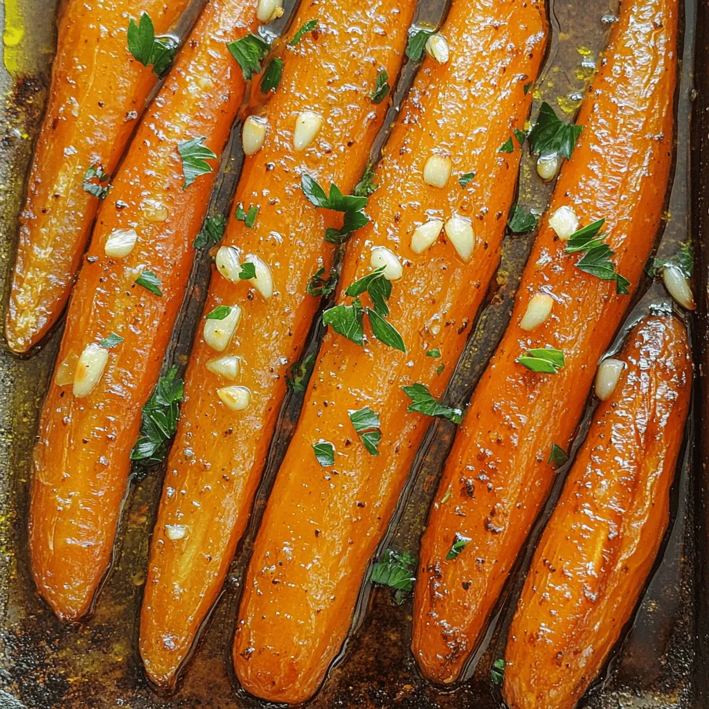- 1 pound baby carrots or regular carrots - 3 tablespoons honey - 2 tablespoons olive oil - 4 cloves garlic, minced - 1 teaspoon dried thyme - Salt and pepper to taste - Fresh parsley, chopped (for garnish) I love using fresh ingredients for this dish. You can choose baby carrots for a sweet bite. If you prefer, use regular carrots. Just peel and chop them into pieces. Honey is the star of this recipe. It brings a sweet touch that complements the carrots well. Olive oil adds richness and helps with roasting. Make sure to use good-quality olive oil for the best flavor. Garlic gives this dish a nice zing. Mince the garlic finely so it blends well with the other flavors. Dried thyme adds an earthy taste. If you have fresh thyme, feel free to use it instead. Salt and pepper are key to enhance all these flavors. Don't skip these, as they make the dish complete. Finally, fresh parsley is a great garnish. It adds color and a fresh taste. Gather these ingredients, and you are ready to make a delicious side dish! 1. Preheat your oven: Set your oven to 425°F (220°C). This high heat helps the carrots get nice and caramelized. 2. Whisk the honey garlic mixture: In a large bowl, mix together 3 tablespoons of honey, 2 tablespoons of olive oil, 4 minced garlic cloves, 1 teaspoon of dried thyme, and a pinch of salt and pepper. This mix will coat the carrots in sweet and savory flavor. 1. Toss carrots in the mixture: Add 1 pound of baby or chopped regular carrots to the bowl. Toss them well so they are fully covered in the honey garlic mixture. 2. Arrange on baking sheet: Spread the coated carrots in a single layer on a lined baking sheet. This helps them cook evenly and get that lovely golden color. 3. Roasting time and techniques: Roast the carrots in your preheated oven for 20 to 25 minutes. Stir them halfway through. This ensures they cook evenly and do not burn. 1. Garnish and serving suggestions: Once done, take the carrots out of the oven. Garnish with chopped fresh parsley for a bright touch. Serve these warm as a side to your favorite main dish. Enjoy the sweet, sticky goodness! When making honey garlic roasted carrots, choosing the right carrots matters. You can use baby carrots or regular carrots. Baby carrots are sweet and easy to use. They are perfect for quick meals. Regular carrots need peeling and chopping, but they add great flavor. To check for freshness, look for bright color and firm texture. Avoid carrots that feel soft or have dark spots. Fresh carrots will have a slight sheen. To boost flavor, try adding spices or herbs. Dried thyme is a great choice and pairs well with the honey. You can also use fresh thyme for a stronger taste. If you want to change up the oil, olive oil works well. Other options include avocado oil or melted butter. Each oil brings a unique taste to the dish. For the best results, set your oven to 425°F (220°C). This temperature helps the carrots caramelize nicely. To check for doneness, poke a carrot with a fork. It should feel tender but not mushy. If they need more time, roast for a few extra minutes. Stirring halfway through ensures even cooking. {{image_2}} You can switch honey for maple syrup. Maple syrup adds a rich, unique taste. Agave nectar also works well. It gives a light sweetness. Each sweetener changes the flavor a bit. Try them to find your favorite! Have fun by adding more veggies. Onions or bell peppers mix nicely with the carrots. They add color and flavor. You can also toss in nuts or seeds. Almonds or pumpkin seeds give a nice crunch. These add more texture and flavor to your dish. Honey garlic roasted carrots pair well with many main dishes. They go great with chicken or fish. You can also serve them at festive meals. They look bright and taste good on holiday tables. Enjoy this side dish anytime you want a sweet and savory bite! To keep your honey garlic roasted carrots fresh, store them in the fridge. Use an airtight container. This helps keep the carrots from drying out. Make sure they cool down before sealing the container. You can store them for up to four days. When reheating leftovers, I suggest using an oven or skillet. This helps keep the carrots crisp. If you use a microwave, they may become mushy. Heat them at a low setting and check often. Stir occasionally to ensure even warming. Freezing honey garlic roasted carrots is easy. Let them cool completely before freezing. Place them in a freezer-safe bag or container. Remove as much air as possible to avoid freezer burn. When you are ready to eat them, thaw overnight in the fridge. Reheat them in the oven to bring back their texture. Yes, you can use regular carrots. Just peel and chop them into smaller pieces. This helps them roast evenly. The taste remains the same, and you still get that sweet, garlicky flavor. Check the carrots after 20 minutes. They should be golden and tender. You can poke them with a fork. If it goes in easily, they are done. Stir halfway through to ensure even cooking. Yes, you can prep the carrots ahead of time. Toss them in the honey garlic mix and store them in the fridge. Just roast them when ready to serve. This saves time and makes dinner easier. These carrots go well with many dishes. Try them with roasted chicken or grilled steak. They also match nicely with rice or quinoa. For a veggie twist, serve with a fresh salad. Enjoy the sweet and savory flavors together! Honey garlic roasted carrots are simple and tasty. This dish needs only a few ingredients, like carrots, honey, and garlic. You saw how to prepare and roast them for the best flavor. You also learned tips to choose fresh carrots and variations to try. In the end, this recipe is easy to adapt for your taste. It’s perfect for any meal or special event. Enjoy these carrots, and impress your family and friends with your cooking!