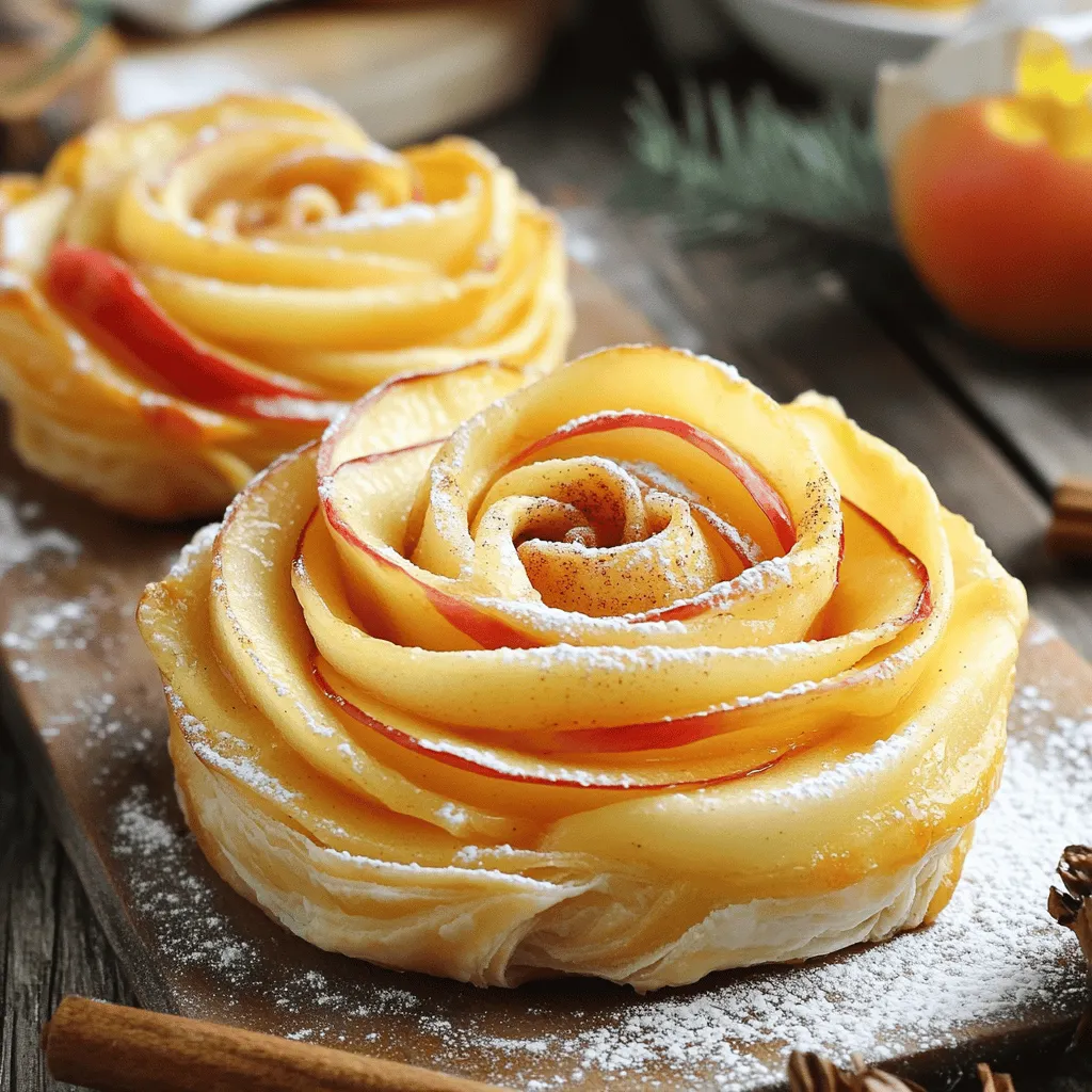 - 2 large red apples (e.g., Gala or Fuji) - 1 sheet of puff pastry (thawed) - 3 tablespoons butter (melted) - 1 teaspoon ground cinnamon - 1/4 cup granulated sugar - 1 tablespoon lemon juice - Flour for dusting - Powdered sugar for dusting (optional) - Cooking spray or parchment paper These ingredients create a delightful mix of flavors. The apples give sweetness, while the cinnamon adds warmth. The puff pastry brings a flaky texture that makes every bite special. If you don’t have red apples, you can use green apples. They add a nice tartness. For the puff pastry, you can try phyllo dough, but it may be more delicate. Instead of butter, you can use coconut oil for a dairy-free option. Always choose fresh apples. They should feel firm and have no soft spots. For puff pastry, check the expiration date. It should be cold and pliable. Fresh ingredients make the best baked apple roses. Enjoy the vibrant flavor and texture! First, you need to pick two large red apples. Gala or Fuji work best for this. Cut each apple in half and remove the core. Next, slice them thin, about 1/8 inch thick. To keep them fresh, soak the slices in a bowl of water mixed with lemon juice for five minutes. This step helps stop browning. After that, drain the slices. Microwave them in a safe bowl for two minutes. This softens the apples and makes them easy to shape. Take a sheet of thawed puff pastry and place it on a clean, floured surface. Roll it out gently to smooth it out. Cut the pastry into strips that are about 2-3 inches wide. Each strip needs to be brushed with melted butter. After that, sprinkle a layer of the cinnamon-sugar mix over the top of each strip. This adds great flavor! Now it’s time to assemble. Take one strip of pastry and start placing the apple slices along one edge. Overlap them slightly, with the skin side facing up. Continue this until the entire strip is covered with apple slices. Next, fold the lower half of the pastry over the apple slices. This creates the rose shape. Carefully roll the pastry from one end to the other to form the rose. Place each apple rose in a muffin tin. Before baking, brush the tops of the roses with any leftover melted butter. Sprinkle a little more cinnamon-sugar mixture on top for extra sweetness. Preheat your oven to 375°F (190°C). Line a baking sheet with parchment or spray it with cooking spray. Bake the roses for 25-30 minutes. They should turn golden brown, and the apples will be tender. Once done, let them cool a bit. If you want, dust them with powdered sugar before serving. Enjoy your delicious apple roses! To make great apple roses, your slices need to be very thin. Aim for about 1/8 inch thick. Use a sharp knife or a mandoline for even cuts. Soaking the slices in lemon juice water helps keep them fresh and bright. This step is key to avoiding browning. After soaking for five minutes, drain the slices. Microwaving them for two minutes makes them soft. This softness helps you shape the apples better in the pastry. To keep your puff pastry flaky, work on a cool surface. Dust it lightly with flour to prevent sticking. When you roll it out, be gentle. Don't overwork the dough; this can make it tough. Brush each strip with melted butter for flavor and crispiness. This helps create those lovely layers as they bake. Lastly, make sure your oven is preheated to 375°F. This heat is perfect for puffing up the pastry. These apple roses look and smell amazing. Serve them warm for the best taste. You can dust them with powdered sugar for a sweet finish. A scoop of vanilla ice cream also pairs well. For a fun twist, drizzle caramel sauce over them. These treats are perfect for parties or family gatherings. Enjoy each bite of this sweet delight! {{image_2}} You can change the taste of your apple roses easily. Try adding vanilla extract to the melted butter for a sweet note. You might also like to mix in nutmeg with the cinnamon for extra warmth. A sprinkle of chopped nuts, like almonds or pecans, adds a nice crunch. For a hint of tartness, consider a drizzle of caramel sauce on top. Each addition brings a new twist to the classic flavor. While Gala and Fuji apples work well, you can use other kinds too. Crisp Granny Smith apples give a tangy bite. Honeycrisp apples are very sweet and juicy. Braeburn apples offer a nice balance of sweet and tart. Experimenting with different apples lets you find your favorite taste for these lovely roses. Puff pastry isn't your only choice. You can use phyllo dough for a lighter, crispier texture. Just layer the sheets, brush with butter, and cut into strips. If you're feeling adventurous, crescent roll dough can work, too. It offers a soft and flaky base. Each pastry type changes the final look and feel of the baked rose, making it fun to try new things! Once you finish your delicious apple roses, you may have some left. To keep them fresh, place them in an airtight container. Store them in the fridge. They will stay good for about 2-3 days. Make sure they are completely cooled before sealing. This helps keep the pastry crisp. When you're ready to enjoy your leftovers, preheat your oven to 350°F (175°C). Place the apple roses on a baking sheet. Heat them for about 10-15 minutes. This warms them up and revives that flaky texture. You can also use a microwave if you're in a hurry. Just heat for 30 seconds to 1 minute. But, be aware that the pastry won't be as crisp. If you want to save some for later, freezing is a great option. First, let the apple roses cool completely. Wrap each one tightly in plastic wrap. Then, place them in a freezer-safe bag or container. They can last for up to 3 months in the freezer. When you're ready to eat, thaw them in the fridge overnight. Reheat as mentioned above for the best results. Yes, you can prepare these apple roses ahead of time. You can slice the apples and prepare the puff pastry. Keep them separate in the fridge. Simply assemble and bake them when you are ready to serve. This helps keep the pastry fresh and flaky. If you don't have puff pastry, you can use phyllo dough or pie crust. Both work well. Just remember to adjust the baking time as needed. Phyllo dough will create a lighter texture, while pie crust gives a more sturdy base. To keep the apples from browning, soak them in water mixed with lemon juice. Soak them for about five minutes. This will help keep their bright color and fresh taste while you work on the recipe. Yes, you can use gluten-free puff pastry. Many brands offer gluten-free options. Check the ingredients to ensure they meet your needs. You can also try using almond flour or a gluten-free pie crust for a different texture. We explored how to make delicious Cinnamon Sugar Baked Apple Roses. We covered key ingredients, tips on using fresh apples, and perfect pastry prep. You learned to assemble and bake these tasty treats easily. Remember, using thin apple slices and flaky pastry makes a big difference. You can also try different flavors, apple types, and storage methods. With these steps and tips, you now have all you need to create a delightful dessert. Enjoy sharing these sweet bites with friends and family!