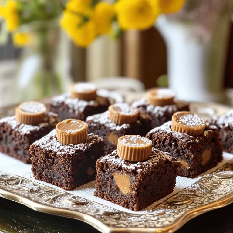 - 1 cup creamy peanut butter - 1/2 cup unsweetened cocoa powder - 1/2 cup honey or maple syrup - 2 large eggs - 1/4 teaspoon salt - 1/2 teaspoon vanilla extract - 1/2 cup mini chocolate chips - 12 mini peanut butter cups, halved For this recipe, you can swap honey for maple syrup if you prefer. Both options add sweetness but give a different taste. You can also try crunchy peanut butter for more texture. This gives your brownie bites a nice crunch. If you want to reduce sugar, use a sugar-free sweetener that works for baking. When choosing peanut butter, I love using brands like Jif or Skippy. They offer a smooth texture that blends well. For cocoa powder, Hershey’s is a great choice for rich flavor. I recommend Ghirardelli for chocolate chips. Their mini chips melt perfectly and add a delightful taste. Start by preheating your oven to 350°F (175°C). This step is key to baking. Next, grab a mini muffin tin. Line each cup with paper liners. This makes it easier to remove the bites later. You want to ensure each bite stays intact when you serve them. In a large bowl, combine the creamy peanut butter and unsweetened cocoa powder. Add honey or maple syrup, along with the eggs, salt, and vanilla extract. Stir until you have a smooth batter. This mix is rich and full of flavor. Now, gently fold in the mini chocolate chips. They add a nice surprise in every bite. Scoop the batter into the lined muffin tins. Fill each cup halfway. This allows space for the peanut butter cups. Place half a mini peanut butter cup on top of each brownie. Press it down slightly into the batter. Bake in the oven for 12-15 minutes. The edges should look set. Use a toothpick to check the center. If it comes out clean, they’re ready! Let the bites cool in the tin for about 5 minutes. Then, move them to a wire rack to cool completely. Baking time is key for great brownie bites. I bake mine for 12 to 15 minutes. Check them at 12 minutes. The edges should look set. A toothpick should come out clean but not dry. If it comes out with wet batter, they need more time. Remember, they will firm up as they cool. One common mistake is over-mixing the batter. This can lead to tough brownie bites. Mix just until smooth. Another mistake is not using the right oven temperature. Always preheat your oven. Using a hot oven gives the best rise and texture. Also, don’t skip the paper liners. They help with easy removal. To ensure the perfect brownie bite, focus on the peanut butter cups. Press them in gently, but do not sink them all the way down. This keeps the chocolate warm and melty. Use good quality cocoa powder for rich flavor. Lastly, let them cool properly before you dig in. This helps them set and taste amazing! {{image_2}} You can switch up the flavor by using different types of peanut butter cups. Try dark chocolate, white chocolate, or even flavored cups like caramel or mint. Each type brings a unique taste to your brownie bites. If you use dark chocolate cups, the treats become rich and deep. For a fun twist, mix and match flavors for an exciting surprise in every bite. You can use different sweeteners to change the taste and health profile. Instead of honey, try agave or coconut sugar. These options can give a different flavor and sweetness. If you want a thicker batter, add a bit of almond flour or oat flour. This change helps create a chewier texture. Always remember to adjust the amount based on the sweetness level you prefer. Mix-ins can enhance your brownie bites. Consider adding chopped nuts, dried fruit, or even coconut flakes. Each addition will bring new flavors and textures. For a chocolate lover's dream, toss in more chocolate chips or chunks. If you want a fruity touch, add fresh berries or banana slices. Get creative with your mix-ins and make these treats your own! To keep your peanut butter cup brownie bites fresh, store them in an airtight container. Place parchment paper between layers to prevent sticking. Keep the container in a cool, dry place. This helps keep the bites soft and tasty. If you live in a warm area, consider refrigerating them to maintain freshness. Freezing is a great way to save your treats. First, let the brownie bites cool completely. Then, place them on a baking sheet in a single layer. Freeze them for about two hours. Once frozen, transfer them to a freezer bag. Seal it tightly, removing as much air as possible. They can stay frozen for up to three months. These brownie bites last for about a week at room temperature. If stored in the fridge, they can last up to two weeks. To reheat, place them in the microwave for about 10 seconds. This will make them warm and gooey again. For a crispy edge, pop them in the oven at 350°F for a few minutes. Enjoy them warm for the best taste! Yes, you can use crunchy peanut butter. It adds a nice texture. The bites will have little nutty bits that make them fun. Just remember, it may change the creaminess a bit. I love the mix of flavors you get with crunchy peanut butter. Check the edges of the brownie bites. They should look set but not dry. Insert a toothpick into the center. If it comes out clean or with a few moist crumbs, they are ready. Keep an eye on the time. They usually take 12 to 15 minutes. These brownie bites shine on their own. You can serve them with whipped cream for a light touch. A drizzle of melted chocolate adds extra joy. For a fun twist, try pairing them with vanilla ice cream. It really makes this treat special! You learned how to make delicious peanut butter cup brownie bites. We covered the key ingredients, measurement tips, and suggested brands. I shared step-by-step instructions to prep, mix, and bake. We also discussed storage methods and answered common questions. Remember to avoid common mistakes for perfect bites. Feel free to try different flavors and mix-ins. Enjoy baking these treats, and share them with friends!