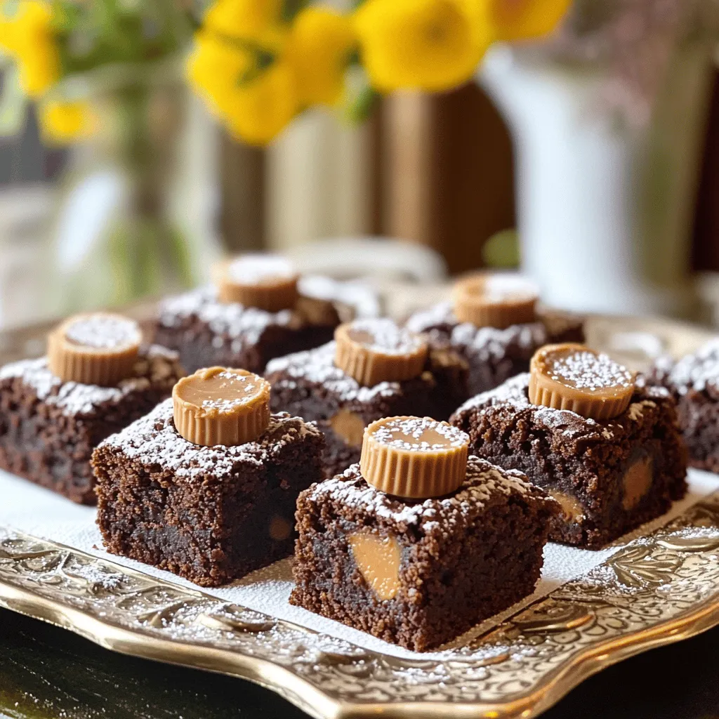 - 1 cup creamy peanut butter - 1/2 cup unsweetened cocoa powder - 1/2 cup honey or maple syrup - 2 large eggs - 1/4 teaspoon salt - 1/2 teaspoon vanilla extract - 1/2 cup mini chocolate chips - 12 mini peanut butter cups, halved For this recipe, you can swap honey for maple syrup if you prefer. Both options add sweetness but give a different taste. You can also try crunchy peanut butter for more texture. This gives your brownie bites a nice crunch. If you want to reduce sugar, use a sugar-free sweetener that works for baking. When choosing peanut butter, I love using brands like Jif or Skippy. They offer a smooth texture that blends well. For cocoa powder, Hershey’s is a great choice for rich flavor. I recommend Ghirardelli for chocolate chips. Their mini chips melt perfectly and add a delightful taste. Start by preheating your oven to 350°F (175°C). This step is key to baking. Next, grab a mini muffin tin. Line each cup with paper liners. This makes it easier to remove the bites later. You want to ensure each bite stays intact when you serve them. In a large bowl, combine the creamy peanut butter and unsweetened cocoa powder. Add honey or maple syrup, along with the eggs, salt, and vanilla extract. Stir until you have a smooth batter. This mix is rich and full of flavor. Now, gently fold in the mini chocolate chips. They add a nice surprise in every bite. Scoop the batter into the lined muffin tins. Fill each cup halfway. This allows space for the peanut butter cups. Place half a mini peanut butter cup on top of each brownie. Press it down slightly into the batter. Bake in the oven for 12-15 minutes. The edges should look set. Use a toothpick to check the center. If it comes out clean, they’re ready! Let the bites cool in the tin for about 5 minutes. Then, move them to a wire rack to cool completely. Baking time is key for great brownie bites. I bake mine for 12 to 15 minutes. Check them at 12 minutes. The edges should look set. A toothpick should come out clean but not dry. If it comes out with wet batter, they need more time. Remember, they will firm up as they cool. One common mistake is over-mixing the batter. This can lead to tough brownie bites. Mix just until smooth. Another mistake is not using the right oven temperature. Always preheat your oven. Using a hot oven gives the best rise and texture. Also, don’t skip the paper liners. They help with easy removal. To ensure the perfect brownie bite, focus on the peanut butter cups. Press them in gently, but do not sink them all the way down. This keeps the chocolate warm and melty. Use good quality cocoa powder for rich flavor. Lastly, let them cool properly before you dig in. This helps them set and taste amazing! {{image_2}} You can switch up the flavor by using different types of peanut butter cups. Try dark chocolate, white chocolate, or even flavored cups like caramel or mint. Each type brings a unique taste to your brownie bites. If you use dark chocolate cups, the treats become rich and deep. For a fun twist, mix and match flavors for an exciting surprise in every bite. You can use different sweeteners to change the taste and health profile. Instead of honey, try agave or coconut sugar. These options can give a different flavor and sweetness. If you want a thicker batter, add a bit of almond flour or oat flour. This change helps create a chewier texture. Always remember to adjust the amount based on the sweetness level you prefer. Mix-ins can enhance your brownie bites. Consider adding chopped nuts, dried fruit, or even coconut flakes. Each addition will bring new flavors and textures. For a chocolate lover's dream, toss in more chocolate chips or chunks. If you want a fruity touch, add fresh berries or banana slices. Get creative with your mix-ins and make these treats your own! To keep your peanut butter cup brownie bites fresh, store them in an airtight container. Place parchment paper between layers to prevent sticking. Keep the container in a cool, dry place. This helps keep the bites soft and tasty. If you live in a warm area, consider refrigerating them to maintain freshness. Freezing is a great way to save your treats. First, let the brownie bites cool completely. Then, place them on a baking sheet in a single layer. Freeze them for about two hours. Once frozen, transfer them to a freezer bag. Seal it tightly, removing as much air as possible. They can stay frozen for up to three months. These brownie bites last for about a week at room temperature. If stored in the fridge, they can last up to two weeks. To reheat, place them in the microwave for about 10 seconds. This will make them warm and gooey again. For a crispy edge, pop them in the oven at 350°F for a few minutes. Enjoy them warm for the best taste! Yes, you can use crunchy peanut butter. It adds a nice texture. The bites will have little nutty bits that make them fun. Just remember, it may change the creaminess a bit. I love the mix of flavors you get with crunchy peanut butter. Check the edges of the brownie bites. They should look set but not dry. Insert a toothpick into the center. If it comes out clean or with a few moist crumbs, they are ready. Keep an eye on the time. They usually take 12 to 15 minutes. These brownie bites shine on their own. You can serve them with whipped cream for a light touch. A drizzle of melted chocolate adds extra joy. For a fun twist, try pairing them with vanilla ice cream. It really makes this treat special! You learned how to make delicious peanut butter cup brownie bites. We covered the key ingredients, measurement tips, and suggested brands. I shared step-by-step instructions to prep, mix, and bake. We also discussed storage methods and answered common questions. Remember to avoid common mistakes for perfect bites. Feel free to try different flavors and mix-ins. Enjoy baking these treats, and share them with friends!