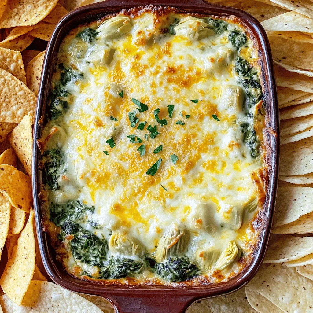 - 1 cup frozen spinach, thawed and drained - 1 cup canned artichoke hearts, drained and chopped - 1 cup cream cheese, softened - 1/2 cup sour cream - 1 cup mayonnaise - 1 cup shredded mozzarella cheese - 1/2 cup grated Parmesan cheese - 2 cloves garlic, minced - 1 teaspoon onion powder - 1 teaspoon black pepper - 1/2 teaspoon crushed red pepper flakes (optional for heat) - Salt to taste Each ingredient plays a big role in making this dip yummy. - Spinach: It gives the dip a nice green color and adds nutrients. - Artichoke Hearts: They bring a unique flavor and a bit of texture. - Cream Cheese: This makes the base creamy and rich. - Sour Cream and Mayonnaise: Both add tanginess and creaminess. - Mozzarella Cheese: It melts well and gives that gooey texture. - Parmesan Cheese: This adds a sharp flavor and a slight crunch when baked. - Garlic: This adds a punch of flavor that makes the dip stand out. - Onion Powder and Black Pepper: These spices enhance the overall taste. - Crushed Red Pepper Flakes: These are optional but add a nice kick if you like heat. I have some favorite brands that work well in this dip. - For Cream Cheese: Philadelphia is a classic choice. - For Mayonnaise: Hellmann's or Duke's both taste great. - For Mozzarella: Use fresh or shredded, like Sargento or Kraft. - For Spinach: Any frozen brand works, just be sure it’s chopped. You can also mix it up! Try adding cooked bacon for a smoky taste or swap some cream cheese for Greek yogurt for a lighter dip. 1. Preheat your oven to 350°F (175°C). 2. In a large bowl, mix the softened cream cheese, sour cream, and mayonnaise until smooth. A hand mixer works great here! 3. Stir in the minced garlic, onion powder, black pepper, and optional crushed red pepper flakes. Mix well to blend the flavors. 4. Fold in the chopped spinach and artichoke hearts. Make sure they’re evenly mixed throughout the dip. 5. Add the mozzarella and Parmesan cheeses. Combine everything until it blends well. 6. Transfer the dip into an oven-safe baking dish. Spread it out evenly for even baking. 7. Bake in the preheated oven for 25 to 30 minutes. Look for a bubbly and golden top. 8. Once done, remove from the oven and let it cool for a few minutes before serving. - Make sure your cream cheese is really soft. This helps create a smooth dip. - Avoid overmixing after adding the spinach and artichokes. This keeps some texture in the dip. - If you want a creamier dip, add a bit more sour cream or mayonnaise. Adjust to your taste. These tips and steps will help you make a cheesy spinach artichoke dip that everyone loves! When making cheesy spinach artichoke dip, avoid overcooking it. This can make the dip dry. Also, make sure to drain the spinach and artichokes well. Excess water can make your dip too runny. If you skip the garlic, it may taste bland. Don’t forget the seasoning! Use salt and pepper to enhance the flavor. You can make this dip ahead of time. Prepare it and store it in the fridge for up to two days. Just bake it when you’re ready. For freezing, place the dip in an airtight container. It can last for up to three months. Thaw it in the fridge overnight before baking. Use a large mixing bowl for combining ingredients. A hand mixer works well to blend the cream cheese and sour cream. For baking, an oven-safe dish is best. I recommend a glass or ceramic dish. A spatula helps in mixing and transferring the dip. Don’t forget measuring cups for accuracy! {{image_2}} To add some heat, try making a spicy version. Start by adding 1 teaspoon of crushed red pepper flakes to the mix. You can increase this for more heat. For an extra kick, add a dash of hot sauce. This will give your dip a nice warmth. It pairs well with chips or veggies. Who doesn’t love bacon? For a smoky twist, add 1 cup of cooked bacon bits. Stir them in right before you fold in the cheeses. The salty crunch of bacon complements the creamy dip perfectly. Serve this with some toasted bread for a real treat. Want a lighter dip? You can swap a few ingredients. Use Greek yogurt instead of sour cream for extra protein. Consider low-fat cream cheese for a lower calorie option. You can also use fresh spinach instead of frozen. Just make sure to chop and wilt it first. These swaps keep the flavor while cutting down on fat. After enjoying your cheesy spinach artichoke dip, store any leftovers properly. Place the dip in an airtight container. Make sure it is cool before sealing. This helps keep it fresh. Store it in the fridge for up to three days. If you want to save it longer, consider freezing. To reheat your dip, you can use the oven or microwave. If using the oven, set it to 350°F (175°C). Transfer the dip to an oven-safe dish. Cover it with foil to keep it moist. Heat for about 15-20 minutes until warm. If using the microwave, heat in 30-second intervals. Stir between each interval until warm. Cheesy spinach artichoke dip lasts three days in the fridge. If you freeze it, it can last up to two months. To freeze, place the dip in a freezer-safe container. Leave some space for expansion. When ready to use, thaw it overnight in the fridge. Reheat as needed for the best taste. Yes, you can use fresh spinach. Just wash and chop it first. I suggest using about 2 cups of fresh spinach. Cook it in a pan until it wilts, then drain and squeeze out the water. This will help keep your dip from getting too watery. If you want a mayo swap, try Greek yogurt or sour cream. Both give a nice creaminess. You can mix half of each for a great taste. This swap can make your dip a bit lighter while still being rich and tasty. To get a creamier dip, use softened cream cheese. Blend it well with the sour cream and mayonnaise. If you want extra creaminess, add a bit more sour cream or cream cheese. Mixing with a hand mixer helps too. Yes, you can make this dip ahead of time. Just mix all the ingredients and place them in a baking dish. Cover it and store it in the fridge. When you're ready, bake it straight from the fridge. Just add a few extra minutes to the baking time. This article covered everything you need for the perfect spinach artichoke dip. We explored essential ingredients, detailed instructions, and tips to avoid common mistakes. Plus, we shared fun variations and storage info for leftovers. With these steps, you can make a tasty dip that impresses family and friends. Now, get cooking and enjoy a dip that will be a hit at any gathering!