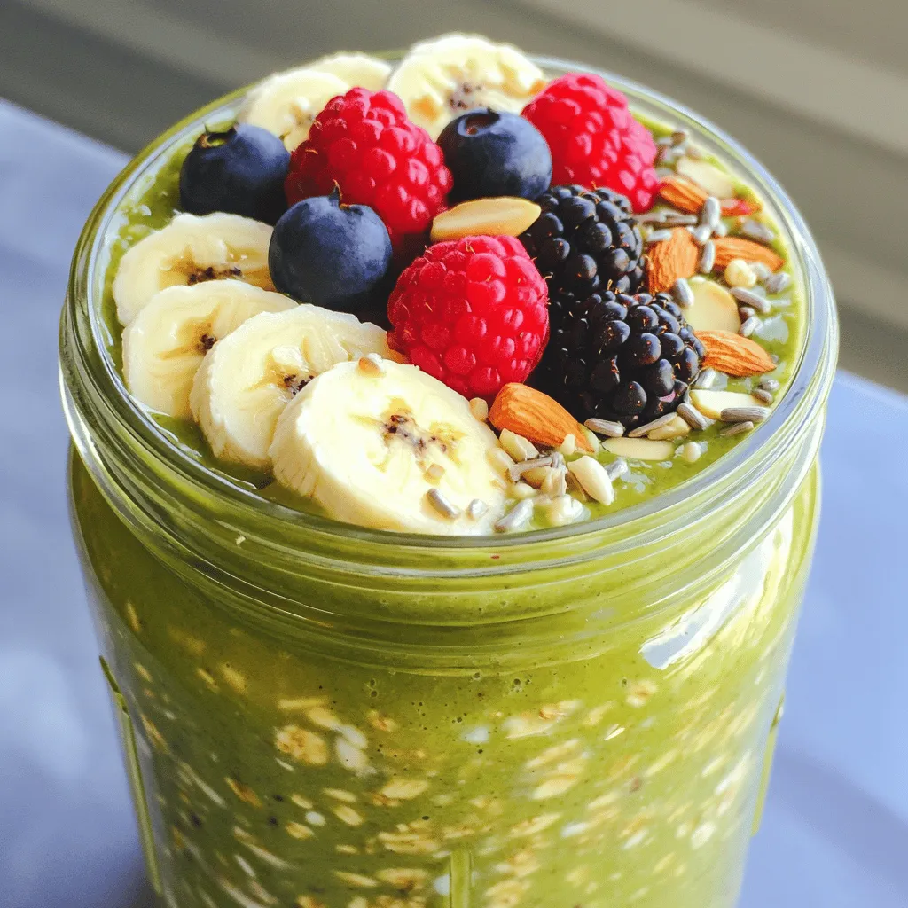 To make the High-Protein Matcha Overnight Oats, you need the following ingredients: - 1 cup rolled oats - 1 cup unsweetened almond milk (or any milk of choice) - 1 tablespoon matcha green tea powder - 1 tablespoon chia seeds - 1 scoop vanilla protein powder (plant-based or whey) - 1 tablespoon honey or maple syrup (optional) - 1/2 teaspoon vanilla extract - Fresh fruits for topping (like sliced bananas or berries) - Nuts or seeds for garnish (such as almonds or sunflower seeds) Each ingredient plays a role. The rolled oats give a great base. Almond milk adds creaminess. Matcha packs in flavor and health. Chia seeds help thicken the mix and add fiber. The protein powder boosts nutrition. Honey or maple syrup sweetens the oats, while vanilla extract adds depth. Fresh fruits and nuts make the dish colorful and tasty. You can mix and match toppings based on your favorites. This recipe is perfect for anyone looking to start their day with energy and flavor. Start by taking a large mixing bowl. Add 1 cup of rolled oats. Next, toss in 1 tablespoon of chia seeds. Then, add 1 tablespoon of matcha green tea powder. Finally, scoop in 1 scoop of vanilla protein powder. Stir well to blend the dry ingredients evenly. In another bowl, pour in 1 cup of unsweetened almond milk. If you want sweetness, add 1 tablespoon of honey or maple syrup. Then, add 1/2 teaspoon of vanilla extract. Whisk these together until the mixture is smooth. Now, take your wet mixture and pour it into the bowl with the dry ingredients. Stir everything together well. Once mixed, divide the oats into jars or containers. Seal them tightly and place them in the fridge. Let them chill overnight, or for at least 4 hours. This allows the oats to soak up the liquid and thicken. When it’s time to eat, stir the oats again. Top them with fresh fruits like bananas or berries and a sprinkle of nuts or seeds. Enjoy your nutritious breakfast! To make your overnight oats just right, you can change the sweetness. If you like things sweeter, add more honey or syrup. You can also use ripe fruits for natural sweetness. If you want less sugar, skip the sweetener. Adjust it to your taste. Milk choice matters too. I love unsweetened almond milk, but any milk works. Try oat milk for a creamier texture or coconut milk for a tropical twist. Each type gives a new flavor to your oats. Layering in mason jars makes your oats look great. Start with oats at the bottom, then add fruits or nuts on top. This creates a colorful, eye-catching treat. You can even add a sprinkle of matcha on top for a pop of green. It’s a nice way to impress friends or family. For a nutrition boost, add superfoods or nuts. Chia seeds are fantastic for fiber and protein. You can also sprinkle some nuts like almonds or walnuts. They add crunch and healthy fats. Want more flavor? Consider adding a spoonful of nut butter or hemp seeds. These small changes can make your breakfast even better. {{image_2}} You can easily switch up the flavor of your high-protein matcha overnight oats. Here are two fun ideas: - Chocolate Matcha Overnight Oats: Add 1 tablespoon of cocoa powder to the dry mix. This gives a rich taste that pairs well with matcha. The chocolate adds a nice twist without overpowering the green tea flavor. - Berry-Infused Variation: Mix in 1/2 cup of your favorite berries, like strawberries or blueberries, into the oats. You can also blend the berries into the wet mix for a fruity flavor throughout. This not only adds taste but also boosts vitamins and antioxidants. You can easily adapt this recipe to fit your diet: - Vegan: Use plant-based protein powder and replace honey with maple syrup. This keeps it sweet and vegan-friendly. - Gluten-Free: Ensure your oats are certified gluten-free. This way, you can enjoy your breakfast without worry. - Nut-Free: Use oat milk or coconut milk instead of almond milk. This keeps your oats safe for those with nut allergies. Toppings can change the whole meal. Here are some fun ideas to try: - Different Fruits: Sliced bananas, diced apples, or kiwi can add nice flavors. Fresh fruits not only taste great but also add texture. - Nuts or Seeds: Almonds, walnuts, or sunflower seeds add crunch. They also provide healthy fats and protein. - Yogurt: A dollop of yogurt on top adds creaminess. Greek yogurt can increase the protein even more. These variations make your high-protein matcha overnight oats exciting and enjoyable every day! To keep your high-protein matcha overnight oats fresh, use glass jars or meal prep containers. Glass jars work well because they do not absorb smells. Make sure the jars have tight lids to prevent leaks. If you use plastic containers, choose BPA-free options for safety. You can store these overnight oats in the fridge for up to five days. The oats will soak up the liquid and become thicker over time. If you notice any change in smell or color, it’s best to toss them. Always check before you eat! If you want to save your oats for later, freezing is a great option. Divide the oats into single servings in freezer-safe containers. You can freeze them for up to three months. When you’re ready to eat, transfer the oats to the fridge to thaw overnight. If you want a quicker option, use the microwave. Just heat them in short bursts, stirring in between. Matcha is a type of green tea. It is full of antioxidants. These antioxidants can help fight free radicals in your body. Matcha may boost your metabolism, which can help with weight loss. It can also improve focus and energy. Matcha contains a special amino acid called L-theanine. This can promote calmness without causing drowsiness. Drinking matcha may lower cholesterol and support heart health. Overall, matcha is a great addition to your diet for its many health benefits. Yes, you can make these oats ahead of time. In fact, making them the night before is best. This allows the oats to soak and become creamy. You can store them in jars or containers with lids. Keep them in the fridge for up to three days. This makes breakfast easy and quick. Just grab a jar, stir, and enjoy it in the morning. You can even top them with fruits or nuts just before eating for freshness. You can easily change this recipe to fit your needs. For a vegan option, use plant-based protein powder. Replace honey with maple syrup for sweetness. If you need a gluten-free option, choose certified gluten-free oats. You can also switch almond milk with any milk you prefer, like soy or oat milk. Feel free to add your choice of fruits and nuts. This way, you can enjoy your high-protein matcha overnight oats while sticking to your diet. You learned how to make delicious overnight oats with matcha. I shared key ingredients and steps. You can adjust flavors to suit your taste. Try layering them in jars for a fun look. These oats are easy to store and great for meal prep. Remember, matcha offers many health benefits. Enjoy creating your own tasty versions and share them with friends. Overnight oats can be a quick, healthy breakfast for everyone. Get started today and discover your favorites!