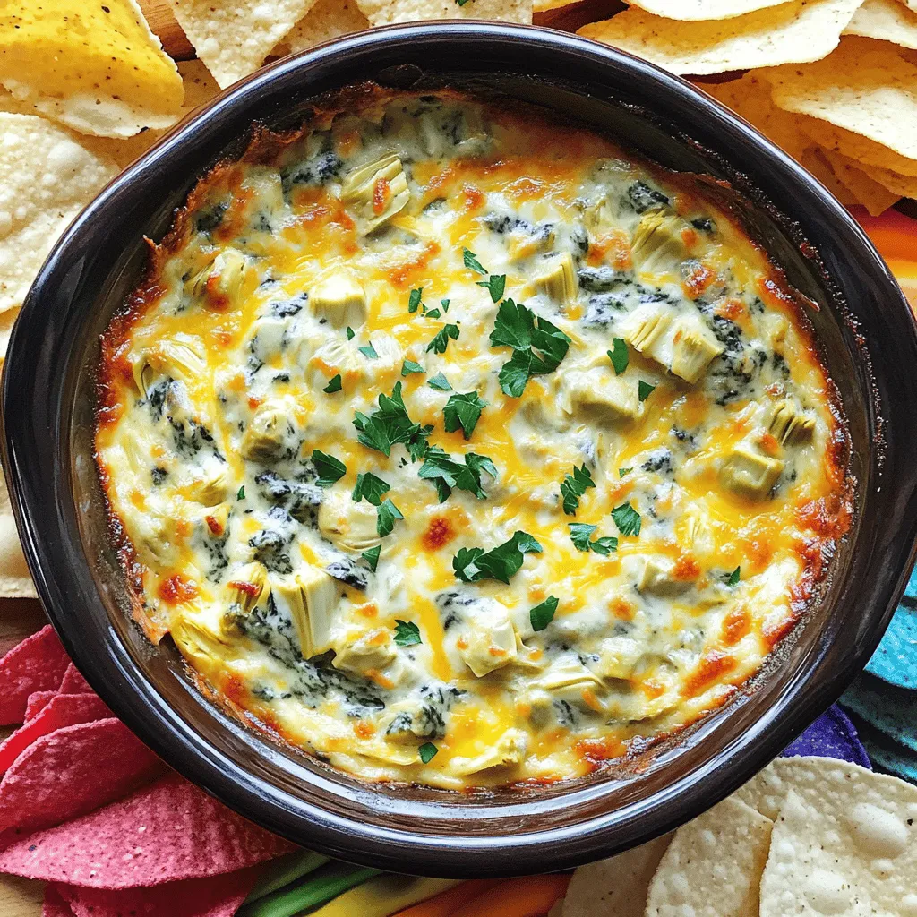 - 1 can (14 ounces) artichoke hearts, drained and chopped - 1 cup frozen spinach, thawed and excess water squeezed out - 1 cup cream cheese, softened - 1/2 cup sour cream - 1/2 cup mayonnaise - 1 cup grated Parmesan cheese - 1 cup shredded mozzarella cheese These main ingredients form the heart of your creamy spinach artichoke dip. The artichoke hearts offer a unique taste and texture. The frozen spinach brings color and nutrients. Cream cheese, sour cream, and mayonnaise create a rich and creamy base. The blend of Parmesan and mozzarella adds depth and a wonderful cheesy flavor. - 2 cloves garlic, minced - 1/2 teaspoon onion powder - 1/2 teaspoon salt - 1/4 teaspoon black pepper - Optional: Red pepper flakes for a hint of heat Seasoning is key to making this dip pop. Garlic adds a strong flavor and aroma. Onion powder gives it a bit of sweetness. Salt and black pepper balance the flavors. If you like spice, sprinkle in some red pepper flakes. This little kick makes the dip even better! Adjust the spices to fit your taste. First, you need to gather all your ingredients. Here’s what you need: - 1 can (14 ounces) artichoke hearts, drained and chopped - 1 cup frozen spinach, thawed and excess water squeezed out - 1 cup cream cheese, softened - 1/2 cup sour cream - 1/2 cup mayonnaise - 1 cup grated Parmesan cheese - 1 cup shredded mozzarella cheese - 2 cloves garlic, minced - 1/2 teaspoon onion powder - 1/2 teaspoon salt - 1/4 teaspoon black pepper - Optional: Red pepper flakes for a hint of heat In a large bowl, combine the chopped artichoke hearts and thawed spinach. Add the cream cheese, sour cream, and mayonnaise. Mix everything until smooth. This creamy base is the heart of our dip. Next, stir in the grated Parmesan cheese and shredded mozzarella cheese. Add minced garlic, onion powder, salt, and black pepper. If you like some spice, now’s the time to add red pepper flakes. This step adds flavor and depth to your dip. Now, transfer your mixture into the slow cooker. Spread it evenly across the bottom. Cover the cooker and set it to low. Cook for 2 to 2.5 hours. This allows the cheeses to melt and flavors to blend. Make sure to stir the dip halfway through. This helps the dip cook evenly. If you notice that the dip is getting too hot, you can adjust the slow cooker settings. Once your dip is ready, it’s time to serve! Scoop it out while it's warm. You can serve it right from the slow cooker. This keeps the dip hot and tasty. For dippers, you have many choices. Tortilla chips are a classic option. Sliced baguette works well too. Fresh vegetable sticks like carrots or celery add a nice crunch. Feel free to mix and match your dippers to please everyone. Enjoy your creamy spinach artichoke dip! To get the best creaminess in your dip, adjust the cheese ratios. You can use more cream cheese for a thicker dip or add more sour cream for a lighter texture. Mixing well is key. It ensures that all ingredients blend nicely. This step makes each bite smooth and rich. Cooking time may change based on your slow cooker. Some cook faster than others. I recommend checking the dip after two hours. If it’s not hot yet, give it a little more time. Be careful not to overheat the dip, as this can make it grainy. Stir halfway through cooking for even heat. Garnishing adds visual appeal. A sprinkle of fresh parsley or extra cheese on top looks great. Serve the dip in the slow cooker for warmth. Surround it with colorful dippers like tortilla chips or sliced veggies. This makes the dish inviting and fun for everyone. {{image_2}} You can easily change ingredients to suit your taste. Use different cheeses for a unique flavor. Try goat cheese for tanginess or cheddar for a sharper bite. You can also swap out the creamy base. Replace cream cheese with Greek yogurt for a lighter dip. Adding veggies can give a nice twist. Consider mixing in roasted red peppers or chopped broccoli. These will add color and nutrition. You can even use artichoke hearts in various forms—marinated or grilled—for more depth. To make your dip truly special, play with spices and herbs. Add some garlic powder for extra zing or fresh parsley for brightness. A sprinkle of cayenne pepper can bring heat. If you want to make the dip heartier, include protein. Chopped cooked chicken or crispy bacon can make it more filling. This not only boosts flavor but also adds a satisfying texture. After enjoying your creamy spinach artichoke dip, store any leftovers in an airtight container. Make sure the dip cools to room temperature first. Place the container in the fridge. It can last 3 to 5 days. When you want to enjoy it again, simply reheat in the microwave or slow cooker. For the microwave, heat in short bursts, stirring in between. In the slow cooker, set it on low until warm. If you want to keep it longer, freeze the dip. Use a freezer-safe container, leaving some space for expansion. It will stay fresh for about 2 to 3 months in the freezer. To reheat, let it thaw in the fridge overnight. Then, warm in the microwave or slow cooker, stirring often to keep it creamy. The dip remains fresh for 3 to 5 days in the fridge. Keep it sealed well to prevent it from drying out or absorbing other smells. If frozen, it can last up to 3 months. After this time, the taste may change, but it should still be safe to eat. Always check for any off smells or changes in texture before enjoying it again. Yes, you can prepare this dip in advance. Mix all the ingredients and store them in the fridge. You can do this a day before your event. When you’re ready to serve, just place the mixture in the slow cooker. Cook it on low for about two to two and a half hours. This method keeps the flavors fresh and rich. Yes, you can bake this dip in the oven. Preheat your oven to 350°F (175°C). In an oven-safe dish, combine all the dip ingredients as you would for the slow cooker. Bake for 25 to 30 minutes, or until the dip is hot and bubbly. Stir it halfway through for even cooking. This method gives the dip a nice golden top. You have many fun options for dippers. Try sliced baguette, fresh veggies like carrots and bell peppers, or pretzels. Pita chips are another great choice. Each option adds a unique taste and texture, enhancing your dip experience. Feel free to mix and match to find your favorite combo! This article detailed how to make a delicious spinach and artichoke dip. We covered main ingredients like artichoke hearts, spinach, and cheese. I shared step-by-step instructions and helpful tips for perfecting the texture. You can even explore fun variations, storage tips, and answers to common questions. This dip is great for gatherings or family nights. Enjoy creating your own version and impressing your guests!