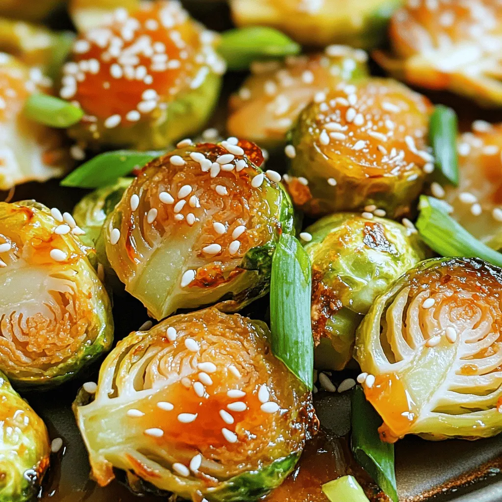 - 1 pound Brussels sprouts, halved - 2 tablespoons olive oil - 3 tablespoons honey - 2 tablespoons Sriracha sauce - 1 tablespoon soy sauce - 1 teaspoon garlic powder - Salt and pepper to taste - 2 tablespoons sesame seeds (for garnish) - 2 green onions, sliced (for garnish) Brussels sprouts are the star of this dish. I love using fresh, halved Brussels sprouts. They have a slight sweetness and a nice texture. Olive oil helps them roast well, making them crispy. Honey adds sweetness and flavor. Sriracha gives the sprouts a spicy kick. Soy sauce adds depth to the overall taste. Garlic powder brings in that lovely garlic flavor. You can adjust salt and pepper based on your taste. Sesame seeds and green onions are for garnish, adding crunch and color. Gather these ingredients, and you're ready to create a delicious dish! - Preheat the oven to 425°F (220°C). - Line a baking sheet with parchment paper. This helps with easy cleanup. - In a large bowl, combine the halved Brussels sprouts with olive oil. - Make sure each sprout is coated well. This helps them roast nicely. - In a small bowl, whisk together honey, Sriracha sauce, soy sauce, garlic powder, salt, and pepper until smooth. This mixture gives great flavor. - Pour the honey Sriracha mixture over the Brussels sprouts. Toss them to coat evenly. - Spread the Brussels sprouts in a single layer on the prepared baking sheet. - Bake for 20-25 minutes until golden brown and crispy. Toss halfway through for even cooking. This ensures all sides get that perfect crunch. To get crispy Brussels sprouts, you need the right oven temperature. Preheat your oven to 425°F (220°C). This heat helps the sprouts brown nicely. If the oven is not hot enough, they may turn out soggy. Spacing on the baking sheet matters, too. Spread the Brussels sprouts in a single layer. If they touch each other, they will steam instead of roast. This means less crispiness. Give them room to breathe for the best results. Adjusting the spice level can make a big difference. If you like it hot, add more Sriracha. If you prefer it mild, use less. You control the heat! You can also think about extra seasonings. Try adding smoked paprika for a deep flavor. A sprinkle of cumin can give it a warm touch. Experiment with what you enjoy. This recipe is a great base for your own twist! {{image_2}} If you want to change up the recipe, consider these options. You can use maple syrup instead of honey. This swap gives a nice sweet flavor. You could also try agave nectar for a different taste. For soy sauce, you can choose low-sodium soy sauce. This option makes the dish healthier and less salty. Coconut aminos is another great substitute. It adds a slight sweetness and works well here. To make your Brussels sprouts even better, think about adding nuts or seeds. Chopped walnuts give a nice crunch. You can also add sunflower seeds for a different texture. You can also mix in other vegetables. Try adding bell peppers or carrots for color and flavor. They roast well and blend nicely with the Brussels sprouts. Adding these can make your dish more colorful and flavorful. To store leftover Honey Sriracha Brussels sprouts, place them in an airtight container. Make sure to cool them down first. Store in the fridge for up to three days. This keeps them fresh and tasty. For reheating, I suggest using the oven. Preheat it to 350°F (175°C). Spread the sprouts on a baking sheet. Heat for about 10-15 minutes. This helps them regain their crispiness. You can also use a microwave. Just heat for 1-2 minutes. But they might not stay crispy. If you want to freeze Honey Sriracha Brussels sprouts, cool them completely first. Spread them out on a baking sheet. Freeze them for about an hour. This prevents them from sticking together. After they freeze, transfer them to a freezer-safe bag. Be sure to remove as much air as possible. They can last for up to three months in the freezer. When you're ready to eat, thaw them in the fridge overnight. To reheat, use your oven at 350°F (175°C) again. Bake for 15-20 minutes, until they are hot. You can also reheat them in a skillet over medium heat. Just add a splash of oil to keep them from sticking. What can I serve with Honey Sriracha Brussels Sprouts? You can serve these Brussels sprouts with many dishes. They pair well with grilled chicken, fish, or tofu. You can also serve them with rice or quinoa for a complete meal. They make a great side for holiday dinners too. Can I make this recipe ahead of time? Yes, you can prepare the Brussels sprouts ahead of time. You can coat them with the sauce and store them in the fridge for up to one day. Just bake them when you're ready to eat. This will save you time on busy days. Are Brussels sprouts healthy? What are their benefits? Brussels sprouts are very healthy. They are low in calories and high in fiber. They also have vitamins C and K, which help your immune system. Eating Brussels sprouts may promote heart health and help with digestion. You learned how to make Honey Sriracha Brussels sprouts. We discussed key ingredients, from Brussels sprouts to honey and Sriracha. I provided step-by-step instructions for preparation and baking. Tips helped ensure crispy sprouts and flavor. Variations let you customize the recipe with new ingredients. Finally, storage info showed how to keep leftovers fresh. These sprouts are tasty and simple to make. Enjoy this recipe with your family.